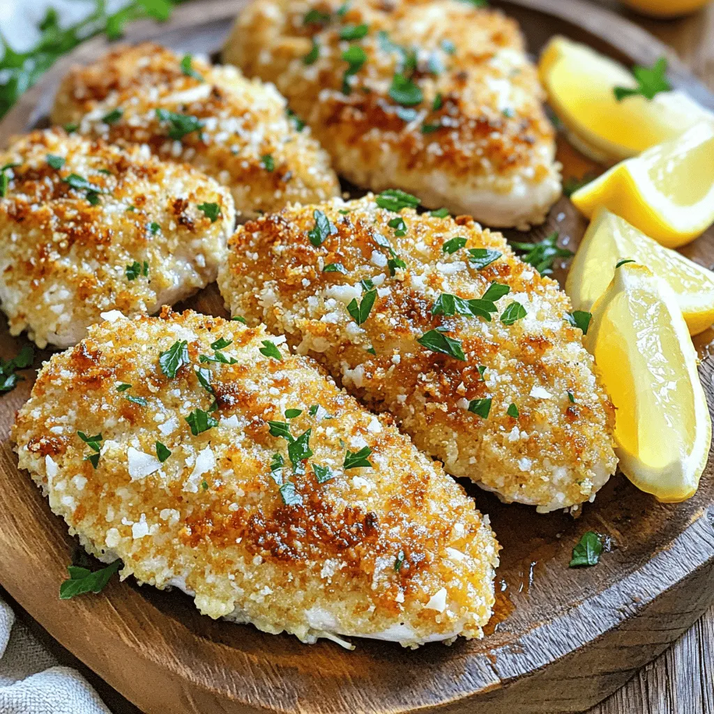 - 4 boneless, skinless chicken breasts - 1 cup finely grated Parmesan cheese - 1 cup panko breadcrumbs - 2 teaspoons garlic powder - 1 teaspoon dried Italian herb blend - Salt and pepper to taste - 2 large eggs - 1 tablespoon Dijon mustard - 2 tablespoons extra virgin olive oil Using these simple ingredients, you create a dish that is both tasty and easy. The chicken stays juicy while the coating gives a satisfying crunch. Each ingredient plays a key role. The Parmesan cheese adds a rich, nutty taste. The panko breadcrumbs ensure a crispy texture. Garlic powder and Italian herbs bring delightful flavors to every bite. The eggs and Dijon mustard act as binding agents. They help the coating stick to the chicken. This keeps it from falling off during cooking. Salt and pepper add basic seasoning that enhances the dish without overpowering it. This recipe is flexible too. Feel free to swap out seasonings to match your taste. You can also explore different cheese blends or breadcrumbs. For a detailed guide, check the Full Recipe. - Preheat the oven to 400°F (200°C). - Line a baking sheet with parchment paper for easier cleanup. - In a shallow bowl, whisk together 2 large eggs and 1 tablespoon of Dijon mustard until smooth. - In a separate bowl, combine: - 1 cup finely grated Parmesan cheese - 1 cup panko breadcrumbs - 2 teaspoons garlic powder - 1 teaspoon dried Italian herb blend - Salt and freshly cracked black pepper, to taste. Mix these well. - Take each chicken breast and dip it into the egg mixture. Make sure it is fully coated. - Then, dredge the chicken in the breadcrumb mixture. Press gently to help it stick well. - Arrange the coated chicken breasts on the baking sheet in a single layer. - Drizzle with 2 tablespoons of extra virgin olive oil. This helps get a crispy crust. - Place the baking sheet in the oven and bake for 25-30 minutes. The chicken is done when juices run clear and the crust is golden brown. - After baking, remove the chicken from the oven and let it rest for 5 minutes. This helps keep the juices inside. - Garnish with freshly chopped parsley before serving. For the full recipe, refer back to the earlier section. Enjoy your delicious Parmesan Crusted Chicken! To get the perfect crispy crust, use panko breadcrumbs. They are lighter and crunchier than regular breadcrumbs. Here are some tips to maximize that crunch: - Mix the panko with finely grated Parmesan cheese. - Add a bit of olive oil to the breadcrumb mix. This helps it crisp up in the oven. - Press the breadcrumbs firmly onto the chicken. This ensures they stick well during baking. You want your chicken to be juicy and tender. Here’s how to achieve that: - Bake the chicken at 400°F (200°C) for 25-30 minutes. - Check for doneness by cutting into the thickest part. The juices should run clear. - If you have a meat thermometer, aim for an internal temperature of 165°F (74°C) for safety. To kick up the flavor, consider adding herbs or spices. Here are some ideas: - Mix in dried rosemary or thyme with your breadcrumbs. - Try adding a pinch of cayenne pepper for heat. - For a fresh taste, sprinkle lemon zest on top before serving. These simple tips will help you master Parmesan crusted chicken every time. For the full recipe, check the link included in this article. Enjoy your cooking! {{image_4}} You can switch up the cheese for new flavors. Mozzarella melts well and adds creaminess. Cheddar gives a sharp taste that many love. You might also try gouda for a smoky twist. The options are endless, so feel free to experiment until you find your favorite! If you need a gluten-free option, don't worry! You can use gluten-free breadcrumbs instead of regular ones. Look for brands that offer a good crunch. Almond flour is another great option. It adds a nice nutty flavor and still keeps the chicken crispy. Want to change the flavor of your chicken? Add lemon zest to the egg mixture for a bright touch. You can also mix in some smoked paprika or cayenne pepper for a kick. Fresh herbs like thyme or rosemary can enhance the taste too. Experiment and find the flavor you love most! To keep your Parmesan crusted chicken fresh, refrigerate leftovers. Place the chicken in an airtight container. This helps to keep moisture in and prevents drying out. Make sure to store it within two hours of cooking. To freeze Parmesan crusted chicken, wrap each piece tightly in plastic wrap. Then, place them in a freezer bag or container. This helps avoid freezer burn. When you're ready to eat, thaw it overnight in the fridge. Reheat in the oven at 350°F (175°C) until warmed through. This keeps the crust crispy. Cooked Parmesan crusted chicken lasts about 3 to 4 days in the fridge. Always check for signs of spoilage, like a strange smell or color change. If you notice anything off, it's best to toss it out. Enjoy your meal safely! To check if your chicken is done, look for clear juices. You can also use a meat thermometer. The chicken should reach an internal temperature of 165°F (75°C). This ensures it is safe to eat. If you slice into the chicken, the meat should be white, not pink. This means the chicken is cooked perfectly. Yes, you can use chicken thighs! Thighs have a richer flavor and stay moist. However, they may take longer to cook. Bake them for about 30-35 minutes. Always check the internal temperature to ensure they reach 165°F (75°C). Adjust your time based on thickness. Parmesan Crusted Chicken goes well with many sides. Here are some great options: - Steamed broccoli - Roasted carrots - Mixed green salad - Garlic mashed potatoes - Quinoa with herbs These sides complement the chicken's flavor and create a balanced meal. Parmesan Crusted Chicken can be part of a healthy diet. It has protein from chicken and calcium from cheese. To make it healthier, try these tips: - Use less cheese or a low-fat version. - Swap panko for whole grain breadcrumbs. - Serve with lots of veggies. This way, you keep the taste while making it lighter. For the complete recipe, check out the [Full Recipe]. It has all the steps, tips, and details you need to create this delicious dish! In this guide, we covered how to create delicious Parmesan Crusted Chicken. We explored key ingredients like chicken breasts, Parmesan cheese, and panko breadcrumbs. I shared step-by-step instructions for making a crispy crust and tips for juicy meat. You learned about flavor variations and storage methods too. Now, with these insights, you can prepare a tasty meal that delights. Enjoy cooking and experimenting with different flavors to make this dish your own!