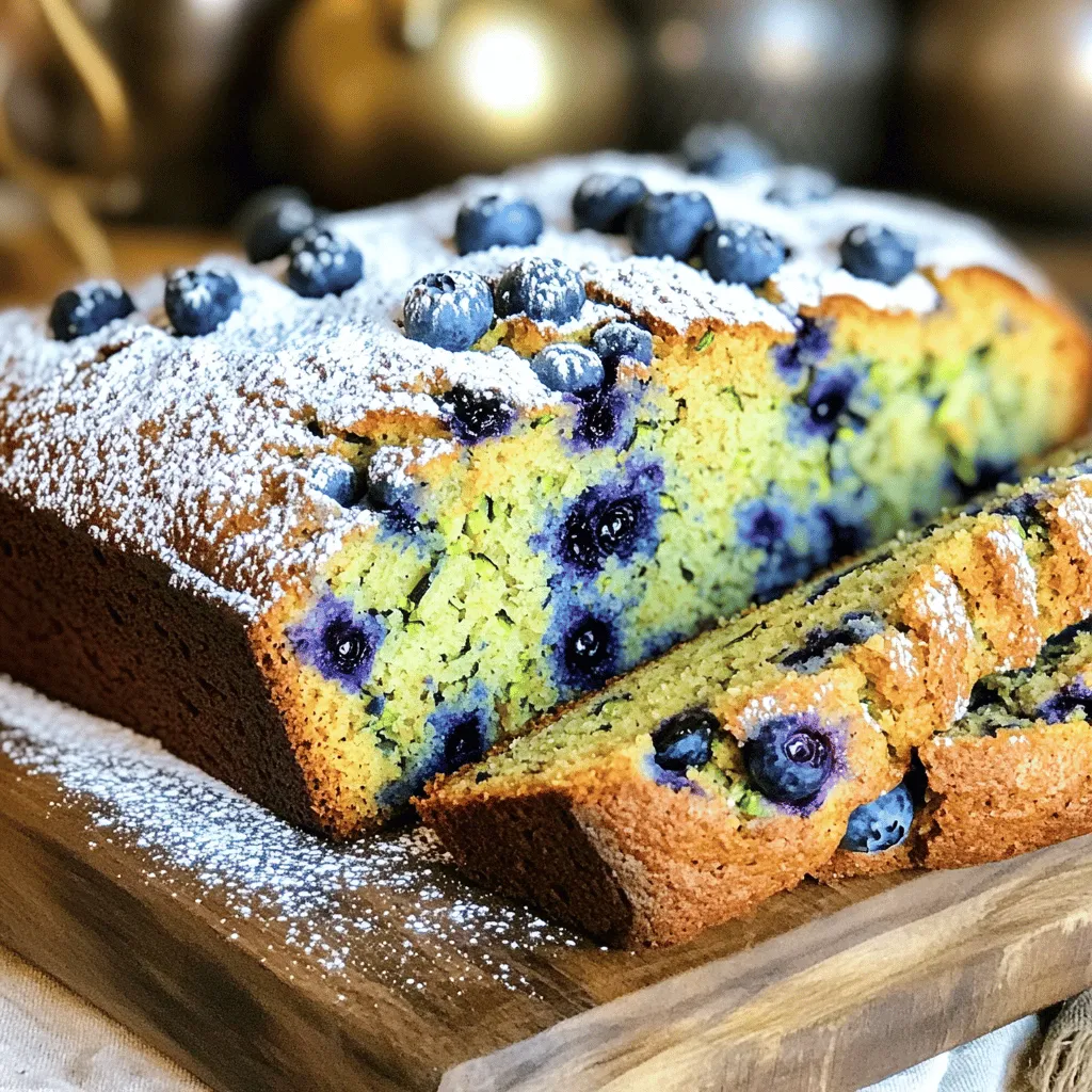 To make this tasty bread, you'll need: - 1 cup grated zucchini (from about 1 medium zucchini, moisture squeezed out) - 1 cup fresh blueberries (you can use frozen blueberries, thawed) - 1½ cups all-purpose flour - 1 teaspoon baking powder - ½ teaspoon baking soda - ½ teaspoon salt - 1 teaspoon ground cinnamon - ½ cup granulated sugar - ½ cup packed brown sugar - 2 large eggs - ½ cup vegetable oil (or melted coconut oil) - 1 teaspoon vanilla extract - Optional: ½ cup chopped walnuts or pecans for crunch When picking blueberries, look for bright, plump berries. They should be firm and free from blemishes. A good berry will have a nice deep blue color. Avoid those that are shriveled or moldy. For zucchini, choose ones that are firm and shiny. Avoid those with soft spots or wrinkles. Smaller zucchini tend to have better flavor and less water. Look for ones that feel heavy for their size. You can add some crunch with nuts. Walnuts or pecans work well. If you want a twist, try adding a teaspoon of lemon zest for freshness. For a dairy-free option, use almond milk instead of regular milk. You can also swap the vegetable oil for applesauce for a lighter bread. If you're gluten-free, use a 1:1 gluten-free flour blend. Check the package for the best results. For the full recipe, visit the [Full Recipe]. Start by gathering all your ingredients. You will need: - 1 cup grated zucchini - 1 cup fresh blueberries - 1½ cups all-purpose flour - 1 teaspoon baking powder - ½ teaspoon baking soda - ½ teaspoon salt - 1 teaspoon ground cinnamon - ½ cup granulated sugar - ½ cup packed brown sugar - 2 large eggs - ½ cup vegetable oil - 1 teaspoon vanilla extract - Optional: ½ cup chopped walnuts or pecans Make sure to squeeze out extra moisture from the zucchini. This helps keep the bread from getting soggy. 1. Preheat your oven to 350°F (175°C). Grease a 9x5-inch loaf pan or use parchment paper. 2. In a large bowl, mix the grated zucchini and blueberries. Add the sugars, eggs, oil, and vanilla. Stir until combined. 3. In another bowl, whisk the flour, baking powder, baking soda, salt, and cinnamon. 4. Slowly mix the dry ingredients into the wet mixture. Stir gently to avoid overmixing. A few lumps are okay. 5. If you want, fold in the nuts for a crunchy texture. 6. Pour the batter into the loaf pan. Use a spatula to smooth the top. 7. Bake for 50-60 minutes. Check doneness by inserting a toothpick into the center. It should come out clean. 8. Let the bread cool in the pan for 10 minutes, then transfer it to a wire rack to cool completely. To test if your blueberry zucchini bread is done, insert a toothpick into the center. If it comes out clean or with a few crumbs, it’s ready. If it has wet batter, bake for a few more minutes and check again. Enjoy this moist and flavorful delight as it fills your kitchen with a warm aroma. Mixing the batter well is key. Start with the wet ingredients. Stir until smooth. Then, add the dry mix slowly. Use a spatula to fold gently. Avoid overmixing; it can make the bread tough. A few lumps are okay. This keeps the bread light and fluffy. To keep your bread moist, squeeze out excess water from the zucchini. This step is crucial. Use fresh blueberries for the best flavor. If you prefer, you can use frozen blueberries. Just thaw and drain them first. Adding oil also helps maintain moisture. Try using melted coconut oil for a unique taste. Sometimes, the bread might turn out dry. If that happens, check your oven temperature. An oven thermometer can help ensure the right heat. If your bread is too dense, you may have overmixed. For bread that doesn't rise well, make sure your baking powder is fresh. Always check expiration dates before use. {{image_4}} You can make blueberry zucchini bread even more fun. Adding lemon zest gives it a bright taste. Just use the zest from one lemon; it adds a fresh kick. If you love chocolate, fold in some chocolate chips. About half a cup works well. The mix of blueberries and chocolate is a delight. You can also try spices like nutmeg for a warm twist. Want a gluten-free version? Swap the all-purpose flour for a gluten-free blend. Look for one that has a 1:1 ratio. Make sure it has xanthan gum for texture. This will help your bread rise and stay moist. You can use almond flour or coconut flour too, but these will change the texture slightly. If you're looking for a vegan option, replace the eggs with flaxseed meal. Mix one tablespoon of flaxseed with three tablespoons of water. Let it sit for a few minutes until it thickens. You can also use applesauce instead of eggs. Use about 1/4 cup of unsweetened applesauce. Replace the vegetable oil with a plant-based oil like coconut oil. These changes help keep your bread moist without using animal products. For the full recipe, check out the detailed instructions earlier in the article. Store your blueberry zucchini bread in an airtight container. This keeps it moist. You can also wrap it in plastic wrap or foil. Place it at room temperature if you plan to eat it within three days. For longer storage, refrigerate it. Just be aware that refrigeration can dry it out a bit. To freeze, first, let the bread cool completely. Wrap it tightly in plastic wrap, then in foil. This prevents freezer burn. You can also use a freezer-safe bag. Label it with the date. It will keep well for up to three months. When you’re ready to eat, thaw it in the fridge overnight. To reheat, slice the bread into pieces. You can use a microwave for quick warming. Heat for about 15 to 20 seconds. For a crispy crust, use an oven. Preheat it to 350°F (175°C) and warm the slices for about 10 minutes. Enjoy your warm, flavorful bread! For the full recipe, check back to the beginning of this article. Yes, you can use frozen blueberries. Just make sure to thaw them first. Thawing helps prevent too much moisture in your batter. Drain any extra liquid before mixing them into the batter for the best results. Frozen blueberries will still give you great flavor and color. To make mini loaves, divide the batter into smaller pans. Use two to three mini loaf pans based on their size. Reduce the baking time to about 25-30 minutes. Check for doneness with a toothpick. The toothpick should come out clean when they are done. Mini loaves are perfect for gifts or snacks! Zucchini adds moisture without extra fat. It brings fiber, vitamins, and minerals to your bread. Zucchini is low in calories, making it a great choice. Plus, it has antioxidants that help fight free radicals. This makes your blueberry zucchini bread not just tasty but also a bit healthier! This article covered everything you need to make blueberry zucchini bread. I shared the best ingredients and tips for freshness. You learned step-by-step baking instructions and how to test for doneness. I also provided tips to mix batter and keep the bread moist. Lastly, I discussed fun variations and storage tips. Feel free to try different flavors or adapt for special diets. Enjoy your baking adventure!