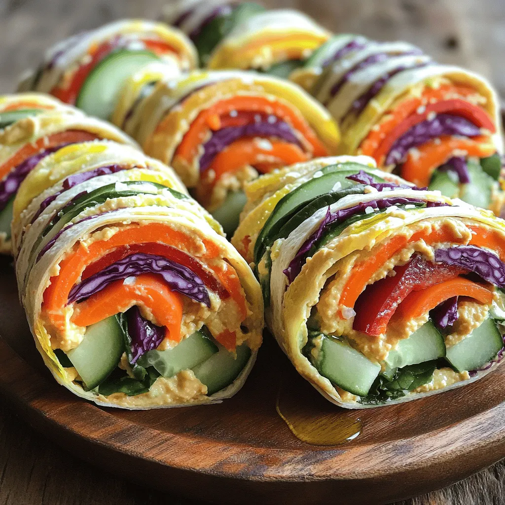 - 4 whole wheat tortillas - 1 cup hummus (store-bought or homemade) - 1 medium carrot, peeled and grated - 1 small cucumber, thinly sliced - 1 red bell pepper, thinly sliced - 1/2 cup purple cabbage, shredded - 1/2 cup fresh spinach leaves - 1/4 cup shredded cheese (cheddar or your favorite variety) - 1 tablespoon olive oil - Salt and pepper to taste Rainbow Veggie Wraps are not just colorful; they are also packed with healthy goodness. I love using whole wheat tortillas as the base. They provide fiber and a nutty taste. I spread hummus on each tortilla for creaminess and added protein. Fresh vegetables make these wraps pop with color and crunch. I use carrots for their sweetness, cucumbers for crispness, and bell peppers for a vibrant hue. The purple cabbage adds a fun twist, while spinach boosts nutrients. For extra flavor, I drizzle olive oil and season with salt and pepper. Optional cheese gives a creamy touch that toddlers love. The Full Recipe guides you through each step to create these delightful wraps. To start, I lay out my whole wheat tortillas on a clean, flat surface. This gives me enough space to work comfortably. Next, I take a generous scoop of hummus and spread it evenly across each tortilla. I leave about half an inch of space around the edges. This prevents any spillage when I roll the wraps. Now, I take a medium bowl and toss together my grated carrot, thinly sliced cucumber, red bell pepper, shredded purple cabbage, and fresh spinach leaves. I mix them well to combine all the colors and flavors. Then, I drizzle olive oil over the mixed veggies. I season this with salt and pepper to taste. After that, I gently toss the vegetables again to coat them evenly with the oil and seasoning. With my colorful filling ready, I divide the vibrant vegetable mixture among the tortillas. I place it in the center of each tortilla for a beautiful look. If I want, I can sprinkle a handful of shredded cheese over the veggie mixture. This adds a creamy texture. To roll the wraps, I start from the edge nearest to the filling. I tightly roll the tortilla while tucking in the sides as I go. This helps encase the filling securely. Once rolled, I use a sharp knife to slice the wraps into bite-sized pinwheels or cut them in half for easier serving. Finally, I arrange the wraps neatly on a serving platter. I might serve them with a small bowl of extra hummus or seasonal fruit for a fresh touch. For the full recipe, check out the Rainbow Veggie Wraps. To make your veggie wraps fun, focus on how they look. Kids love bright colors. Arrange the pinwheels on a colorful plate. You can even use cookie cutters to make fun shapes. Stars and hearts can spark joy. Add a little dip on the side, like extra hummus, to keep it exciting. Preparing ahead saves time. You can wash and cut the veggies a day before. Store them in the fridge in airtight containers. This keeps them fresh and crunchy. If you want to assemble the wraps later, keep the tortillas and fillings separate. This way, they won’t get soggy. You can make a batch of wraps on Sunday and enjoy them all week. Want to make these wraps even healthier? You can add protein like turkey or chicken slices. These meats are tasty and filling. If your child likes beans, mix in some black beans for fiber. Consider adding whole grains by using whole wheat tortillas. For healthy fats, sprinkle in some avocado or use a nut butter spread. These simple changes boost the nutrition without losing flavor. For the full recipe, check out the Rainbow Veggie Wraps 🥗. {{image_4}} You can switch up the veggies in your wraps for fun. Try seasonal vegetables like zucchini in summer or butternut squash in fall. These add color and taste. If your toddler is picky, try softer veggies. Instead of red bell pepper, use cooked sweet potato for sweetness. Or swap purple cabbage for cooked spinach, which can be easier to chew. Instead of hummus, offer guacamole or cream cheese. Guacamole adds healthy fats and a creamy texture. Cream cheese can be a fun twist for kids who love its taste. Make your spreads at home for freshness. Store-bought options save time but check the labels for healthy choices. You can change the wrap itself for variety. Lettuce wraps are a great low-carb choice. They add crunch and are easy to hold. Rice paper wraps give a chewy texture and are fun to eat. They also let you show off those colorful fillings from the Rainbow Veggie Wraps. For the full recipe, check out the Rainbow Veggie Wraps section! To keep your colorful veggie wraps fresh, use airtight containers. These containers will seal in moisture and flavor. If you don’t have one, wrap the veggie wraps tightly in plastic wrap. This will help prevent them from drying out. Store your wraps in the fridge. They stay good for about 2 to 3 days. Make sure to separate any wraps that have wet ingredients, like hummus. This helps avoid soggy tortillas. You can freeze assembled wraps for longer storage. First, wrap each veggie wrap in plastic wrap. Then place them in a freezer bag. This method helps keep them fresh. When you are ready to eat, take the wraps out of the freezer. Let them thaw in the fridge overnight. If you need them quickly, you can thaw them at room temperature for a couple of hours. Enjoy your Rainbow Veggie Wraps later with ease! What are the best foods for toddlers to include in their lunches? The best foods for toddlers are colorful, nutritious, and easy to eat. Include fruits like bananas, apples, and berries. Add veggies like carrots, cucumbers, and bell peppers. Whole grains like bread or tortillas are great choices. Protein options can be eggs, cheese, or yogurt. Keep it fun and varied! How can I ensure my toddler gets enough nutrients? To ensure your toddler gets enough nutrients, offer a mix of food groups at each meal. Aim for colorful plates that include fruits and vegetables. Use whole grains and lean proteins. Introduce new foods slowly and often. This helps develop healthy eating habits. Can Rainbow Veggie Wraps be made ahead of time? Yes, you can make Rainbow Veggie Wraps ahead of time. Prepare them in the morning for lunch. Store them in airtight containers in the fridge. This keeps them fresh and crunchy. Just be sure to wrap them tightly to avoid sogginess. What alternatives can I use if my toddler dislikes hummus? If your toddler dislikes hummus, try other spreads. Cream cheese, guacamole, or yogurt are great options. You can even use peanut butter or sun butter for a sweet twist. Just find a spread that they enjoy! How can I make lunchtime fun for toddlers? To make lunchtime fun, use bright colors and interesting shapes. Use cookie cutters to cut sandwiches or veggies into fun shapes. Serve food in fun containers or bento boxes. You can even let your toddler help assemble their food! Are there easy ways to encourage toddlers to try new foods? Yes, you can encourage toddlers to try new foods by keeping it playful. Offer small bites of new foods alongside favorites. Use dips to make them more appealing. Talk about the colors, shapes, and textures. Celebrate small victories to build confidence in trying new foods. Rainbow veggie wraps are easy and fun. We covered ingredients, simple steps, and tips. You can mix fresh veggies and spreads for tasty meals. Try making these wraps appealing for kids with shapes or colors. Store them well for later or freeze for quick lunches. With endless variations, you can keep lunch exciting. Explore new flavors to find what your toddler loves. Remember, meals should be fun and nutritious. Enjoy the process and watch your little one surprise you with their tastes!