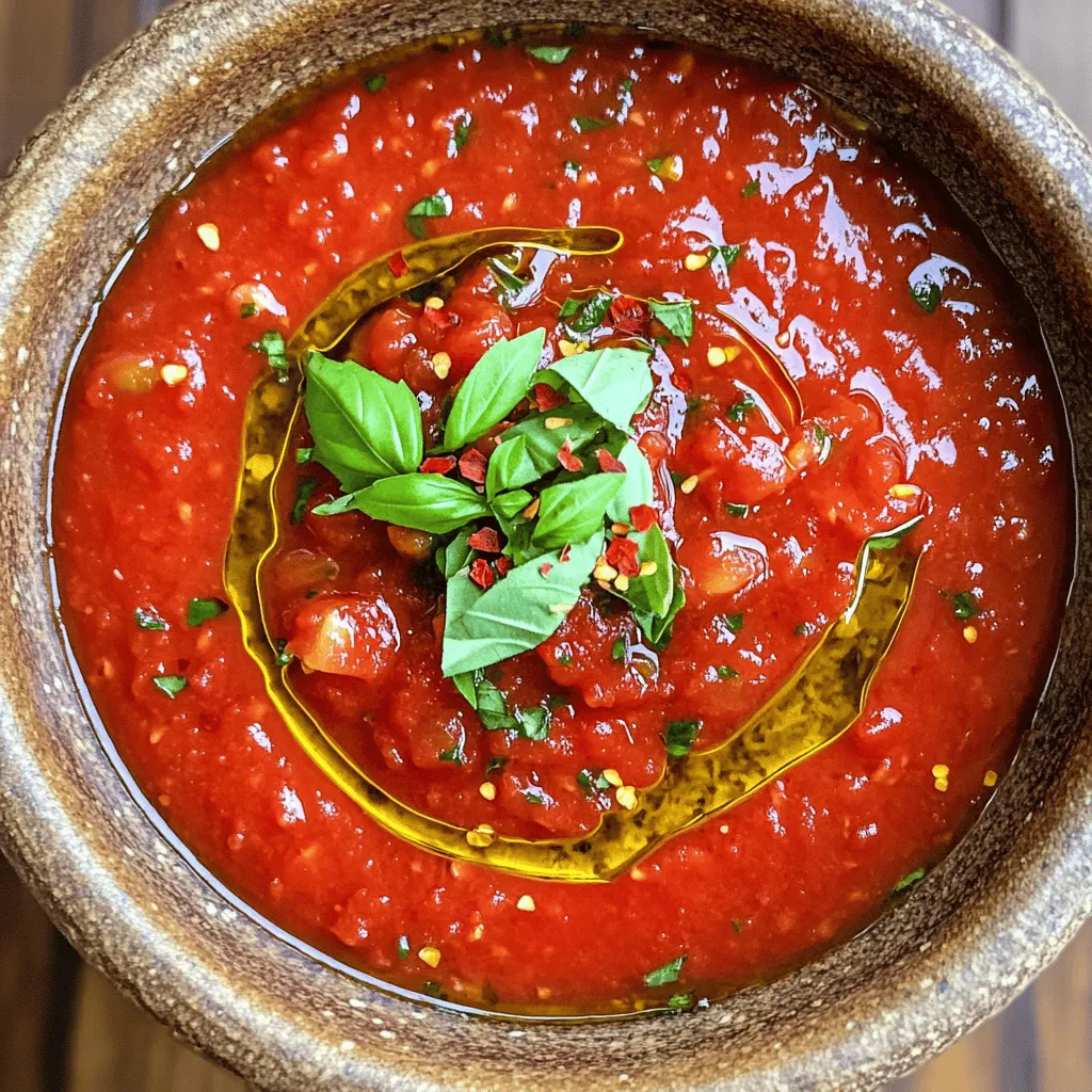 - Fresh tomatoes: I love using Roma or vine-ripened tomatoes. They have great flavor and texture. Look for tomatoes that feel heavy and firm. They should smell sweet and earthy. This ensures your sauce tastes fresh and rich. - Additional aromatics and spices: Onions and garlic are key players in this sauce. They add depth and warmth. I prefer using yellow onions for their sweetness. Fresh basil is a must at the end. It brightens the sauce and gives it a lovely aroma. Don't forget to add salt and pepper to enhance all the flavors. - Optional add-ins for enhanced flavor: You can spice things up with red pepper flakes for heat. If the sauce is too acidic, a tablespoon of sugar helps balance it. Feel free to get creative! Adding a splash of red wine can add complexity. You can even toss in some olives or capers for a briny twist. For the full recipe, check out the Classic Fresh Marinara Sauce. This dish is simple yet bursting with flavor! To start, you need ripe tomatoes. I prefer Roma or vine-ripened tomatoes. First, bring a large pot of water to a boil. - Carefully score the bottom of each tomato with a small 'X.' - Lower the tomatoes into the boiling water for 30 seconds. - Move the tomatoes to a bowl of ice water to stop cooking. Once they cool, peel off the skins. You can chop them roughly. If you want a smooth sauce, remove the seeds. For a chunkier sauce, leave them in. Next, we will cook the base. Heat 1/4 cup of extra-virgin olive oil in a large skillet over medium heat. Add the finely chopped onion. Sauté it for about 5 to 7 minutes. You want it translucent and soft. Then, add 4 cloves of minced garlic and 1/2 teaspoon of red pepper flakes if you like heat. Cook for 1 to 2 minutes. This brings out a strong aroma, but make sure not to burn the garlic. Now it’s time to combine everything. Add the prepared chopped tomatoes to the skillet. Stir well to mix with the onion and garlic. Bring the sauce to a gentle simmer. This allows the flavors to come together. Next, season with 1 teaspoon of dried oregano, salt, and freshly cracked black pepper. If your tomatoes are too acidic, add 1 tablespoon of sugar. Let the sauce simmer uncovered for about 20 to 30 minutes. Stir occasionally. This helps it thicken. You can cook it longer if you like a richer flavor. In the last few minutes, fold in freshly chopped basil. Taste your sauce and adjust the seasoning. This is your chance to make it just right! For the full recipe, you can refer to the beginning of the article. Seasoning is key to a great marinara sauce. Always taste as you cook. This lets you adjust flavors to your liking. Add salt little by little. Fresh tomatoes can vary in taste, so don't be afraid to tweak it. Acidity can be a tricky part of tomato sauce. If your sauce tastes too sour, sugar helps balance it out. Just one tablespoon can make a big difference. Start with a small amount and add more if needed. When it comes to serving, pasta is a perfect match for marinara sauce. Pour the sauce over cooked spaghetti or penne. It clings nicely to the pasta, making each bite flavorful. Garnishing adds a touch of beauty. Fresh basil leaves not only taste great but also look vibrant on the plate. A sprinkle of grated Parmesan cheese enhances the flavor too. You can also serve it with warm, crusty bread for dipping. That adds a fun element to your meal. For a full recipe, check out the details above. Enjoy crafting your fresh marinara sauce! {{image_4}} You can easily adjust the heat in your marinara sauce. To make it spicy, add more red pepper flakes. Start with a pinch and taste as you go. If you want a milder sauce, skip the red pepper flakes or use just a small amount. Consider using different herbs to change the flavor. Oregano is classic, but thyme and parsley work well too. Fresh herbs give a brighter taste. Dried herbs are good but use them sparingly. You can add more veggies to your marinara for extra flavor. Try bell peppers for sweetness. Dice them small and sauté them with the onions. Mushrooms also add a rich taste. Slice them and cook until soft before adding tomatoes. Seasonal vegetables can enhance your sauce. In summer, add zucchini or eggplant. In fall, try butternut squash. Each vegetable brings a new twist to your marinara. This keeps your dish fresh and interesting. For the full recipe, check out the Classic Fresh Marinara Sauce section. To keep your marinara sauce fresh, cool it first. Let it sit at room temperature for about 30 minutes. This helps prevent condensation in your storage container. Once cooled, you can store it in the right containers. - Use airtight glass jars or BPA-free plastic containers. - Leave some space at the top of your container. The sauce may expand when frozen. Freezing marinara sauce is a great way to save it for later. Use freezer-safe containers or bags. Pour the cooled sauce into them and seal tightly. Label them with the date. This helps you track how long it has been frozen. - For long-term storage, use freezer bags to save space. - When ready to use, thaw the sauce in the fridge overnight. For best results, reheat the sauce slowly on the stove. Stir it often to keep it smooth. Enjoy your homemade sauce anytime! For the full recipe, refer back to the Classic Fresh Marinara Sauce section. Yes, you can use canned tomatoes. They are often more convenient and consistent. Pros of canned tomatoes: - Year-round availability - Usually peeled and ready to use - Often have a rich flavor Cons of canned tomatoes: - May lack the brightness of fresh - Can have added preservatives or salt Fresh tomatoes shine in flavor, but canned can work well, too. Choose what suits you best. Homemade marinara sauce lasts up to 5 days in the fridge. Store it in an airtight container. For longer storage, freeze the sauce. Freezer shelf life: - Up to 3 months in a freezer-safe container - Make sure to leave space for expansion Always label your containers with the date. This helps keep track of freshness. Fresh marinara sauce is versatile. It pairs well with many dishes. Popular options: - Spaghetti or any pasta - Pizza as a base sauce - Meatballs for a classic combo - Ratatouille for a veggie boost Feel free to get creative! Marinara can enhance many meals. For a quick reference, here’s the full recipe: - 2 lbs ripe tomatoes, preferably Roma or vine-ripened - 4 cloves garlic, minced - 1 medium onion, finely chopped - 1/4 cup extra-virgin olive oil - 1 teaspoon dried oregano - 1/2 teaspoon red pepper flakes (optional for heat) - Fresh basil leaves, roughly chopped (about 1/2 cup) - Salt, to taste - Freshly cracked black pepper, to taste - 1 tablespoon sugar (optional, to balance acidity) Follow the full recipe to make this wonderful sauce! Enjoy! Making fresh marinara sauce is fun and tasty. We discussed key ingredients like fresh tomatoes, spices, and optional add-ins. I shared step-by-step instructions for preparing, cooking, and simmering. Helpful tips showed how to perfect flavor and present your dish beautifully. You can explore various marinara types by adjusting spice levels or adding vegetables. Remember to store sauce properly for lasting freshness. Overall, making your own marinara sauce enhances any meal. Enjoy the process and savor the rich flavors you create!