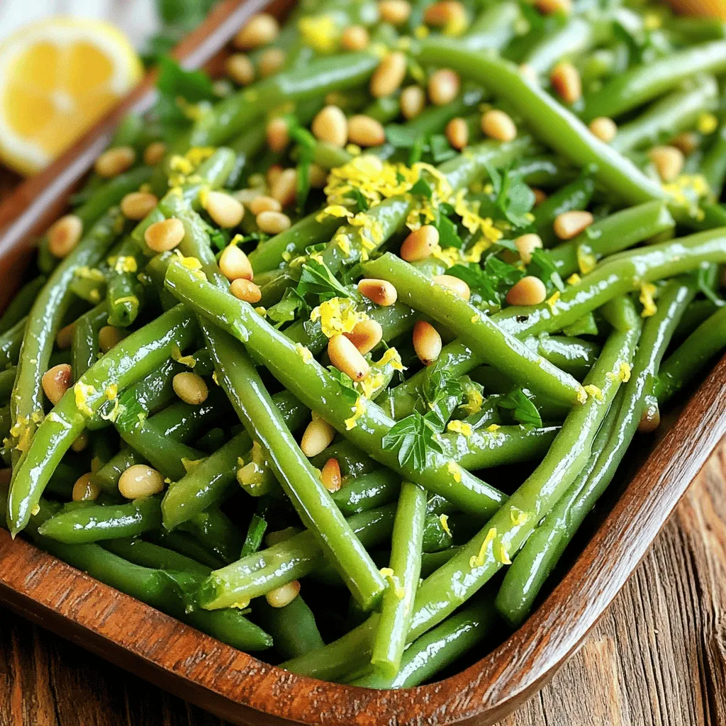 - Fresh green beans - Extra virgin olive oil - Lemon zest and juice - Pine nuts - Garlic - Sea salt and black pepper - Fresh parsley - Large pot - Ice bath setup - Slotted spoon - Large skillet - Dry skillet When I cook green beans with lemon and pine nuts, I always choose the freshest ingredients. Fresh green beans are bright and crunchy. They add a nice color to the dish. I use extra virgin olive oil for a rich flavor. Zest and juice from a fresh lemon bring a wonderful zing. I add pine nuts for a nutty crunch. Garlic gives a fragrant note that complements the beans. I finish with sea salt and black pepper to enhance all the flavors. Lastly, I sprinkle fresh parsley for a bit of color and freshness. For tools, I start with a large pot to blanch the beans. An ice bath setup cools them quickly. A slotted spoon helps lift the beans out of the hot water. I also use a large skillet for sautéing and a dry skillet to toast the pine nuts. This simple list of ingredients and tools makes the cooking process smooth. You can find the full recipe for these green beans with lemon and pine nuts in the complete article. To start, we need to blanch the green beans. Fill a large pot with salted water. Bring it to a boil. Once boiling, add 1 pound of trimmed green beans. Cook them for 3-4 minutes. They should be bright green and tender yet still crisp. This step keeps them fresh and vibrant. Next, we cool the beans. Prepare an ice bath by filling a bowl with ice and water. Using a slotted spoon, transfer the beans to this ice bath. This stops the cooking process. Let them cool for 2-3 minutes, then drain them well. Set the green beans aside for later. Now, let’s sauté the garlic. In a large skillet, pour in 2 tablespoons of extra virgin olive oil. Heat the oil over medium heat. When it shimmers but does not smoke, add 2 cloves of minced garlic. Sauté for about 1 minute. You want it fragrant and soft, not browned. Next, toss the blanched green beans into the skillet. Gently mix them with the garlic oil. Sauté for another 2-3 minutes. This warms them through and combines the flavors beautifully. It’s time to add some zing! Grate the zest of 1 large lemon over the green beans. The zest brings a bright flavor. Then, halve the lemon and squeeze its juice into the skillet. Stir well to mix everything together. Season with sea salt and freshly cracked black pepper to taste. Adjust the seasoning as needed. Now, let’s toast the pine nuts for extra crunch. In a separate dry skillet, add 1/4 cup of pine nuts. Set the heat to medium. Toast the nuts for about 3-4 minutes. Stir them frequently. Keep a close eye to prevent burning. You want them golden brown and nutty. Once the pine nuts are toasted, remove them from heat. Combine the green beans and the toasted pine nuts in a serving dish. Toss gently to mix. For a fresh touch, sprinkle finely chopped parsley on top. This adds color and flavor. For a great presentation, use a vibrant dish. It highlights the dish's bright colors. You can even add extra parsley leaves for garnish. Enjoy your green beans with lemon and pine nuts warm for the best taste. For the full recipe, refer to the earlier section. - How to choose fresh green beans: Look for bright green pods with firm texture. Avoid beans that are limp, dull, or have brown spots. Fresh beans snap easily when bent. A good batch feels crisp and has a vibrant color. - Storing lemons for maximum flavor: Keep lemons in the fridge for longer freshness. Store them in a sealed bag to hold moisture. If you want to use lemon juice, roll the lemon on the counter before cutting. This helps release more juice. - How to achieve the perfect crunch: Blanch the green beans first. This method locks in color and crunch. After boiling, cool them quickly in an ice bath. This stops the cooking and keeps them crispy. - Tips for avoiding burnt garlic: Sauté garlic over medium heat. Stir often and watch closely. If it begins to brown, remove it from the heat right away. Burnt garlic tastes bitter and can ruin your dish. - Serving styles for gatherings: Use a colorful serving dish to make the green beans pop. Arrange the beans in a fan shape for a beautiful display. This catches the eye and invites guests to dig in. - Adding color with extra garnishes: Fresh parsley adds a nice green touch. You can also sprinkle extra pine nuts on top for a nutty crunch. Consider adding lemon wedges on the side for a fresh splash of color. {{image_4}} You can easily give green beans a twist. Adding fresh herbs like thyme or basil can uplift the flavor. These herbs blend well with the lemon and pine nuts. You might enjoy the fresh taste they bring. Another option is cheese. Adding feta or parmesan gives a rich and creamy touch. This extra layer of flavor can make the dish more satisfying. Don't hesitate to swap out ingredients. If you want a different crunch, try using almonds or walnuts instead of pine nuts. Each nut adds its unique flavor and texture. You can also mix in other vegetables. Carrots or bell peppers can pair well with green beans. This makes the dish colorful and increases its health benefits. If you want to make this dish vegan-friendly, skip the cheese and use a plant-based alternative. You can also replace butter with olive oil for cooking. For those who need a gluten-free option, this recipe is already safe! Just ensure any added ingredients are gluten-free too. These simple changes can help everyone enjoy this tasty dish. Once you make green beans with lemon and pine nuts, they stay fresh in the fridge for about 3 to 5 days. To store them well, place the beans in an airtight container. This helps keep their flavor and texture intact. If you can, wait to add the pine nuts until you serve. This keeps them crunchy and tasty. Yes, you can freeze green beans with lemon and pine nuts! However, for best results, freeze the green beans alone. After blanching, let them cool and pack them in freezer bags. Remove as much air as possible before sealing. They last for up to 3 months in the freezer. To reheat, take the frozen green beans out and let them thaw in the fridge overnight. Then, sauté them in a skillet with a splash of olive oil. This warms them up nicely and keeps the flavors bright. Add the lemon juice and toasted pine nuts just before serving for the best taste! Yes, you can use frozen green beans. They are quick and easy. Here are some pros and cons: - Pros: Frozen beans are pre-washed and trimmed. They save time and are often cheaper. They can have a good flavor and texture when cooked right. - Cons: Frozen beans may lack the fresh taste and crunch of fresh beans. They can become mushy if overcooked. If you choose frozen, cook them for a shorter time. Start with 2-3 minutes in boiling water. You can prepare green beans with lemon and pine nuts in advance. Here’s how: 1. Blanch the beans: Follow the recipe to blanch and cool the beans. 2. Store: Keep them in an airtight container in the fridge for up to 3 days. 3. Reheat: When ready, warm them in a skillet over medium heat. Add olive oil and garlic, then toss in the beans until heated through. Finish with lemon juice and pine nuts right before serving. This dish pairs well with many foods. Here are some tasty ideas: - Grilled chicken or fish for protein - Quinoa or rice for a hearty side - A fresh salad to add crunch and color - Roasted potatoes for a comforting touch These pairings create a balanced meal and highlight the bright flavors of the green beans. Yes, this recipe is great for meal prep. Here are some tips: - Batch cook: Make a larger amount of green beans and store them in portions. - Mix and match: Pair the beans with different proteins and grains throughout the week. - Freshen up: Add fresh lemon juice and pine nuts just before eating to keep flavors bright and fresh. This recipe fits well into a busy week, making delicious meals easy to enjoy. For the full recipe, check the earlier section. This blog post covered everything you need to make delicious green beans with lemon and pine nuts. We explored the essential ingredients, tools, and step-by-step instructions. Tips for freshness and cooking techniques help ensure your dish shines. I also shared variations and storage advice for convenience. Remember, this dish is versatile, so feel free to experiment. Enjoy the process of cooking and savoring these bright, flavorful green beans. Your kitchen will burst with fresh tastes, making meals enjoyable. Happy cooking!