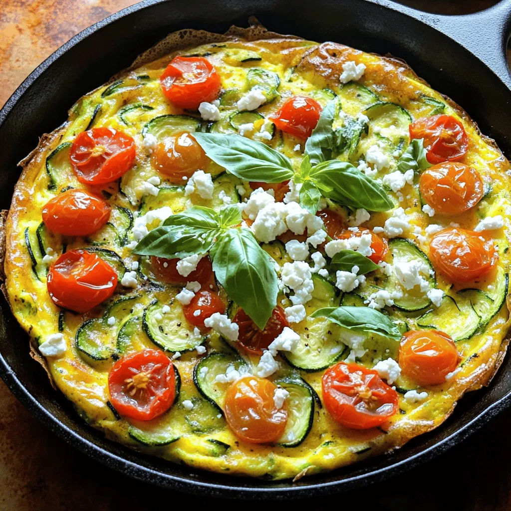 - Essential ingredients for Zucchini Frittata - 4 large eggs - 1 medium zucchini, finely grated - 1/2 cup cherry tomatoes, sliced in half - 1/4 cup feta cheese, crumbled - 2 tablespoons fresh basil, finely chopped - 1/4 cup onion, diced - 2 tablespoons extra-virgin olive oil - Salt and freshly ground black pepper to taste - 1/4 teaspoon red pepper flakes (optional for an extra kick) The main ingredients make this dish bright and tasty. The eggs create a soft base. Zucchini adds moisture and nutrition. Feta brings a salty flavor that pairs well with the other items. - Optional ingredients to customize your dish - Bell peppers for sweetness - Spinach for added greens - Mushrooms for an earthy touch - Fresh herbs like parsley or chives Feel free to mix in these optional ingredients. They add layers of flavor and texture. - Freshness and quality tips for ingredient selection - Choose eggs that are fresh. Look for ones with a clean shell. - Pick zucchini that is firm and shiny. Avoid soft or wrinkled ones. - Select tomatoes that are ripe and fragrant. They should feel slightly soft. - Use fresh herbs. They should look vibrant and not wilted. Using fresh ingredients makes your frittata taste better. It enhances the color and flavor. For the full recipe, check out the cooking instructions. First, we need to prepare the zucchini. Grate it using the large holes of a box grater. You want the pieces small to cook well. Squeeze out excess moisture. This step is key to avoid a soggy frittata. Next, let’s whisk the eggs. Crack them into a bowl. Add salt, pepper, and red pepper flakes if you like heat. Whisk until the yolks and whites blend completely. This creates a fluffy texture. Now, check your skillet. Make sure it is oven-safe. A good skillet is made from cast iron or stainless steel. This allows for even cooking and smooth transfers to the oven. Start cooking by heating olive oil in your skillet over medium heat. Once it shimmers, add the diced onion. Sauté for 3-4 minutes until it turns soft and fragrant. Then, add the grated zucchini. Cook for 2-3 minutes more. The zucchini should be bright green but tender. Next, toss in the halved cherry tomatoes. Stir for about one minute. You want them to soften just a bit. After that, pour the egg mixture over the veggies. Gently stir to mix everything well. Now, sprinkle the crumbled feta and chopped basil on top. Allow the frittata to cook on the stove for 2-3 minutes. You want the edges to start setting. Carefully move the skillet to the oven. Bake at 375°F for 15-20 minutes. You will know it's done when the center is set and the top is golden brown. To serve, let the frittata cool for a few minutes. Slice it into wedges. Garnish with extra basil leaves for a fresh look. This dish pairs well with mixed greens or a light salad. Enjoy your flavorful frittata! For the complete recipe, check out the Full Recipe section. Overcooking the vegetables: To keep zucchini and other veggies tender, cook them just until soft. This means about 2-3 minutes on medium heat. You want them vibrant, not mushy. Ensuring even cooking of the frittata: Stir the egg mixture gently with the vegetables. This helps distribute them evenly and ensures every bite is flavorful. Pay attention to the edges; they cook faster than the center. Using the right skillet: An oven-safe skillet is key. Cast iron or stainless steel works best. Avoid non-stick pans, as they may not handle high heat well. A 10-inch skillet is a good size for this recipe. Spices and herbs that elevate your frittata: Fresh herbs like basil or parsley add a burst of flavor. You can also use garlic powder or onion powder for extra taste. A pinch of red pepper flakes gives it a nice kick. Adding proteins: For a heartier frittata, mix in cooked bacon or sausage. You could also use diced ham or even chickpeas for a vegetarian option. Just make sure they’re fully cooked before adding them to the eggs. Adjusting for dietary preferences: If you follow a gluten-free diet, this frittata is perfect as is. For a vegan version, swap eggs with a chickpea flour mix. This will give you a similar texture while keeping it plant-based. For more details about the recipe, check the Full Recipe. {{image_4}} You can change the zucchini in your frittata. Try using spinach instead. Spinach adds a nice green color and a mild taste. Bell peppers are another great choice. They bring sweetness and crunch. Seasonal veggies can keep your dish fresh. In summer, add fresh tomatoes or herbs. In fall, try mushrooms or kale. You can also mix and match vegetables. Add a handful of spinach with bell peppers. For extra fun, add cheese like mozzarella or cheddar. Spices can enhance the taste too. A pinch of garlic powder or Italian herbs can make a big difference. If you want a vegan frittata, use chickpea flour instead of eggs. Mix it with water and spices to create a batter. You can add your favorite vegetables just like in the regular recipe. For those on a low-carb diet, skip the potatoes. Focus on veggies like zucchini, spinach, and bell peppers. This keeps your meal light and tasty. If you have guests with nut allergies, use safe oils. Avoid any nut-based cheeses. Stick with dairy or soy options. This way, everyone can enjoy your delicious frittata! For the full recipe, check out the Zesty Zucchini Frittata description. To keep your frittata fresh, let it cool first. Then, slice it into portions. Place the slices in an airtight container. Store it in the fridge for up to three days. When ready to eat, you can reheat it easily. For the best texture, use an oven instead of a microwave. Preheat the oven to 350°F (175°C). Place the frittata on a baking sheet and heat for about 10-15 minutes. This method keeps it fluffy and moist. If you want to save your frittata for later, freezing works well. First, let it cool completely. Wrap each slice tightly in plastic wrap. Then, place the wrapped slices in a freezer-safe bag. Label it with the date. The frittata can stay fresh in the freezer for up to three months. When you want to enjoy it, take out a slice and thaw it in the fridge overnight. To warm it up, bake it in the oven at 350°F (175°C) for about 15-20 minutes. This way, it tastes just as good as when you made it. For the full recipe, check back to our earlier sections! To reheat a frittata, you can use the microwave or the oven. If you choose the microwave, place a slice on a plate. Heat it for 30 seconds to 1 minute. Check if it’s warm. The microwave is quick but may soften the texture. For the oven, preheat to 350°F (175°C). Place the frittata on a baking sheet. Heat for about 10-15 minutes. The oven keeps the texture nice and firm. Yes, you can use many different vegetables in a frittata. Spinach, bell peppers, and mushrooms are great choices. You can also add broccoli or asparagus for a tasty twist. The key is to chop the veggies small. This way, they cook evenly and blend well with the eggs. Feel free to mix and match based on what you have! A zucchini frittata can last about 3 to 5 days in the fridge. Store it in an airtight container to keep it fresh. If you want to keep it longer, you can freeze it. Just make sure to wrap slices well to avoid freezer burn. When stored properly, it stays safe to eat and tasty. A zucchini frittata usually has about 150 calories per serving. This includes healthy fats from olive oil and protein from eggs. Each serving also has vitamins from zucchini and tomatoes. You get calcium from the feta cheese too. It's a balanced meal that provides energy and essential nutrients. To check if your frittata is done, look for a few signs. The edges should be set, and the center should not jiggle. It should be golden brown on top. You can also insert a knife in the center. If it comes out clean, your frittata is ready to eat! Enjoy your delicious creation from the full recipe. You now have all the tips to make a delicious Zucchini Frittata. We covered key ingredients, cooking steps, and great ways to serve. Remember to check for freshness and choose your favorite veggies. Avoid the common mistakes to ensure perfect texture. You can also try many variations to suit your taste. Whether it's a simple meal or a special treat, this dish is versatile. Enjoy experimenting and sharing this tasty frittata with family and friends!