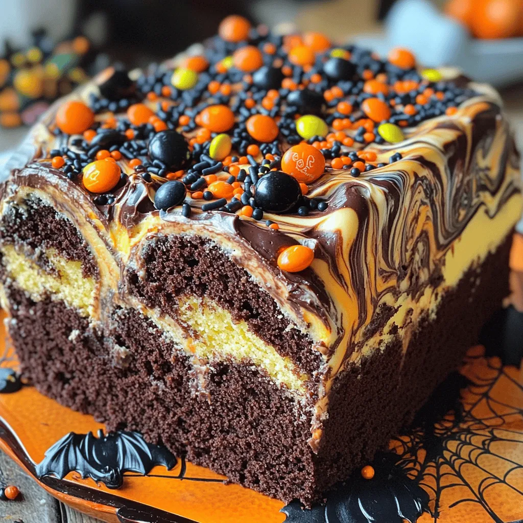 Here’s the list of what you need for your spooky Halloween marble cake: - 2 cups all-purpose flour - 1 ½ cups granulated sugar - ½ cup unsalted butter, softened - 1 cup whole milk - 3 large eggs, at room temperature - 2 teaspoons baking powder - 1 teaspoon vanilla extract - ¼ teaspoon salt - ½ cup unsweetened cocoa powder - 1 cup black and orange sprinkles - 1 cup Halloween-themed candy (optional) Each item plays a big role in making your cake great. For example, the all-purpose flour gives it structure. The sugar adds sweetness, and the cocoa powder brings in that rich chocolate flavor. When you mix in the black and orange sprinkles, it adds a fun touch perfect for Halloween. If you want to make it extra spooky, think about adding Halloween-themed candy. It can surprise your guests when they slice into the cake! Now, you’re ready to gather these ingredients and start your baking adventure. For the full recipe and steps, check out the Full Recipe. 1. Preheat your oven to 350°F (175°C). Grease a 9x5-inch loaf pan with butter. Dust it lightly with flour to avoid sticking. 2. In a big bowl, add softened butter and granulated sugar. Use a mixer to cream them until light and fluffy. This takes about 3-4 minutes. 3. Next, add three eggs to the bowl, one at a time. Mix well after each egg. Then, pour in the vanilla extract and blend until combined. 1. In a separate bowl, whisk together the flour, baking powder, and salt. Ensure they mix well. 2. Gradually add this dry mix to your butter-sugar mixture. Alternate with the whole milk. Start and end with the flour mix. Mix until just combined. Do not overmix. 1. Once your batter is ready, divide it into two equal parts. To one bowl, sift in the cocoa powder. Mix gently until you have a rich chocolate batter. 2. To create a lovely marbled effect, take alternating spoonfuls of each batter. Drop them into the prepared loaf pan. 3. After adding all the batter, use a knife or skewer to swirl the batters. This creates a marbled look, but don’t mix fully. 1. For a spooky surprise, add Halloween-themed candy in the center of the batter before swirling. 2. Top your batter with black and orange sprinkles to add a fun touch. 3. Bake in the preheated oven for 45-55 minutes. Check doneness with a toothpick. It should come out clean or with a few moist crumbs. 4. If the top browns too fast, cover it lightly with aluminum foil. 5. After baking, let the cake cool in the pan for 10 minutes. Then, transfer it to a wire rack. This helps to enhance the texture. For the full recipe, check out the detailed instructions above. To make the best marble cake, avoid overmixing. Overmixing can lead to a dense cake. Mix just until you see no dry flour. This keeps the cake light and fluffy. For the best marbling effect, use two spoons. Alternate spoonfuls of the vanilla and chocolate batter. Then, use a knife to swirl the batters. Don’t mix too much; you want to see the two colors. This will create a lovely marble pattern in your cake. For Halloween, think spooky! Use black and orange sprinkles on top. You can also add candy eyes for a fun touch. Consider using Halloween-themed candy inside the cake, too. When you serve, get creative! Use a spooky platter or add themed decorations. Add some mini pumpkins or candles for a festive vibe. This makes your cake stand out and look fun! {{image_4}} You can easily change the flavor of your spooky Halloween marble cake. Adding spices like cinnamon or nutmeg gives it a warm touch. For a different twist, adjust the amount of chocolate and vanilla. Use more cocoa for a rich chocolate flavor. Or, add more vanilla for a sweeter taste. Experimenting with these flavors makes each cake unique. Decorating your cake is just as fun as baking it! You can use fondant or icing to create spooky shapes. Think of ghosts, spiders, or pumpkins. This adds a festive look to your cake. You can also try different sprinkles. Use orange and black sprinkles for a classic Halloween vibe. Or, mix in candy like gummy worms or eyeballs for a surprise. These little details make your cake stand out. To keep your spooky Halloween marble cake fresh, use an airtight container. This helps keep moisture in and prevents the cake from drying out. If you plan to eat it in a few days, you can store it at room temperature. Just make sure it’s in a cool place, away from sunlight. If you want to keep it longer, store it in the fridge. The cold air slows down spoilage. If you want to freeze the cake, follow these steps: 1. Cool the cake completely. Let it cool on a wire rack. 2. Wrap it tightly. Use plastic wrap to cover the cake well. Then, wrap it in aluminum foil. This adds an extra layer of protection. 3. Label it. Write the date on the foil. This helps you remember how long it has been in the freezer. 4. Freeze. Place the wrapped cake in the freezer. It can last up to three months. When you are ready to eat it, here’s how to thaw it: - Remove it from the freezer. - Take off the foil and plastic wrap. - Let it thaw in the fridge overnight. This helps keep it moist. - If you want to enjoy it right away, you can thaw it at room temperature for about 2-3 hours. Following these steps will help you enjoy your spooky Halloween marble cake even after the party! For more details, check the Full Recipe. To make your cake more moist, use extra eggs or add sour cream. You can also try using buttermilk instead of whole milk. This adds flavor and keeps the cake soft. Another option is to brush the baked cake with a simple syrup made from equal parts sugar and water. This gives extra sweetness and moisture. Yes, you can use gluten-free flour! Just swap it for the all-purpose flour in the recipe. Look for a blend that works well for baking. Make sure it contains xanthan gum, as it helps mimic the texture of wheat flour. Your cake will still turn out delicious! If you need to avoid butter, try using vegetable oil or coconut oil. You can also use applesauce for a healthier option. This will keep your cake moist and tasty. Just remember to use a little less than the amount of butter called for in the recipe. You can keep your marble cake at room temperature for up to three days. Store it in an airtight container to keep it fresh. If you want to keep it longer, you can refrigerate it for about a week. Just be sure to wrap it well to prevent it from drying out. Yes, you can use a different pan size! Just keep in mind that this may change the baking time. For a larger pan, the cake may bake faster. For a smaller pan, it may take longer. Always check for doneness with a toothpick to ensure it’s baked perfectly. You learned how to make a fun and festive marble cake. We covered ingredients, step-by-step instructions, and tips to perfect your cake. Remember to swirl the batters for that striking marble effect. Use creative toppings to enhance the Halloween theme. With the right storage, your cake stays fresh longer. Experiment with flavors and decorations to make it your own. Now you’re ready to bake and impress your friends! Enjoy your tasty creation.