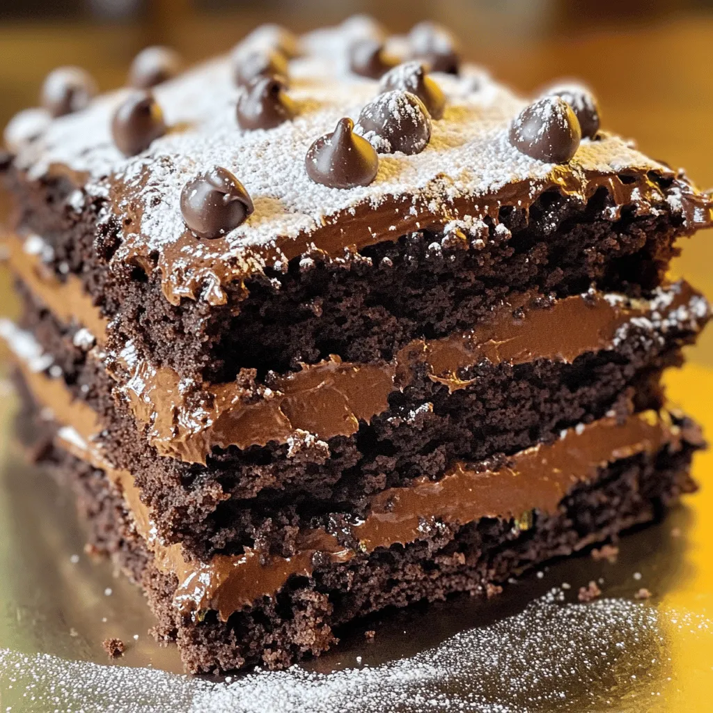This Death By Chocolate Zucchini Cake uses simple yet delightful ingredients. Each one plays a key role in making the cake rich and moist. Here’s what you’ll need: - 1 ½ cups finely grated zucchini - 1 ½ cups all-purpose flour - ¾ cup unsweetened cocoa powder - 1 teaspoon baking soda - ½ teaspoon baking powder - ¼ teaspoon salt - 1 cup granulated sugar - ½ cup packed brown sugar - ½ cup vegetable oil - 2 large eggs - 1 teaspoon vanilla extract - 1 cup semi-sweet chocolate chips - Optional: Powdered sugar for dusting Zucchini is the secret star of this recipe. It adds moisture and keeps the cake soft. The cocoa powder gives the cake its deep chocolate flavor. Using both granulated and brown sugar creates a wonderful balance of sweetness. I always prefer using fresh zucchini. It makes the cake taste better and adds a lovely texture. Make sure to squeeze out any excess water from the grated zucchini. This keeps the cake from becoming too wet. For the chocolate chips, I recommend semi-sweet. They melt beautifully and enhance the chocolate taste. If you want extra fun, try mixing in some nuts or dried fruits. Gather these ingredients for a truly delicious dessert. You can find the full recipe later in the article. Enjoy baking! 1. Preheat your oven to 350°F (175°C). This step is key for even baking. 2. Prepare your baking pan. Use a 9x13 inch pan. Grease it with butter or oil. Then, dust it lightly with flour. This helps the cake come out easily. 3. Mix the dry ingredients. In a medium bowl, sift together flour, cocoa powder, baking soda, baking powder, and salt. Whisk them well. This makes sure there are no lumps. 4. Combine the wet ingredients. In a large bowl, mix granulated sugar, brown sugar, and vegetable oil. Use a whisk or mixer on medium speed. Blend until smooth and creamy. 1. Incorporate the ingredients. Add eggs to the sugar mixture one by one. Mix well after each egg. Then stir in vanilla extract until combined. 2. Fold in the dry ingredients. Gradually add the dry mix to the wet mix. Use a spatula to fold gently. Do not overmix; just blend until no flour is visible. 3. Add the zucchini and chocolate chips. Carefully fold in grated zucchini and chocolate chips. This gives the cake a moist and rich flavor. 4. Pour the batter into the prepared pan. Spread it evenly with a spatula. Make sure the top is level for even baking. 5. Bake the cake for 30-35 minutes. To check if it’s done, insert a toothpick in the center. It should come out clean or with a few moist crumbs. 1. Cool the cake. Remove it from the oven and let it cool in the pan for 10 minutes. Then, transfer it to a wire rack to cool completely. This helps keep its texture. 2. Dust with powdered sugar. Once cooled, you can dust the top with powdered sugar. This adds a lovely touch and a bit of sweetness. 3. Serving suggestions. Cut the cake into squares. Serve on decorative plates. A dollop of whipped cream or ice cream makes it even better! You can find the Full Recipe above for all the details. Accurate ingredient measurements matter a lot in baking. They ensure your cake turns out right every time. Use measuring cups and spoons for dry and wet ingredients. For dry ingredients, spoon them into the cup and level them off with a knife. This method avoids packing the ingredient too tightly. To keep your cake light and fluffy, avoid overmixing the batter. Mix just until you no longer see flour streaks. Overmixing adds air and can make the cake dense. If you want a tall cake, use a baking pan that is not too big. Serving your cake can be fun and creative. Slice the cake into squares and place them on decorative plates. You can add a dollop of whipped cream or a scoop of ice cream to each slice. This adds a nice touch and makes it look fancy. For an extra flair, dust the top of the cake with powdered sugar. You can also use chocolate shavings or fresh berries to decorate. Plating the cake this way makes it look like a dessert from a restaurant! Adding zucchini to baked goods has great benefits. It makes the cake moist and adds nutrients without changing the taste much. Zucchini is low in calories and high in vitamins. This makes your dessert a bit healthier. Choosing the right zucchini is key. Look for small to medium zucchini, as they are tender and sweeter. Avoid large ones, as they can be watery and lead to a soggy cake. Grate the zucchini finely for the best texture. This helps it blend well into the batter, enhancing the flavor without being obvious. {{image_4}} You can make this cake gluten-free. Use almond flour or coconut flour instead of all-purpose flour. Both options work well. They add a nice texture without the gluten. For vegan options, replace eggs with flaxseed meal or applesauce. Use plant-based milk instead of dairy. These swaps keep the cake moist and delicious. Want to mix it up? Add nuts, like walnuts or pecans, for crunch. Dried fruits, such as raisins or cranberries, bring sweetness. You can also add spices like cinnamon or nutmeg for warmth. For frosting, try cream cheese or whipped coconut cream. These options add a tasty layer of flavor to the cake. You can turn this cake into cupcakes! Just fill cupcake liners three-quarters full. Bake for about 20 minutes. Or make a layered cake by using two round pans. Pair this delight with coffee, milk, or a scoop of vanilla ice cream. Each option enhances the cake's rich chocolate flavor. You can find the full recipe above to try these variations yourself! To keep your Death By Chocolate Zucchini Cake tasty, store it in an airtight container. This helps keep the cake moist and fresh. If you have leftover cake, place it at room temperature for up to three days. If you want to store it longer, refrigerate it. Just remember to cover it well to avoid drying out. To maintain the cake's softness, you can add a slice of bread to the container. The bread will soak up excess air and keep the cake moist. It may sound odd, but it works! Freezing the cake is a great way to keep it fresh for later. To freeze, first, let the cake cool completely. Then, slice it into portions. Wrap each slice in plastic wrap, then place them in a freezer-safe bag. Make sure to squeeze out as much air as possible to prevent freezer burn. When you're ready to enjoy a slice, take it out and let it thaw in the fridge overnight. If you're short on time, you can leave it at room temperature for a few hours. This way, the cake keeps its rich flavor and soft texture. Enjoy every bite! For the complete recipe, check out the Full Recipe section. Can I use pre-packaged shredded zucchini? Yes, you can use pre-packaged shredded zucchini. Just make sure to drain any excess moisture. This helps keep your cake from getting too soggy. What can I substitute for vegetable oil? You can use melted coconut oil or applesauce instead of vegetable oil. Both options keep the cake moist and add a nice flavor. How long does the cake last at room temperature? The cake stays fresh for about three days at room temperature. Store it in an airtight container to keep it moist. How to tell if the cake is done baking? Insert a toothpick into the center of the cake. It should come out clean or have a few moist crumbs on it. If it has wet batter, bake a bit longer. Can I double the recipe for a larger batch? Yes, you can double the recipe. Just use a larger baking pan and keep an eye on the baking time. It may take a bit longer to bake through. What to do if the cake doesn’t rise properly? If your cake doesn’t rise, check if your baking soda or baking powder is fresh. Old leavening agents can cause flat cakes. Also, make sure not to overmix the batter. How to fix a dry or crumbly cake? To fix a dry cake, add a bit of milk or cream to the batter next time. If it's already baked, serve it with a scoop of ice cream or a drizzle of glaze. This adds moisture and flavor. This blog post gave you a clear recipe for a zucchini chocolate cake. You learned about ingredients, preparation, and baking steps. I shared helpful tips and fun variations to try. Enjoying this cake can surprise your friends and family with its taste and texture. Remember, using fresh ingredients, measuring carefully, and following the steps makes a big difference. With these points in mind, you can bake a delicious cake that everyone will love. Happy baking!