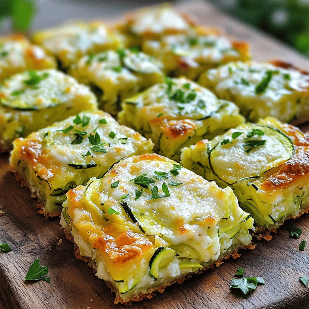 To make zucchini squares, you need fresh and simple ingredients. Here’s what you will need: - 2 medium zucchinis, grated - 1 cup all-purpose flour - 1 teaspoon baking powder - 1/2 teaspoon baking soda - 1 teaspoon garlic powder - 1/2 teaspoon salt - 1/4 teaspoon black pepper - 2 large eggs - 1/2 cup Greek yogurt - 1/2 cup shredded mozzarella cheese - 1/4 cup grated Parmesan cheese - 1/4 cup fresh parsley, chopped - Olive oil for greasing You can add twists to these zucchini squares. Here are some optional ingredients: - Chopped onions for added flavor - Diced bell peppers for crunch - Cooked bacon bits for a savory taste - Crushed red pepper for heat - Different cheeses like feta or cheddar Zucchini is not just tasty; it's healthy too. Here are some benefits: - Low in calories, great for weight management. - High in fiber, which helps digestion. - Packed with vitamins A and C for a strong immune system. - Rich in antioxidants, which fight free radicals in the body. - Contains potassium to support heart health. Zucchini squares are a great snack that combines taste with health. Enjoy making them with the full recipe! To start, grab two medium zucchinis and wash them well. Grate the zucchinis using a box grater. Place the grated zucchini in a large bowl and sprinkle a pinch of salt over it. Let it sit for about 10 minutes. This step helps draw out excess moisture, which is key for the best texture. After 10 minutes, take a clean kitchen towel. Wrap the zucchini in the towel and squeeze gently to remove extra liquid. This makes your squares firm and not soggy. In a different bowl, mix the dry ingredients. Start with 1 cup of all-purpose flour. Add 1 teaspoon of baking powder, 1/2 teaspoon of baking soda, 1 teaspoon of garlic powder, 1/2 teaspoon of salt, and 1/4 teaspoon of black pepper. Use a whisk to combine these ingredients well. This ensures that your squares rise evenly when they bake. Next, crack 2 large eggs into a bowl and beat them well. Then add 1/2 cup of Greek yogurt and mix until smooth. This mixture will make your squares rich and creamy. Slowly pour this wet mixture into the bowl with the dry ingredients. Stir gently until just combined. Be careful not to overmix, as this can make your zucchini squares tough. Now, fold in the drained zucchini, 1/2 cup of shredded mozzarella, 1/4 cup of grated Parmesan, and 1/4 cup of chopped fresh parsley. Mix until everything is evenly distributed. Pour the batter into an 8x8 inch baking dish that you have greased with olive oil. Smooth the top with a spatula. Bake in the preheated oven at 375°F (190°C) for 25-30 minutes. Check for doneness by looking for golden edges and inserting a toothpick in the center. If it comes out clean, your squares are ready! Let them cool for 5 minutes before slicing. For the full recipe, refer to the section above. To keep your zucchini squares from being soggy, remove excess moisture from the zucchini. After grating, sprinkle a pinch of salt on the zucchini and let it sit for about 10 minutes. This draws out water. Then, wrap the zucchini in a clean towel and squeeze out the liquid. This step is key for crisp squares. Achieving the right texture is simple. Mix the wet and dry ingredients gently. Overmixing can lead to tough squares. Fold in the zucchini and cheese until just combined. This keeps the squares light and fluffy. Bake until the edges are golden brown for the best results. Serve your zucchini squares warm or at room temperature. They taste best when they are fresh out of the oven. If you plan to serve them later, let them cool and store them in an airtight container. Reheat them briefly in the oven for a warm snack that feels fresh. Enjoy these squares as a healthy snack or a side dish. {{image_4}} Zucchini squares can be both sweet and savory. Sweet squares often use added sugar, vanilla, or spices like cinnamon. These are great for breakfast or as a snack. You can also add chocolate chips or nuts for extra flavor. Savory squares are more common. They use cheese, herbs, and spices. The savory version is perfect for a light lunch or party appetizer. Both types offer unique tastes and can fit your mood. If you love meat, you can easily add protein to your zucchini squares. Cooked bacon or sausage crumbles work well. Just mix them in the batter before baking. You can also use shredded chicken or ham for variety. For a heartier dish, consider adding cooked ground beef or turkey. These options make the squares filling and satisfying. They become a complete meal that everyone will enjoy. For those who need gluten-free options, you can swap regular flour with almond flour or a gluten-free blend. These alternatives work well in the recipe. You may need to adjust the liquid slightly, as gluten-free flours can absorb more moisture. Another option is to use ground oats, which also add a nice texture and flavor. These variations let everyone enjoy zucchini squares without worry. To keep your zucchini squares fresh, store them in an airtight container. Place parchment paper between layers to avoid sticking. Store the container in the fridge for up to four days. This helps maintain flavor and texture. If you want to enjoy them later, freezing is a great option. Freezing zucchini squares is simple. First, let them cool completely. Then, cut them into squares. Wrap each square in plastic wrap or aluminum foil. Place the wrapped squares in a freezer bag. Squeeze out excess air and seal tightly. They can last up to three months in the freezer. When you’re ready to eat them, just thaw and reheat. To reheat zucchini squares, use an oven or toaster oven. Preheat it to 350°F (175°C). Place the squares on a baking sheet and warm for 10-15 minutes. This method keeps them crispy. You can also microwave them for a faster option. Heat for about 30-60 seconds, but know this may make them softer. Enjoy your tasty snack! Yes, you can use frozen zucchini. Just make sure to thaw it first. Squeeze out any extra water after thawing. This will help keep your zucchini squares from getting soggy. To add some heat, try mixing in red pepper flakes. You can also add diced jalapeños or hot sauce to the batter. Start with a small amount and taste as you mix. Adjust to your spice level. You can swap out all-purpose flour for almond or coconut flour for a gluten-free option. Instead of Greek yogurt, use sour cream or cottage cheese. For cheese, try cheddar or feta for a different flavor. If you want more greens, add spinach or kale to the mix. Each substitution can give your zucchini squares a unique twist. To make savory zucchini squares, follow these steps: 1. Preheat your oven to 375°F (190°C). 2. Grate two medium zucchinis and let them rest with salt. 3. Squeeze out extra moisture using a kitchen towel. 4. Mix dry ingredients in one bowl and wet ingredients in another. 5. Combine both mixtures and fold in zucchini and cheese. 6. Pour into a greased baking dish and bake for 25-30 minutes. 7. Cool, slice, and serve. Here’s what you need for this recipe: - 2 medium zucchinis, grated - 1 cup all-purpose flour - 1 teaspoon baking powder - 1/2 teaspoon baking soda - 1 teaspoon garlic powder - 1/2 teaspoon salt - 1/4 teaspoon black pepper - 2 large eggs - 1/2 cup Greek yogurt - 1/2 cup shredded mozzarella cheese - 1/4 cup grated Parmesan cheese - 1/4 cup fresh parsley, chopped - Olive oil for greasing These ingredients create a tasty dish that is full of flavor. The zucchini adds moisture and nutrition. The cheeses give a rich taste. Each bite is a combination of textures. Each square offers a balanced bite. They are low in calories but high in taste. Zucchini is rich in vitamins and fiber. The Greek yogurt adds protein, making these squares filling. For serving, enjoy them warm or at room temperature. They make a great snack or a side dish. You can pair them with a light salad or serve them as a party appetizer. If you want the full recipe, refer back to the beginning. Zucchini squares are easy to make and fun to enjoy. This recipe gives you all the ingredients needed and tips for the best results. From avoiding sogginess to serving options, you have what you need. Remember, you can make different versions too! Explore sweet and savory flavors or add protein. With these steps and tips, you can impress your friends and family. Whether you store them or serve them warm, these squares are a tasty treat. Now, get cooking and enjoy your delicious zucchini squares!