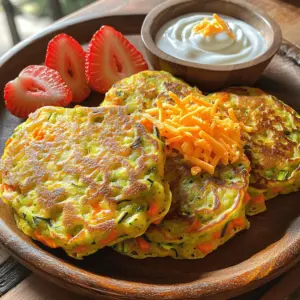 - 1 cup whole wheat flour - 1 cup grated zucchini - 1/2 cup grated carrot - 1/2 cup shredded cheddar cheese - 2 large eggs - 1/2 cup milk (or your preferred non-dairy milk) - 1 teaspoon baking powder - 1/2 teaspoon garlic powder - 1/2 teaspoon salt - 1 tablespoon olive oil (for cooking) These ingredients come together to create a tasty meal. The whole wheat flour gives fiber and a nice texture. Grated zucchini and carrot add moisture and nutrients. Cheddar cheese makes the pancakes cheesy and delicious. Eggs and milk bind the mix while adding protein. Baking powder helps the pancakes rise. Garlic powder and salt bring out all the flavors. Olive oil is perfect for cooking these pancakes to a golden brown. - Whole wheat flour: Rich in fiber, supports digestion. - Zucchini: Low in calories, high in vitamins A and C. - Carrot: Full of beta-carotene, good for vision. - Cheddar cheese: Offers calcium and protein for strong bones. - Eggs: Packed with protein, essential for growth. - Milk: Provides calcium and hydration. - Baking powder: Helps with rising, no calories. - Garlic powder: Adds flavor, may boost immunity. - Salt: Enhances taste but use sparingly. - Olive oil: Healthy fat, good for heart health. This mix not only fuels your toddler but also supports their growth. With these nutrients, you can feel good about what’s on their plate. - Look for firm zucchinis with a shiny skin. - Choose carrots that are bright orange and crisp. - Avoid any vegetables with soft spots or bruises. - Check for freshness by smelling the produce; it should smell fresh, not musty. - Buy organic when possible to avoid pesticides. - Seasonal veggies often taste better and cost less. Fresh produce makes a big difference in taste and nutrition. When you pick the best, you set your toddler up for a yummy meal. For the full recipe, check out Cheesy Veggie Pancakes. Start by gathering your ingredients. In a large bowl, combine the whole wheat flour, baking powder, garlic powder, and salt. Use a whisk to mix them well. This step ensures even taste in every bite. Next, take another bowl and crack the two large eggs. Whisk them with the milk until they blend smoothly. This mixture will make your pancakes fluffy and light. Now, add the grated zucchini, grated carrot, and shredded cheddar cheese to the egg mixture. Stir everything until well combined. You want to see the veggies and cheese evenly spread throughout. Then, gently fold the dry mixture into the wet ingredients. Mix until just combined; avoid overmixing, or your pancakes may turn tough. Heat a non-stick skillet over medium heat and add 1 tablespoon of olive oil. Allow it to shimmer before cooking. Pour about 1/4 cup of batter into the skillet for each pancake. Leave some space between them to spread. Cook for 2-3 minutes until small bubbles form on the surface. Flip them carefully once golden brown. Cook for another 2-3 minutes until both sides are cooked. Repeat this with the rest of your batter, adding more oil as needed. Enjoy your Cheesy Veggie Pancakes warm, served with fresh fruit and yogurt. To make your pancakes fluffy, use fresh baking powder. Mix dry and wet ingredients gently. Overmixing can make them tough. Let the batter rest for about five minutes before cooking. This helps the gluten relax and creates a lighter texture. Get creative with shapes! Use cookie cutters to make fun pancake shapes. Add colorful fruit on top for a splash of color. You can create a smiley face with banana slices and blueberries. Engaging their imagination makes meals exciting. If your toddler is a picky eater, offer dips. Serve yogurt, applesauce, or maple syrup in small bowls. This encourages them to experiment. Pair pancakes with a side of fresh fruit. Slices of strawberries or bananas can make the plate look appealing. For a balanced meal, you can add a protein, like scrambled eggs, on the side. These tips can turn simple meals into enjoyable experiences. Try the full recipe for Cheesy Veggie Pancakes for a delightful dinner option! {{image_4}} You can make Cheesy Veggie Pancakes even more fun by adding different vegetables. Try spinach for a boost of iron. Peppers add a sweet crunch. Sweet potatoes bring a nice, earthy flavor. You can even use peas for a pop of color and sweetness. Just remember to grate or finely chop any veggies you use. It helps them blend well into the batter. If you want to make these pancakes dairy-free, use almond milk or oat milk instead of regular milk. For a gluten-free version, swap out whole wheat flour for a gluten-free blend. There are many options available today. Look for one that you enjoy. You can still add cheese, like a dairy-free cheddar, to keep that cheesy taste. Herbs and spices can make your pancakes really pop! Basil and parsley add freshness. You could also use a pinch of oregano for a savory twist. If your toddler likes mild spice, try a dash of paprika. This gives a warm flavor without being too strong. Experiment with different combinations to find what your child loves the most. After making your cheesy veggie pancakes, you may have some left. To store them, let the pancakes cool completely. Then, stack them with parchment paper between each one. Place the stack in an airtight container. This method keeps them fresh and prevents sticking. To reheat your pancakes, use a microwave or skillet. For the microwave, place one pancake on a plate and heat it for about 20-30 seconds. If you prefer a skillet, warm it over medium heat for 1-2 minutes on each side. This keeps the pancakes soft and tasty. You can freeze these pancakes for later use. After cooling, place them in a single layer on a baking sheet. Freeze until solid, then transfer to a freezer-safe bag. When you want to eat them, take out the number you need and let them thaw in the fridge overnight. You can also reheat them directly from the freezer. Just add a few extra seconds in the microwave. Enjoy these easy dinners with your little ones! For the full recipe, check out the detailed instructions above. Yes, you can make these pancakes ahead of time. Just cook them, then cool them down. Store them in an airtight container in the fridge. They will stay fresh for up to three days. When you are ready to eat, just reheat them in the microwave or on a skillet. This makes meal prep easy for busy nights! You can serve these pancakes with many sides. Fresh fruit slices, like strawberries or bananas, add a sweet touch. A small bowl of yogurt makes a creamy dip. You could also add a drizzle of honey for extra sweetness. If your toddler likes it, a sprinkle of cinnamon can be a fun twist! To boost the nutrition of these pancakes, try adding more veggies. Spinach or finely chopped bell peppers work great. You can also use oats instead of some flour for extra fiber. Adding a spoonful of flaxseed can help too. These changes keep the pancakes tasty while packing in more nutrients for your toddler. These pancakes can be made allergy-friendly. For gluten-free options, use gluten-free flour. You can replace eggs with mashed banana or flaxseed meal mixed with water. If dairy is a concern, use non-dairy milk and dairy-free cheese. Always check labels to ensure safety for your child’s needs. These Cheesy Veggie Pancakes are easy to make and fun to eat. We covered the key ingredients, nutrition facts, and how to pick fresh veggies. I shared step-by-step instructions to help you cook perfect pancakes every time. Also, we explored tips to keep them fluffy and appealing for picky eaters. Remember, you can adjust ingredients for dietary needs. Store leftovers properly to enjoy later. With these tips, you can create meals your family will love. Enjoy making these tasty pancakes and watch everyone come back for more!