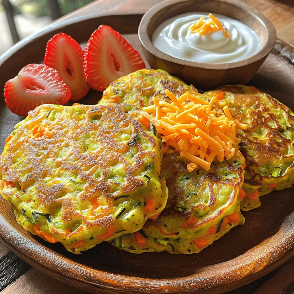 - 1 cup whole wheat flour - 1 cup grated zucchini - 1/2 cup grated carrot - 1/2 cup shredded cheddar cheese - 2 large eggs - 1/2 cup milk (or your preferred non-dairy milk) - 1 teaspoon baking powder - 1/2 teaspoon garlic powder - 1/2 teaspoon salt - 1 tablespoon olive oil (for cooking) These ingredients come together to create a tasty meal. The whole wheat flour gives fiber and a nice texture. Grated zucchini and carrot add moisture and nutrients. Cheddar cheese makes the pancakes cheesy and delicious. Eggs and milk bind the mix while adding protein. Baking powder helps the pancakes rise. Garlic powder and salt bring out all the flavors. Olive oil is perfect for cooking these pancakes to a golden brown. - Whole wheat flour: Rich in fiber, supports digestion. - Zucchini: Low in calories, high in vitamins A and C. - Carrot: Full of beta-carotene, good for vision. - Cheddar cheese: Offers calcium and protein for strong bones. - Eggs: Packed with protein, essential for growth. - Milk: Provides calcium and hydration. - Baking powder: Helps with rising, no calories. - Garlic powder: Adds flavor, may boost immunity. - Salt: Enhances taste but use sparingly. - Olive oil: Healthy fat, good for heart health. This mix not only fuels your toddler but also supports their growth. With these nutrients, you can feel good about what’s on their plate. - Look for firm zucchinis with a shiny skin. - Choose carrots that are bright orange and crisp. - Avoid any vegetables with soft spots or bruises. - Check for freshness by smelling the produce; it should smell fresh, not musty. - Buy organic when possible to avoid pesticides. - Seasonal veggies often taste better and cost less. Fresh produce makes a big difference in taste and nutrition. When you pick the best, you set your toddler up for a yummy meal. For the full recipe, check out Cheesy Veggie Pancakes. Start by gathering your ingredients. In a large bowl, combine the whole wheat flour, baking powder, garlic powder, and salt. Use a whisk to mix them well. This step ensures even taste in every bite. Next, take another bowl and crack the two large eggs. Whisk them with the milk until they blend smoothly. This mixture will make your pancakes fluffy and light. Now, add the grated zucchini, grated carrot, and shredded cheddar cheese to the egg mixture. Stir everything until well combined. You want to see the veggies and cheese evenly spread throughout. Then, gently fold the dry mixture into the wet ingredients. Mix until just combined; avoid overmixing, or your pancakes may turn tough. Heat a non-stick skillet over medium heat and add 1 tablespoon of olive oil. Allow it to shimmer before cooking. Pour about 1/4 cup of batter into the skillet for each pancake. Leave some space between them to spread. Cook for 2-3 minutes until small bubbles form on the surface. Flip them carefully once golden brown. Cook for another 2-3 minutes until both sides are cooked. Repeat this with the rest of your batter, adding more oil as needed. Enjoy your Cheesy Veggie Pancakes warm, served with fresh fruit and yogurt. To make your pancakes fluffy, use fresh baking powder. Mix dry and wet ingredients gently. Overmixing can make them tough. Let the batter rest for about five minutes before cooking. This helps the gluten relax and creates a lighter texture. Get creative with shapes! Use cookie cutters to make fun pancake shapes. Add colorful fruit on top for a splash of color. You can create a smiley face with banana slices and blueberries. Engaging their imagination makes meals exciting. If your toddler is a picky eater, offer dips. Serve yogurt, applesauce, or maple syrup in small bowls. This encourages them to experiment. Pair pancakes with a side of fresh fruit. Slices of strawberries or bananas can make the plate look appealing. For a balanced meal, you can add a protein, like scrambled eggs, on the side. These tips can turn simple meals into enjoyable experiences. Try the full recipe for Cheesy Veggie Pancakes for a delightful dinner option! {{image_4}} You can make Cheesy Veggie Pancakes even more fun by adding different vegetables. Try spinach for a boost of iron. Peppers add a sweet crunch. Sweet potatoes bring a nice, earthy flavor. You can even use peas for a pop of color and sweetness. Just remember to grate or finely chop any veggies you use. It helps them blend well into the batter. If you want to make these pancakes dairy-free, use almond milk or oat milk instead of regular milk. For a gluten-free version, swap out whole wheat flour for a gluten-free blend. There are many options available today. Look for one that you enjoy. You can still add cheese, like a dairy-free cheddar, to keep that cheesy taste. Herbs and spices can make your pancakes really pop! Basil and parsley add freshness. You could also use a pinch of oregano for a savory twist. If your toddler likes mild spice, try a dash of paprika. This gives a warm flavor without being too strong. Experiment with different combinations to find what your child loves the most. After making your cheesy veggie pancakes, you may have some left. To store them, let the pancakes cool completely. Then, stack them with parchment paper between each one. Place the stack in an airtight container. This method keeps them fresh and prevents sticking. To reheat your pancakes, use a microwave or skillet. For the microwave, place one pancake on a plate and heat it for about 20-30 seconds. If you prefer a skillet, warm it over medium heat for 1-2 minutes on each side. This keeps the pancakes soft and tasty. You can freeze these pancakes for later use. After cooling, place them in a single layer on a baking sheet. Freeze until solid, then transfer to a freezer-safe bag. When you want to eat them, take out the number you need and let them thaw in the fridge overnight. You can also reheat them directly from the freezer. Just add a few extra seconds in the microwave. Enjoy these easy dinners with your little ones! For the full recipe, check out the detailed instructions above. Yes, you can make these pancakes ahead of time. Just cook them, then cool them down. Store them in an airtight container in the fridge. They will stay fresh for up to three days. When you are ready to eat, just reheat them in the microwave or on a skillet. This makes meal prep easy for busy nights! You can serve these pancakes with many sides. Fresh fruit slices, like strawberries or bananas, add a sweet touch. A small bowl of yogurt makes a creamy dip. You could also add a drizzle of honey for extra sweetness. If your toddler likes it, a sprinkle of cinnamon can be a fun twist! To boost the nutrition of these pancakes, try adding more veggies. Spinach or finely chopped bell peppers work great. You can also use oats instead of some flour for extra fiber. Adding a spoonful of flaxseed can help too. These changes keep the pancakes tasty while packing in more nutrients for your toddler. These pancakes can be made allergy-friendly. For gluten-free options, use gluten-free flour. You can replace eggs with mashed banana or flaxseed meal mixed with water. If dairy is a concern, use non-dairy milk and dairy-free cheese. Always check labels to ensure safety for your child’s needs. These Cheesy Veggie Pancakes are easy to make and fun to eat. We covered the key ingredients, nutrition facts, and how to pick fresh veggies. I shared step-by-step instructions to help you cook perfect pancakes every time. Also, we explored tips to keep them fluffy and appealing for picky eaters. Remember, you can adjust ingredients for dietary needs. Store leftovers properly to enjoy later. With these tips, you can create meals your family will love. Enjoy making these tasty pancakes and watch everyone come back for more!