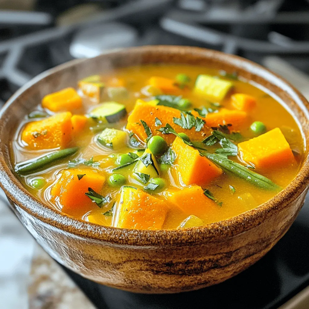 For this Fall Harvest Vegetable Soup, fresh produce is key. Seasonal vegetables bring out the best flavors. I love using: - 1 medium onion, finely diced - 2 cloves garlic, minced - 2 medium carrots, peeled and diced - 2 stalks celery, diced - 1 medium sweet potato, peeled and cut into 1/2-inch cubes - 1 cup butternut squash, peeled and cubed - 1 cup green beans, trimmed and cut into 1-inch lengths - 1 medium zucchini, diced Using organic ingredients is also important. They offer better taste and are better for you. When you buy organic, you avoid harmful chemicals. This makes your soup not just tasty but also healthier. You also need some pantry staples for this soup. These include: - 4 cups low-sodium vegetable broth - 1 can (14 oz) diced tomatoes in juice - 1 tablespoon extra virgin olive oil - 1 teaspoon dried thyme - 1 teaspoon ground cumin - Salt and freshly ground black pepper to taste Spices and seasonings are the heart of this soup. They add depth and warmth to every spoonful. Low-sodium broth keeps it light while still being flavorful. You can use other broths too, but vegetable broth is my favorite. This soup is packed with health benefits. Each ingredient has its own perks: - Onions and garlic boost your immune system. - Carrots are high in beta-carotene, great for your eyes. - Sweet potatoes provide fiber, which is good for digestion. - Butternut squash is full of vitamins A and C. - Green beans are a low-calorie source of fiber. - Zucchini is hydrating and low in carbs. Using seasonal produce makes it even better. Seasonal veggies are fresher and tastier. They contain more nutrients because they are picked at their peak. Eating seasonal food also helps local farmers and reduces your carbon footprint. For the full recipe, check out the details above. To start, gather your fresh vegetables. Use a sharp knife for safety and ease. - Dicing Onion: Cut off both ends. Slice the onion in half. Place the flat side down. Make vertical cuts, then slice horizontally. This gives you fine dice. - Garlic: Smash the clove with the knife. Peel off the skin. Chop finely for a strong flavor. - Carrots and Celery: Cut the ends and peel the carrots. Slice them into even rounds. For celery, slice into small pieces. This helps them cook evenly. - Sweet Potato and Butternut Squash: Cut these into 1/2-inch cubes. This size ensures a nice texture in the soup. - Green Beans and Zucchini: Trim the ends of the beans. Cut into 1-inch pieces. Dice the zucchini into small cubes. To maximize flavor during cooking, always start with the aromatics. Sauté onions and garlic first. This builds a strong base for your soup. 1. Heat the olive oil in a large pot over medium heat. 2. Add the diced onion. Cook for 3-4 minutes until soft. 3. Stir in the minced garlic. Cook for 1 minute until fragrant. 4. Next, add the carrots, celery, sweet potato, and butternut squash. Cook for 5-7 minutes, stirring often. This allows them to soften. 5. After that, mix in the green beans and zucchini. Cook for another 3-4 minutes. Keep stirring for even cooking. 6. Pour in the canned tomatoes with juice and the vegetable broth. Add the thyme and cumin. Stir well to combine all flavors. 7. Increase the heat to bring it to a gentle boil. Once boiling, lower the heat and simmer uncovered for 20-25 minutes. This helps all the flavors blend. After cooking, it’s time to taste. Add salt and pepper to your liking. This step is key for balance. For garnishing, use fresh parsley or basil. Chop it finely and sprinkle on top. This not only adds color but also a fresh taste. This soup is comforting and perfect for fall. It warms you up and fills you up. You can find the full recipe in the article for detailed steps and exact measurements. To boost your soup's flavor, consider adding fresh herbs like rosemary or sage. These herbs bring warmth and depth. You can also add spices like smoked paprika or a pinch of cayenne for some heat. When cooking, use a technique called "sweating." This means cooking onions and garlic slowly to release their flavors. This step builds a solid base for your soup. One common mistake is overcooking vegetables. This can make them mushy and dull in taste. To avoid this, cook them just until tender. Another tip is to season your soup gradually. Start with a little salt and pepper. Taste as you go to find the right balance. This way, you won’t overpower the fresh flavors. For serving, ladle your soup into deep bowls. This adds a nice touch. You can also serve it with crusty bread for dipping. To elevate your soup's appearance, drizzle some olive oil on top right before serving. A sprinkle of fresh herbs makes it look great too. These small touches can turn a simple meal into a feast. You can find the full recipe in the earlier sections. Enjoy making your Fall Harvest Vegetable Soup! {{image_4}} For a vegetarian or vegan soup, choose vegetable broth. You can use homemade or store-bought options. Look for low-sodium varieties to keep the flavor balanced. You can also add plant-based proteins. Chickpeas or tofu work well. They add great texture and protein. To make the soup heartier, mix in beans or lentils. They boost the fiber and protein content. Use canned beans for ease, or cook dried beans in advance. Lentils cook quickly and add a nice bite. You can also use grains for extra texture. Quinoa or barley are great choices. They absorb flavors and make the soup filling. Add them during the cooking process to let them soften. Switch up vegetables based on what’s fresh. In fall, root veggies shine, but in spring, you might add peas or asparagus. This keeps the soup vibrant and seasonal. Also, think about flavor pairings for different seasons. Try adding lemon zest in spring for brightness. In winter, a hint of nutmeg can warm the dish. This keeps your soup exciting all year round. Check out the Full Recipe for more ideas! After enjoying your Fall Harvest Vegetable Soup, store any leftovers in the fridge. Use a clean, airtight container. Glass jars or plastic containers work well. Make sure the soup cools down before sealing. This helps keep it fresh and tasty. To freeze your soup, let it cool completely first. Then, pour it into freezer-safe bags or containers. Leave some space at the top for expansion. Label each bag with the date and type of soup. When you want to eat it, thaw it overnight in the fridge. For quick thawing, place the bag in cold water. Reheating frozen soup is easy. Use a pot on the stove over low heat. Stir often to prevent sticking. You can also use a microwave, but be sure to cover it. Heat in short bursts and stir in between. This keeps the soup from getting too hot in spots. When warming up leftover soup, the stove is best. Pour it into a pot and heat it gently. This way, you keep the flavors intact. If using a microwave, cover the bowl to avoid splatters. After reheating, taste the soup again. You might need to add a little salt or pepper. This helps restore the flavor after storage. If it seems thick, add a splash of vegetable broth or water to loosen it. Enjoy every warm, hearty bite! Fall Harvest Vegetable Soup can last up to five days in the fridge. To keep it fresh, store it in an airtight container. Make sure the soup is cool before sealing the container. This helps keep the flavors intact and prevents spoilage. Check for any signs of spoilage, like off smells or changes in color, before eating. Yes, you can make this soup in advance. I often prepare it a day or two before I plan to serve it. This allows the flavors to mix well. To store, let the soup cool before pouring it into a container. When you’re ready to eat, just reheat it on the stove over low heat. Stir it well to ensure even heating. You may want to add a bit of water or broth to adjust the thickness. To enhance your meal, serve this soup with crusty bread. A simple green salad also works well. You can try a light vinaigrette to add a nice touch. For a heartier option, pair it with grilled cheese sandwiches. These choices complement the soup's flavors and make for a satisfying meal. In this article, we explored the ingredients, cooking steps, and variations for a delicious Fall Harvest Vegetable Soup. We emphasized the value of fresh, organic produce and pantry staples. You learned about preparation, enhancing flavors, and common mistakes to avoid. I shared tips for storing and reheating soup, along with answers to your most frequently asked questions. Remember, cooking is an art, so don't be afraid to make it your own. Enjoy the warmth and comfort of your homemade soup all season long.