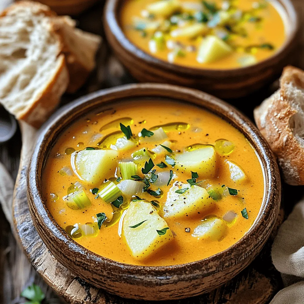 - 4 large russet potatoes, peeled and diced - 1 cup onion, finely chopped - 1 cup celery, chopped - 1 cup green bell pepper, chopped - 3 cloves garlic, minced - 1 tablespoon Cajun seasoning - 1 teaspoon smoked paprika - Salt and pepper to taste - 4 cups vegetable broth - 1 cup heavy cream or coconut milk - 2 tablespoons olive oil When making Cajun potato soup, start with fresh, quality ingredients. The potatoes give the soup its heartiness. I love using russet potatoes because they are creamy and soft when cooked. Dice them into even cubes for even cooking. Next, onions, celery, and green bell pepper add flavor. These three make up what we call the "holy trinity" in Cajun cooking. Chop them finely so they blend well in the soup. Garlic brings in a wonderful aroma and taste. For the seasoning, Cajun seasoning is key. It gives the soup its signature kick. If you want more heat, feel free to adjust to your taste. Smoked paprika adds a warm, smoky flavor that enhances the dish's depth. The liquid ingredients help create a smooth, rich soup. Vegetable broth serves as the base, and heavy cream or coconut milk adds richness. Olive oil helps sauté the veggies, adding healthy fats and flavor. You can find the full recipe for this comforting dish later on. Get ready to enjoy the bold flavors of Cajun potato soup! - Heat 2 tablespoons of olive oil in a large pot over medium heat. - Add 1 cup of finely chopped onion, 1 cup of chopped celery, and 1 cup of chopped green bell pepper. - Sauté these veggies for 5-7 minutes until soft and the onion looks clear. - Next, add 3 cloves of minced garlic to the pot. - Stir in 1 tablespoon of Cajun seasoning and 1 teaspoon of smoked paprika. - Cook this mix for one more minute. This helps the spices bloom and fill the pot with flavor. - Carefully add 4 large russet potatoes, peeled and diced into 1-inch cubes. - Pour in 4 cups of low-sodium vegetable broth. - Bring the mix to a gentle boil over high heat. - Once boiling, reduce heat to low and cover the pot. - Let it simmer for about 15-20 minutes until the potatoes are tender. You can check by piercing them with a fork. - Use a potato masher to mash some of the cooked potatoes right in the pot. - This gives the soup a nice creamy texture while keeping some chunks. - Stir in 1 cup of heavy cream or coconut milk for richness. - Season with salt and black pepper to taste. - Let it simmer for another 5 minutes to meld the flavors. This process creates a creamy and flavorful Cajun potato soup. For the full recipe, check the details above. Enjoy every comforting spoonful! To make your Cajun Potato Soup shine, adjust the Cajun seasoning to fit your taste. Start with one tablespoon, then taste. If you want more spice, add a bit more. Consider using garlic powder or onion powder to boost the flavor. Fresh herbs like thyme or bay leaves can also enhance the depth of the soup. For the best texture, I recommend using russet potatoes. They break down nicely and create a creamy feel. To achieve the perfect creamy consistency, mash some potatoes while leaving others intact. This mix keeps the soup rich and hearty. Pair your soup with warm, crusty bread or savory biscuits. Both add a delightful crunch. For garnishes, top each bowl with fresh parsley or even green onions. These add color and a fresh bite. Enjoy your hearty meal with these simple sides for an even better experience! {{image_4}} You can make a vegan version of this soup by using coconut milk instead of heavy cream. This swap keeps the soup rich and creamy. For a gluten-free option, ensure your broth is gluten-free. Most vegetable broths work well, but always check the label. If you don’t have Cajun seasoning, you can use a mix of paprika, garlic powder, and cayenne pepper. This blend will still give you that spicy kick. Feel free to add proteins like chicken or sausage for a heartier meal. You can also toss in extra veggies, like corn or spinach, to boost nutrition. To explore different herbs, consider adding thyme or bay leaves during cooking. These herbs add depth to the flavor. Smoked meats, like andouille sausage or smoked bacon, can also bring a rich taste to the soup. The smoky flavor pairs well with the potatoes and spices. For the Full Recipe, check out the ingredient list above! To keep your Cajun potato soup fresh, store it in a sealed container. This helps prevent any smells from leaking into your soup. Place the container in your fridge. Your soup will stay good for about 3 to 5 days. Just remember to let it cool down before sealing it up. If you want to save your soup for later, freezing is a great option. Start by letting the soup cool completely. Pour it into freezer-safe containers or bags. Make sure to leave some space at the top for expansion. You can freeze it for up to 3 months. When you’re ready to enjoy it again, thaw it in the fridge overnight. To reheat your soup, you can use a pot on the stove or a microwave. If using the stove, heat it gently over low heat. Stir it often to keep the texture smooth. If using the microwave, heat it in short bursts, stirring in between. This helps prevent separation of the ingredients. Enjoy your comforting bowl of Cajun potato soup! Cajun Potato Soup is quick to make. The prep time takes about 15 minutes. Cooking takes around 30 minutes, for a total of 45 minutes. This time gives you a warm, hearty soup that fills your kitchen with a lovely aroma. Yes, you can customize this soup! You might add different veggies, like carrots or corn. You can also swap the heavy cream for a plant-based option if desired. Feel free to adjust the spices to match your taste. This makes the soup your own! This soup pairs well with crusty bread or savory biscuits. A fresh green salad can also balance the meal. You can add a sprinkle of cheese on top for extra flavor. These sides make your meal feel complete and satisfying. To add heat, use more Cajun seasoning. You can also add diced jalapeños for a kick. A splash of hot sauce can enhance the spice too. Just remember to taste as you go to find your perfect level of heat. Cajun Potato Soup can be healthy! Potatoes provide vitamins and fiber. Using low-sodium broth keeps it heart-friendly. If you choose coconut milk, it's a tasty vegan option. Just watch the cream and oil for calorie counts. A bowl of this soup can be part of a balanced diet. Cajun Potato Soup is a hearty dish made with simple, fresh ingredients. We covered key items like potatoes, vegetables, and spices, plus step-by-step cooking tips. You learned how to elevate flavor and texture with our expert advice. Feel free to make variations to suit your taste and dietary needs. Enjoy this soup warm, knowing you crafted something delicious. Remember, it's perfect for sharing or storing for later. Happy cooking!