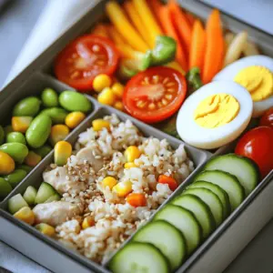 To make Bento Bliss, you'll need these simple ingredients: - 1 cup jasmine rice, cooked according to package instructions - 1/2 cup cooked chicken breast, diced into bite-sized pieces - 1/4 cup sweet corn, either canned or cooked fresh - 1/2 cup cucumber, thinly sliced into rounds - 1/2 cup cherry tomatoes, halved - 1/4 cup baby carrots, cut into sticks - 2 tablespoons low-sodium soy sauce - 1 tablespoon sesame oil - 1 tablespoon sesame seeds - 2 hard-boiled eggs, peeled and cut in half - 1/2 cup shelled edamame - Optional: sheets of seaweed for decorative elements Bento lunches can be nutritious and fun. Each ingredient offers health benefits. For example, jasmine rice gives energy. Chicken breast adds protein for strong muscles. Veggies like cucumber and carrots provide vitamins. Sweet corn is a good source of fiber. Eggs are great for healthy fats. This mix helps kids stay focused and full through the day. Using fresh ingredients makes a big difference. Fresh veggies taste better. They also have more nutrients. When you use fresh chicken, it’s safer and tastier. Kids notice when food looks and smells good. Fresh ingredients make bento lunches colorful and exciting. You can also talk to your kids about where food comes from. This helps them appreciate healthy eating even more. Try to shop local and seasonal. It’s good for you and the planet! To create a tasty Bento Bliss lunch, start with the rice. Cook 1 cup of jasmine rice as per the package instructions. After cooking, fluff it gently with a fork. Add 1 tablespoon of sesame oil and 1 tablespoon of sesame seeds to give it flavor. Let it cool to room temperature. Next, prepare the chicken. In a small bowl, mix 1/2 cup of diced cooked chicken with 2 tablespoons of low-sodium soy sauce. Let it sit for about 10 minutes. This helps the chicken soak in the flavor. While the chicken marinates, hard-boil the eggs. Put 2 eggs in boiling water for 10 minutes. When done, transfer them to cold water to cool. After they cool, peel and slice them in half. Now it’s time for the vegetables. Wash and slice 1/2 cup of cucumber into thin rounds. Halve 1/2 cup of cherry tomatoes and cut 1/4 cup of baby carrots into sticks. If using fresh corn, cook it until tender and cool it. For the rice, remember to fluff it well. This prevents clumping and helps with serving. Always use fresh chicken for the best taste. If you want extra flavor, grill the chicken before dicing it. When boiling eggs, use older eggs for easier peeling. If your kids love crunch, add some toasted nuts or seeds. Fresh vegetables add color and nutrients. Aim for a mix of textures—crunchy, soft, and chewy. Grab your bento box and start with the rice. Place a generous scoop of the seasoned jasmine rice in one section. Next, add the marinated chicken beside the rice. In another section, arrange the cucumber slices, halved cherry tomatoes, sweet corn, and carrot sticks. Make it colorful; kids love that! Nestle the halved hard-boiled eggs next to the chicken. Finally, add a portion of shelled edamame for protein. For fun, use sheets of seaweed to create shapes or faces. This makes the meal exciting and personal for your kids. They’ll love looking forward to lunchtime with this Bento Bliss: Colorful Kids’ Lunchbox. To create a fun bento lunch, focus on colorful ingredients. Use red cherry tomatoes, bright orange carrots, and green cucumber. Mix shapes, like slices and sticks, for variety. You can also use fun food picks or small molds to make shapes. For added flair, sprinkle sesame seeds or use seaweed to create faces. Kids love fun, and a vibrant box makes lunch exciting! To keep your bento lunches fresh, use small containers or silicone cups. These help separate foods and prevent sogginess. Pack foods that stay fresh, like cucumbers and carrots. Avoid packing items that wilt easily. If you use rice, let it cool before packing. This keeps it fluffy and tasty. For protein, like chicken or eggs, ensure they are well-cooked and stored properly. You can save time by preparing bento lunches in advance. Cook rice and protein a day before. Chop veggies and store them in the fridge. In the morning, simply assemble the box. Use the full recipe for Bento Bliss to make it easier. You can mix and match items from your fridge for variety. This way, your kids enjoy fresh meals every day! {{image_4}} If your child is a picky eater, make bentos fun! Use familiar foods in creative ways. For example, cut sandwiches into fun shapes using cookie cutters. Add colorful fruits like strawberries or blueberries in cute cups. You can also create kabobs with cheese cubes, grape tomatoes, and turkey slices. These fun shapes can make them more appealing. Using seasonal ingredients can keep your bentos fresh and exciting. In spring, add bright asparagus and fresh peas. In summer, include juicy watermelon and sweet bell peppers. Fall is great for apple slices and roasted squash. Winter calls for hearty foods like roasted carrots and warm grains. Seasonal foods can also boost nutrition and flavor. Not all kids love chicken or eggs. Offer different proteins like tofu, beans, or nut butter. Try chickpeas for a crunchy option or lentils for a hearty addition. You can also use hard cheese or yogurt for a protein boost. Mixing these proteins keeps lunches varied and helps kids try new tastes. For creative ideas, check out the Full Recipe for Bento Bliss. It gives you a great start for creating fun meals! To keep your bento lunches fresh, use airtight containers. These help stop air from spoiling the food. Store your prepared bento in the fridge until it’s time to eat. If you use rice, keep it separate from wet foods. That way, the rice stays fluffy and dry. Bento boxes come in many shapes and sizes. You can find boxes with sections, which help keep foods apart. This prevents flavors from mixing. Some boxes are insulated to keep food warm or cool. Choose one that fits your child’s lunch needs. For example, a larger box works well for a fuller meal. If you have leftovers, heat them up safely. Use a microwave-safe dish to warm meals. Cover the dish with a lid or a microwave-safe wrap to keep moisture in. Heat in short bursts, checking often. This way, you won’t overcook your food. It's best to eat leftovers within three days for freshness. Enjoy those tasty bento lunches! To keep bento lunches cool, use an insulated lunch bag. You can also add a small ice pack. Place it next to your bento box. This will help keep your food fresh until lunchtime. Another idea is to freeze a water bottle. It can double as a drink and keep your food cool too. Yes, you can make bento lunches the night before. This saves time in the morning. Prepare and pack your food in the bento box. Store it in the fridge overnight. Just make sure to use ingredients that stay fresh. Foods like cooked chicken and rice work well. Easy dessert options for bento boxes include: - Sliced fruits like apples or strawberries - Mini muffins or cookies - Yogurt cups with granola - Small pieces of dark chocolate - Dried fruits like apricots or raisins These choices add sweetness without needing much prep. They fit well in any bento box, making lunchtime fun. For more details, check the Full Recipe for Bento Bliss. Bento lunches offer a fun, tasty way to eat well. We covered the key ingredients, cooking steps, and tips to keep meals fresh and appealing. You can adapt these ideas for picky eaters or different seasons. Remember to store your bento boxes properly for the best flavor. With a little planning, you can enjoy delicious meals that excite your taste buds. Try these tips to make your bento experience enjoyable and easy!