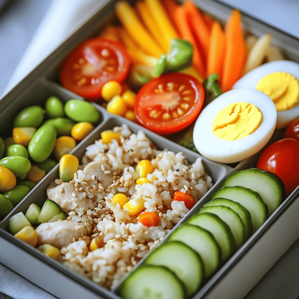 To make Bento Bliss, you'll need these simple ingredients: - 1 cup jasmine rice, cooked according to package instructions - 1/2 cup cooked chicken breast, diced into bite-sized pieces - 1/4 cup sweet corn, either canned or cooked fresh - 1/2 cup cucumber, thinly sliced into rounds - 1/2 cup cherry tomatoes, halved - 1/4 cup baby carrots, cut into sticks - 2 tablespoons low-sodium soy sauce - 1 tablespoon sesame oil - 1 tablespoon sesame seeds - 2 hard-boiled eggs, peeled and cut in half - 1/2 cup shelled edamame - Optional: sheets of seaweed for decorative elements Bento lunches can be nutritious and fun. Each ingredient offers health benefits. For example, jasmine rice gives energy. Chicken breast adds protein for strong muscles. Veggies like cucumber and carrots provide vitamins. Sweet corn is a good source of fiber. Eggs are great for healthy fats. This mix helps kids stay focused and full through the day. Using fresh ingredients makes a big difference. Fresh veggies taste better. They also have more nutrients. When you use fresh chicken, it’s safer and tastier. Kids notice when food looks and smells good. Fresh ingredients make bento lunches colorful and exciting. You can also talk to your kids about where food comes from. This helps them appreciate healthy eating even more. Try to shop local and seasonal. It’s good for you and the planet! To create a tasty Bento Bliss lunch, start with the rice. Cook 1 cup of jasmine rice as per the package instructions. After cooking, fluff it gently with a fork. Add 1 tablespoon of sesame oil and 1 tablespoon of sesame seeds to give it flavor. Let it cool to room temperature. Next, prepare the chicken. In a small bowl, mix 1/2 cup of diced cooked chicken with 2 tablespoons of low-sodium soy sauce. Let it sit for about 10 minutes. This helps the chicken soak in the flavor. While the chicken marinates, hard-boil the eggs. Put 2 eggs in boiling water for 10 minutes. When done, transfer them to cold water to cool. After they cool, peel and slice them in half. Now it’s time for the vegetables. Wash and slice 1/2 cup of cucumber into thin rounds. Halve 1/2 cup of cherry tomatoes and cut 1/4 cup of baby carrots into sticks. If using fresh corn, cook it until tender and cool it. For the rice, remember to fluff it well. This prevents clumping and helps with serving. Always use fresh chicken for the best taste. If you want extra flavor, grill the chicken before dicing it. When boiling eggs, use older eggs for easier peeling. If your kids love crunch, add some toasted nuts or seeds. Fresh vegetables add color and nutrients. Aim for a mix of textures—crunchy, soft, and chewy. Grab your bento box and start with the rice. Place a generous scoop of the seasoned jasmine rice in one section. Next, add the marinated chicken beside the rice. In another section, arrange the cucumber slices, halved cherry tomatoes, sweet corn, and carrot sticks. Make it colorful; kids love that! Nestle the halved hard-boiled eggs next to the chicken. Finally, add a portion of shelled edamame for protein. For fun, use sheets of seaweed to create shapes or faces. This makes the meal exciting and personal for your kids. They’ll love looking forward to lunchtime with this Bento Bliss: Colorful Kids’ Lunchbox. To create a fun bento lunch, focus on colorful ingredients. Use red cherry tomatoes, bright orange carrots, and green cucumber. Mix shapes, like slices and sticks, for variety. You can also use fun food picks or small molds to make shapes. For added flair, sprinkle sesame seeds or use seaweed to create faces. Kids love fun, and a vibrant box makes lunch exciting! To keep your bento lunches fresh, use small containers or silicone cups. These help separate foods and prevent sogginess. Pack foods that stay fresh, like cucumbers and carrots. Avoid packing items that wilt easily. If you use rice, let it cool before packing. This keeps it fluffy and tasty. For protein, like chicken or eggs, ensure they are well-cooked and stored properly. You can save time by preparing bento lunches in advance. Cook rice and protein a day before. Chop veggies and store them in the fridge. In the morning, simply assemble the box. Use the full recipe for Bento Bliss to make it easier. You can mix and match items from your fridge for variety. This way, your kids enjoy fresh meals every day! {{image_4}} If your child is a picky eater, make bentos fun! Use familiar foods in creative ways. For example, cut sandwiches into fun shapes using cookie cutters. Add colorful fruits like strawberries or blueberries in cute cups. You can also create kabobs with cheese cubes, grape tomatoes, and turkey slices. These fun shapes can make them more appealing. Using seasonal ingredients can keep your bentos fresh and exciting. In spring, add bright asparagus and fresh peas. In summer, include juicy watermelon and sweet bell peppers. Fall is great for apple slices and roasted squash. Winter calls for hearty foods like roasted carrots and warm grains. Seasonal foods can also boost nutrition and flavor. Not all kids love chicken or eggs. Offer different proteins like tofu, beans, or nut butter. Try chickpeas for a crunchy option or lentils for a hearty addition. You can also use hard cheese or yogurt for a protein boost. Mixing these proteins keeps lunches varied and helps kids try new tastes. For creative ideas, check out the Full Recipe for Bento Bliss. It gives you a great start for creating fun meals! To keep your bento lunches fresh, use airtight containers. These help stop air from spoiling the food. Store your prepared bento in the fridge until it’s time to eat. If you use rice, keep it separate from wet foods. That way, the rice stays fluffy and dry. Bento boxes come in many shapes and sizes. You can find boxes with sections, which help keep foods apart. This prevents flavors from mixing. Some boxes are insulated to keep food warm or cool. Choose one that fits your child’s lunch needs. For example, a larger box works well for a fuller meal. If you have leftovers, heat them up safely. Use a microwave-safe dish to warm meals. Cover the dish with a lid or a microwave-safe wrap to keep moisture in. Heat in short bursts, checking often. This way, you won’t overcook your food. It's best to eat leftovers within three days for freshness. Enjoy those tasty bento lunches! To keep bento lunches cool, use an insulated lunch bag. You can also add a small ice pack. Place it next to your bento box. This will help keep your food fresh until lunchtime. Another idea is to freeze a water bottle. It can double as a drink and keep your food cool too. Yes, you can make bento lunches the night before. This saves time in the morning. Prepare and pack your food in the bento box. Store it in the fridge overnight. Just make sure to use ingredients that stay fresh. Foods like cooked chicken and rice work well. Easy dessert options for bento boxes include: - Sliced fruits like apples or strawberries - Mini muffins or cookies - Yogurt cups with granola - Small pieces of dark chocolate - Dried fruits like apricots or raisins These choices add sweetness without needing much prep. They fit well in any bento box, making lunchtime fun. For more details, check the Full Recipe for Bento Bliss. Bento lunches offer a fun, tasty way to eat well. We covered the key ingredients, cooking steps, and tips to keep meals fresh and appealing. You can adapt these ideas for picky eaters or different seasons. Remember to store your bento boxes properly for the best flavor. With a little planning, you can enjoy delicious meals that excite your taste buds. Try these tips to make your bento experience enjoyable and easy!