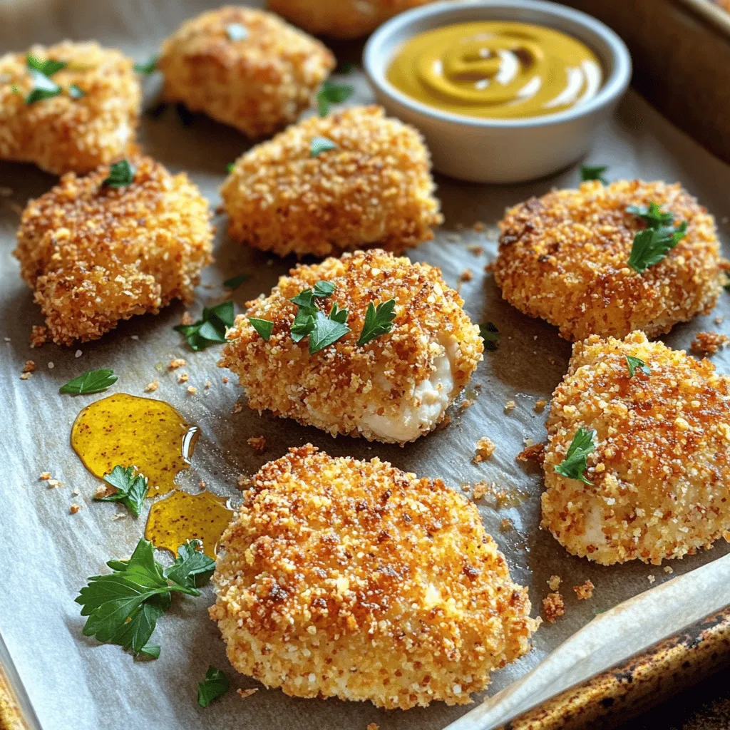 To make these tasty chicken nuggets, you'll need a few key ingredients: - 1 lb boneless, skinless chicken breasts, cut into bite-sized pieces - 1 cup whole wheat bread crumbs - 1/2 cup finely grated parmesan cheese - 1 teaspoon garlic powder - 1 teaspoon onion powder - 1 teaspoon smoked paprika - 1/2 teaspoon freshly ground black pepper - 1/2 teaspoon sea salt - 2 large eggs - 1 tablespoon extra virgin olive oil - Cooking spray These ingredients provide great flavor and a crispy texture. Whole wheat bread crumbs add fiber, while parmesan gives a rich taste. You can swap some ingredients for an even healthier option. Use almond flour instead of bread crumbs for gluten-free nuggets. If you're avoiding cheese, try nutritional yeast for a cheesy flavor. For a lighter option, use egg whites instead of whole eggs. These small changes can make your nuggets even better for you! Each serving of these chicken nuggets packs a punch. Here’s a quick look at the nutritional info: - Calories: 250 - Protein: 30g - Carbohydrates: 20g - Fat: 10g - Fiber: 3g This makes for a balanced meal! You can enjoy them guilt-free. For the full recipe, check the earlier section. First, gather your ingredients. You will need chicken breasts, whole wheat bread crumbs, and spices. Also, have eggs and olive oil ready. Preheat your oven to 400°F (200°C). This helps the nuggets cook evenly. 1. Prepare the baking sheet. Line it with parchment paper and spray lightly with cooking spray. 2. Mix the dry ingredients. In a bowl, combine whole wheat bread crumbs, parmesan cheese, garlic powder, onion powder, smoked paprika, black pepper, and sea salt. Stir well. 3. Prepare the egg mixture. In another bowl, crack two eggs and add one tablespoon of olive oil. Whisk until smooth. 4. Coat the chicken. Dip each chicken piece into the egg mixture, letting the extra drip off. Then roll it in the breadcrumb mix. Press down gently to help the crumbs stick. 5. Arrange on the sheet. Place the coated chicken nuggets on your baking sheet. Leave space between each one for even cooking. 6. Spray the tops. Lightly spray the nuggets with cooking spray. This helps them get crispy. 7. Bake. Put the baking sheet in the oven for 15-20 minutes. Flip the nuggets halfway through for a nice golden finish. 8. Cool and serve. Once done, let the nuggets cool for a few minutes before enjoying. To cook evenly, keep nuggets similar in size. Use a meat thermometer to check if the chicken reaches 165°F (74°C). This ensures all pieces are safe to eat. Also, avoid overcrowding the baking sheet. Proper air circulation helps them crisp up nicely. To make your chicken nuggets super crispy, use whole wheat bread crumbs. They add texture and flavor. Make sure to coat them well in the breading mix. A light spray of cooking oil helps too. This step encourages a golden finish. Don’t overcrowd the baking sheet; give them space. Air needs to flow for even cooking. One common mistake is skipping the egg wash. It helps the breading stick. Another mistake is not preheating the oven. A hot oven ensures the nuggets cook right. Flipping them halfway is key. This makes both sides crispy. Lastly, avoid overcooking. Check the chicken to ensure it's fully cooked but not dry. Store leftover chicken nuggets in an airtight container. They keep well in the fridge for up to three days. For reheating, use an oven instead of a microwave. The oven keeps them crispy. Preheat your oven to 375°F (190°C). Bake for about 10 minutes. This way, they regain their crunch. Enjoy your delicious homemade healthy chicken nuggets again! For the complete recipe, check out the Full Recipe. {{image_4}} You can boost the flavor of your chicken nuggets by adding spices and herbs. Try using: - Cumin for a warm, earthy taste. - Oregano for a hint of Mediterranean flair. - Chili powder for some heat. - Dried thyme for a fresh, herby note. Mix these spices into your breadcrumb coating for unique flavors. You can also add fresh herbs, like parsley or basil, for a pop of freshness. If you need a gluten-free option, swap whole wheat breadcrumbs for gluten-free breadcrumbs. You can make your own using ground oats or rice. For a vegan twist, use: - Chickpea flour mixed with water instead of eggs. - Nutritional yeast instead of Parmesan cheese. These changes keep the nuggets tasty while catering to dietary needs. Dipping sauces can enhance your chicken nuggets. Here are some popular choices: - Honey mustard for a sweet and tangy flavor. - Barbecue sauce for a smoky, rich taste. - Ranch dressing for a creamy, herby option. - Salsa for a fresh kick. Feel free to mix and match sauces to find your favorite pairings! To keep your homemade chicken nuggets fresh, store them in an airtight container. Let them cool before sealing. This helps prevent moisture buildup. Keep the container in the fridge for up to three days. If you want to keep them longer, freezing is a great option. To freeze your nuggets, first, let them cool completely. Then, arrange them on a baking sheet in a single layer. Freeze until solid, about one to two hours. Once frozen, transfer them to a freezer bag. Label the bag with the date for easy reference. Homemade chicken nuggets can last up to three months in the freezer. When you’re ready to enjoy your frozen nuggets, preheat your oven to 400°F (200°C). Spread the nuggets on a baking sheet. Bake for 15-20 minutes until they are hot and crispy. If you’re using fresh nuggets, just reheat them in the same way for about 10-15 minutes. This keeps them crunchy and delicious. To make chicken nuggets healthier, choose lean chicken and whole wheat crumbs. Use less oil and cheese. You can also add spices for flavor instead of extra fat. This way, you keep taste while cutting down on calories. Yes, you can air fry these nuggets! Preheat your air fryer to 400°F (200°C). Place the nuggets in a single layer in the fryer basket. Cook for about 10-12 minutes, flipping halfway through. This method gives them a crispy exterior and juicy inside without much oil. Many sauces go well with chicken nuggets. Here are some favorites: - Honey mustard - BBQ sauce - Ketchup - Ranch dressing - Sweet and sour sauce Feel free to mix and match based on your taste! Check if the chicken nuggets are done by cutting one open. The inside should be white, not pink. You can also use a meat thermometer. The safe cooking temperature for chicken is 165°F (75°C). When they are crispy and golden, they are ready to enjoy! Homemade chicken nuggets can be healthy and tasty. We explored key ingredients, cooking steps, and storage tips. You can use healthier swaps and make them gluten-free or vegan. Remember to add spices for flavor and crispiness. Store any extras safely for later. With these insights, you can create delicious chicken nuggets anytime. Enjoy the process and make your meals memorable. Your cooking journey starts now!