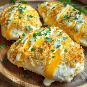 Here are the simple and tasty ingredients for Baked Ranch Chicken. You can find all these items at your local grocery store. - 4 boneless, skinless chicken breasts - 1 packet ranch dressing mix - 1 cup plain Greek yogurt - 1 cup breadcrumbs (preferably panko) - 1 cup shredded sharp cheddar cheese - 1 teaspoon garlic powder - 1 teaspoon onion powder - Salt and freshly ground black pepper to taste - Fresh herbs for garnish (parsley or chives) Each ingredient plays a key role in bringing flavor and texture to this dish. The ranch dressing mix gives a zesty punch, while the Greek yogurt keeps the chicken moist. Using panko breadcrumbs creates a crispy crust that everyone will love. Don't skip the fresh herbs; they add a bright finish to the meal. For the full recipe, you can refer to the details I provided earlier. - Preheat your oven to 400°F (200°C) and grease a 9x13 inch baking dish. - In a bowl, mix the plain Greek yogurt with ranch dressing mix, garlic powder, onion powder, and a pinch of salt and pepper. Stir until smooth. - Take each chicken breast and dip it in the ranch mixture. Make sure it’s coated well on all sides. - In another bowl, combine the breadcrumbs and half of the shredded cheddar cheese. Mix until even. - Roll each chicken breast in the breadcrumb mixture. Press gently to coat fully. Place the chicken in the baking dish. - Sprinkle the remaining cheddar cheese over the chicken for a cheesy topping. - Bake the chicken for 25-30 minutes. It should reach an internal temperature of 165°F (75°C). The top should be golden brown. - Let the chicken rest for a few minutes after baking. This keeps it juicy. - Before serving, garnish with fresh herbs like parsley or chives for extra flavor. For a full recipe, refer to Baked Ranch Chicken Delight. - Ensuring flavor absorption with marinating: To get the best flavor, marinate the chicken. After coating the chicken with the ranch yogurt mix, let it sit for at least 30 minutes. This helps the chicken soak up all the tasty flavors. - Adjusting seasoning to taste: Everyone has different taste buds. Feel free to add more salt, pepper, or garlic powder. Taste as you go to find the mix you love best. - Tips for achieving a crispy top: For a crunchy top, use panko breadcrumbs. They add extra texture and crispness. Make sure to press the breadcrumbs onto the chicken for a good coating before baking. - Best side dishes to serve with baked ranch chicken: This dish pairs well with roasted vegetables, mashed potatoes, or a fresh salad. You can also serve it with rice or quinoa for a complete meal. - Ideas for complementing sauces or dips: A drizzle of ranch dressing or a side of barbecue sauce works great. You can also try a tangy yogurt sauce or a spicy aioli for an extra kick. {{image_4}} You can change the main protein in this dish. Instead of chicken breasts, try thighs or drumsticks. These cuts are juicier and can add more flavor. You can also use turkey if you want a leaner option. Another fun swap is the yogurt. Instead of plain Greek yogurt, try a flavored yogurt. Ranch or garlic yogurt can bring a fun twist. You can also explore other dressings like blue cheese or Italian. Each will give the dish a new taste. If you want a healthier option, consider air frying. It gives you crispy results without much oil. Preheat your air fryer and cook the chicken for about 20 minutes. Check that it reaches 165°F (75°C) for safety. Grilling is another great method, especially in summer. Marinate the chicken in the ranch yogurt mix first. Then grill it over medium heat. This will give you smoky flavors and a nice char. Grilled chicken pairs well with fresh veggies, too! For more ideas, check out the Full Recipe. To keep your baked ranch chicken fresh, follow these steps: - Cool the chicken to room temperature. - Place it in an airtight container. - Store it in the fridge for up to three days. For longer storage, you can freeze it. Just wrap the chicken tightly in foil or plastic wrap before placing it in a freezer bag. This way, it can last up to three months. Reheating baked ranch chicken properly keeps it moist and tasty. Here are the best methods: - Oven Method: Preheat your oven to 350°F (175°C). Place the chicken in a baking dish. Cover it with foil to keep moisture in. Heat for about 20 minutes or until warm. - Microwave Method: Put the chicken on a microwave-safe plate. Cover it with a damp paper towel. Heat in short bursts, about 1-2 minutes, checking often to avoid drying it out. To keep the flavor and moisture, always cover the chicken while reheating. You can also add a little water or broth to the dish before warming it up. This helps prevent it from becoming dry. Enjoy your flavorful meal again! How long does baked ranch chicken take to cook? Baked ranch chicken usually takes about 25 to 30 minutes to cook. This gives you time to prepare sides. What temperature should the chicken reach? The chicken should reach an internal temperature of 165°F (75°C). This ensures it is safe to eat. Can I make this recipe ahead of time? Yes, you can prepare the chicken ahead of time. Just coat it, cover it, and store it in the fridge. Is it possible to freeze baked ranch chicken? Absolutely! You can freeze baked ranch chicken. Just wrap it tightly and it will keep for up to three months. Caloric content per serving Each serving of baked ranch chicken has about 400 calories. This can vary based on serving size. Breakdown of macronutrients (fat, protein, carbs) - Fat: 20 grams - Protein: 36 grams - Carbohydrates: 18 grams Can I use low-fat yogurt? Yes, you can use low-fat yogurt instead of plain Greek yogurt. It will still taste great. Alternatives for breadcrumbs if gluten-free? If you need a gluten-free option, use crushed gluten-free crackers or almond flour. Both work well. This recipe for baked ranch chicken is simple and full of flavor. We covered the key ingredients, detailed steps, and helpful tips for making it perfect. Plus, we explored yummy variations and storage methods. You can make it your own by swapping proteins or trying different cooking methods. With this easy dish, dinner is worry-free. Enjoy your tasty baked ranch chicken and impress family and friends!