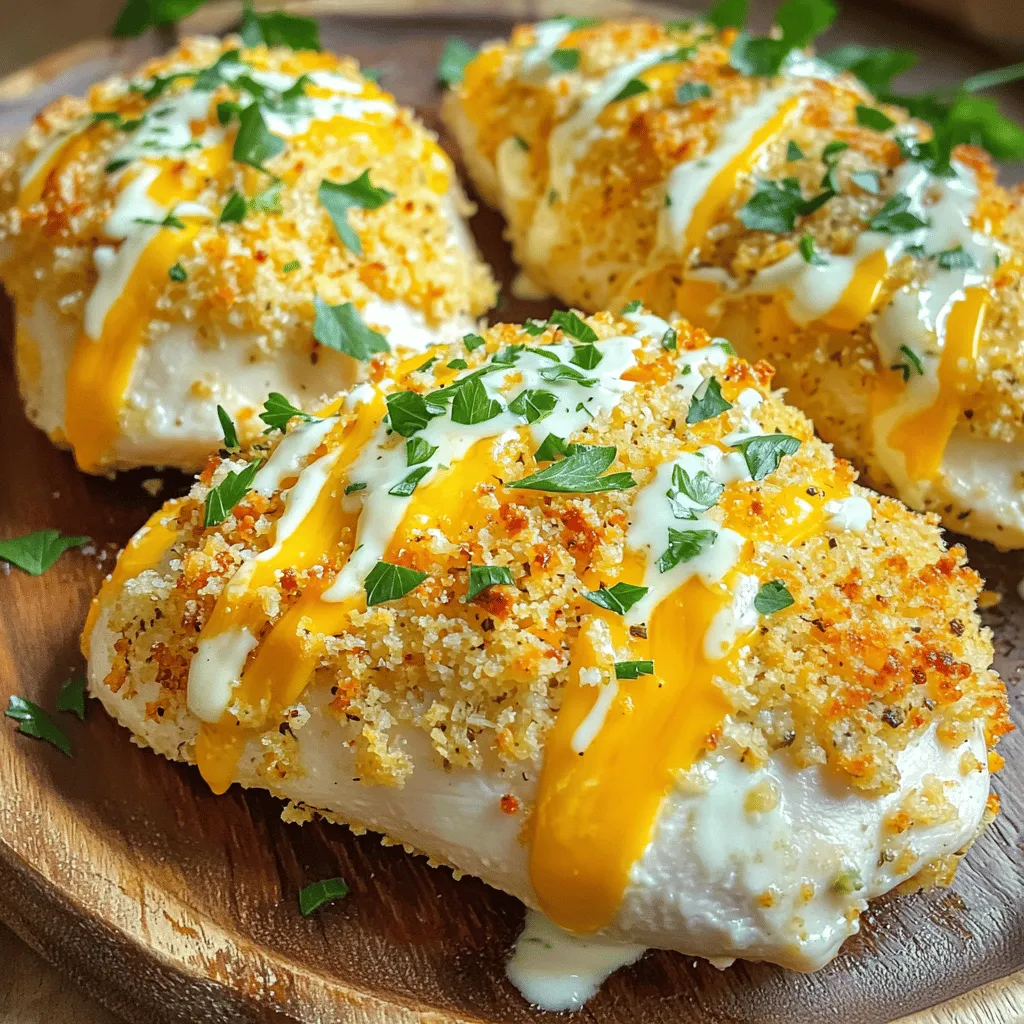 Here are the simple and tasty ingredients for Baked Ranch Chicken. You can find all these items at your local grocery store. - 4 boneless, skinless chicken breasts - 1 packet ranch dressing mix - 1 cup plain Greek yogurt - 1 cup breadcrumbs (preferably panko) - 1 cup shredded sharp cheddar cheese - 1 teaspoon garlic powder - 1 teaspoon onion powder - Salt and freshly ground black pepper to taste - Fresh herbs for garnish (parsley or chives) Each ingredient plays a key role in bringing flavor and texture to this dish. The ranch dressing mix gives a zesty punch, while the Greek yogurt keeps the chicken moist. Using panko breadcrumbs creates a crispy crust that everyone will love. Don't skip the fresh herbs; they add a bright finish to the meal. For the full recipe, you can refer to the details I provided earlier. - Preheat your oven to 400°F (200°C) and grease a 9x13 inch baking dish. - In a bowl, mix the plain Greek yogurt with ranch dressing mix, garlic powder, onion powder, and a pinch of salt and pepper. Stir until smooth. - Take each chicken breast and dip it in the ranch mixture. Make sure it’s coated well on all sides. - In another bowl, combine the breadcrumbs and half of the shredded cheddar cheese. Mix until even. - Roll each chicken breast in the breadcrumb mixture. Press gently to coat fully. Place the chicken in the baking dish. - Sprinkle the remaining cheddar cheese over the chicken for a cheesy topping. - Bake the chicken for 25-30 minutes. It should reach an internal temperature of 165°F (75°C). The top should be golden brown. - Let the chicken rest for a few minutes after baking. This keeps it juicy. - Before serving, garnish with fresh herbs like parsley or chives for extra flavor. For a full recipe, refer to Baked Ranch Chicken Delight. - Ensuring flavor absorption with marinating: To get the best flavor, marinate the chicken. After coating the chicken with the ranch yogurt mix, let it sit for at least 30 minutes. This helps the chicken soak up all the tasty flavors. - Adjusting seasoning to taste: Everyone has different taste buds. Feel free to add more salt, pepper, or garlic powder. Taste as you go to find the mix you love best. - Tips for achieving a crispy top: For a crunchy top, use panko breadcrumbs. They add extra texture and crispness. Make sure to press the breadcrumbs onto the chicken for a good coating before baking. - Best side dishes to serve with baked ranch chicken: This dish pairs well with roasted vegetables, mashed potatoes, or a fresh salad. You can also serve it with rice or quinoa for a complete meal. - Ideas for complementing sauces or dips: A drizzle of ranch dressing or a side of barbecue sauce works great. You can also try a tangy yogurt sauce or a spicy aioli for an extra kick. {{image_4}} You can change the main protein in this dish. Instead of chicken breasts, try thighs or drumsticks. These cuts are juicier and can add more flavor. You can also use turkey if you want a leaner option. Another fun swap is the yogurt. Instead of plain Greek yogurt, try a flavored yogurt. Ranch or garlic yogurt can bring a fun twist. You can also explore other dressings like blue cheese or Italian. Each will give the dish a new taste. If you want a healthier option, consider air frying. It gives you crispy results without much oil. Preheat your air fryer and cook the chicken for about 20 minutes. Check that it reaches 165°F (75°C) for safety. Grilling is another great method, especially in summer. Marinate the chicken in the ranch yogurt mix first. Then grill it over medium heat. This will give you smoky flavors and a nice char. Grilled chicken pairs well with fresh veggies, too! For more ideas, check out the Full Recipe. To keep your baked ranch chicken fresh, follow these steps: - Cool the chicken to room temperature. - Place it in an airtight container. - Store it in the fridge for up to three days. For longer storage, you can freeze it. Just wrap the chicken tightly in foil or plastic wrap before placing it in a freezer bag. This way, it can last up to three months. Reheating baked ranch chicken properly keeps it moist and tasty. Here are the best methods: - Oven Method: Preheat your oven to 350°F (175°C). Place the chicken in a baking dish. Cover it with foil to keep moisture in. Heat for about 20 minutes or until warm. - Microwave Method: Put the chicken on a microwave-safe plate. Cover it with a damp paper towel. Heat in short bursts, about 1-2 minutes, checking often to avoid drying it out. To keep the flavor and moisture, always cover the chicken while reheating. You can also add a little water or broth to the dish before warming it up. This helps prevent it from becoming dry. Enjoy your flavorful meal again! How long does baked ranch chicken take to cook? Baked ranch chicken usually takes about 25 to 30 minutes to cook. This gives you time to prepare sides. What temperature should the chicken reach? The chicken should reach an internal temperature of 165°F (75°C). This ensures it is safe to eat. Can I make this recipe ahead of time? Yes, you can prepare the chicken ahead of time. Just coat it, cover it, and store it in the fridge. Is it possible to freeze baked ranch chicken? Absolutely! You can freeze baked ranch chicken. Just wrap it tightly and it will keep for up to three months. Caloric content per serving Each serving of baked ranch chicken has about 400 calories. This can vary based on serving size. Breakdown of macronutrients (fat, protein, carbs) - Fat: 20 grams - Protein: 36 grams - Carbohydrates: 18 grams Can I use low-fat yogurt? Yes, you can use low-fat yogurt instead of plain Greek yogurt. It will still taste great. Alternatives for breadcrumbs if gluten-free? If you need a gluten-free option, use crushed gluten-free crackers or almond flour. Both work well. This recipe for baked ranch chicken is simple and full of flavor. We covered the key ingredients, detailed steps, and helpful tips for making it perfect. Plus, we explored yummy variations and storage methods. You can make it your own by swapping proteins or trying different cooking methods. With this easy dish, dinner is worry-free. Enjoy your tasty baked ranch chicken and impress family and friends!