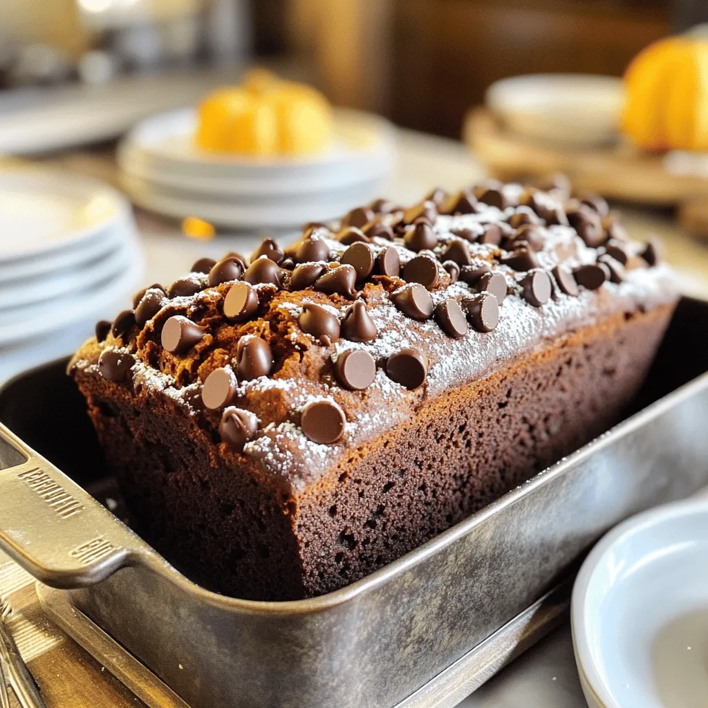 - 1 ½ cups canned pumpkin puree - 1 cup granulated sugar - ½ cup packed brown sugar - ½ cup vegetable oil - 2 large eggs - 1 teaspoon vanilla extract - 2 cups all-purpose flour - ½ cup unsweetened cocoa powder - 1 teaspoon baking soda - ½ teaspoon baking powder - 1 teaspoon salt - 1 teaspoon ground cinnamon - ½ teaspoon ground nutmeg - ½ cup semi-sweet or dark chocolate chips Each ingredient in this recipe plays a key role. The pumpkin puree gives the bread its moist texture and subtle sweetness. The sugars, both granulated and brown, add depth of flavor. The vegetable oil keeps the bread tender. Eggs help bind everything together while adding richness. Flour is the base, and cocoa powder gives it that rich chocolate taste. Baking soda and baking powder help it rise, ensuring a soft crumb. Salt enhances all the flavors, while cinnamon and nutmeg add warmth and spice. Finally, the chocolate chips provide delightful bursts of chocolate in every bite. - Gluten-free flour alternative - Dairy-free chocolate chips - Nuts or seeds for added texture You can easily adapt this recipe. If you want a gluten-free option, use a gluten-free flour blend. Substitute dairy-free chocolate chips for a vegan twist. Adding nuts or seeds gives the bread extra crunch and flavor. You can make this recipe truly your own! For the full recipe, check out the details. - Preheat your oven to 350°F (175°C). - Grease a 9x5-inch loaf pan or line it with parchment paper. - In a large bowl, mix the canned pumpkin puree, granulated sugar, brown sugar, vegetable oil, eggs, and vanilla extract. Whisk until smooth. - In another bowl, sift together flour, cocoa powder, baking soda, baking powder, salt, cinnamon, and nutmeg. - Slowly add the dry mix to the wet mix. Stir gently to combine. - It is okay to have some lumps; don’t overmix! - Carefully fold in the chocolate chips. You can save a few for the top. - Pour the batter into the loaf pan, smoothing the top. - If you saved chocolate chips, sprinkle them on top. - Bake for 60-70 minutes. Check doneness with a toothpick; it should come out clean. - After baking, cool in the pan for 10 minutes. Then, move it to a wire rack to cool completely. Follow these steps, and you'll have a warm, moist chocolate pumpkin bread. For the full recipe, refer to the earlier section. To make this moist chocolate pumpkin bread, keep a few tips in mind. First, avoid overmixing the batter. This keeps the bread light and fluffy. Stir the batter until just combined. It is okay if some lumps remain. Second, measure your flour accurately. Too much flour can make the bread dry. Use a spoon to fluff the flour. Then, scoop it into your measuring cup and level it off with a knife. Third, use room temperature ingredients. This helps them mix well, creating a smooth batter. Dusting the bread with powdered sugar can add a lovely touch. It gives a nice sweetness to each slice. You can also pair the bread with whipped cream or ice cream for a rich dessert. The creamy texture complements the chocolate and pumpkin flavors. For drinks, enjoy the bread with hot coffee or tea. A glass of cold milk works well too. These options enhance the flavors and make your meal special. For more ideas, check out the Full Recipe to explore different serving styles. {{image_4}} You can make a gluten-free version of this bread. I recommend using a blend of gluten-free flours. Look for blends that have brown rice flour, tapioca flour, and potato starch. These blends keep the bread moist and light. When using gluten-free flour, you may need to add more moisture. Try adding an extra tablespoon of vegetable oil or an extra egg. This helps the bread stay tender and not dry. If you want a vegan version, you can replace the eggs and dairy. Use 1/4 cup of applesauce for each egg. This keeps the bread moist and adds a nice flavor. For the milk, you can use almond milk or oat milk instead of dairy milk. To sweeten the bread, consider using maple syrup or agave nectar. These sweeteners add a unique taste and keep it healthy. Just reduce the granulated sugar by 1/4 cup when using these. For the full recipe, be sure to check the main section. Enjoy baking! To keep your moist chocolate pumpkin bread fresh, wrap it tightly. You can use plastic wrap or aluminum foil. This helps keep moisture in and prevents it from drying out. For added protection, store the wrapped bread in an airtight container. This shields it from air and light, which can affect freshness. A glass or plastic container works well. If you want to freeze the bread, slice it first. This makes it easier to enjoy later. Wrap each slice in plastic wrap, then put them in a freezer-safe bag. Be sure to remove as much air as possible before sealing. When you want to eat a slice, just take it out. To reheat, place the slice in a toaster or microwave. If using a microwave, heat it in short bursts. This keeps the bread moist. Avoid overheating, as it can make the bread dry. Enjoy your warm, tasty treat! For the full recipe, check the detailed instructions above. - How long does moist chocolate pumpkin bread stay fresh? This bread stays fresh for about 3 to 5 days at room temperature. Keep it in an airtight container. If you want it to last longer, refrigerate it for up to a week. - Can I use fresh pumpkin instead of canned? Yes, you can use fresh pumpkin. Cook and puree it first. Make sure it is smooth and not too watery. This can change the texture, so adjust the recipe as needed. - What can I substitute for eggs in a vegan recipe? You can use flaxseed meal or chia seeds. Mix 1 tablespoon of seeds with 2.5 tablespoons of water. Let it sit for 5 to 10 minutes until it thickens. This works well to bind the ingredients. - Why is my bread dense? A dense bread often comes from overmixing. When you mix too much, you develop gluten. This can make the bread heavy. Also, check if you measured flour correctly. Too much flour can cause density. - Can I add other flavors or spices to enhance the recipe? Absolutely! You can add vanilla, ginger, or even a pinch of cayenne for warmth. Experiment with spices like allspice or cloves for a unique twist. - How do I know when the bread is fully baked? To check, insert a toothpick into the center. It should come out clean or with a few moist crumbs. If the toothpick has wet batter, it needs more time in the oven. In this blog post, I shared a delicious chocolate pumpkin bread recipe. We covered essential ingredients and optional variations to suit your taste. I provided step-by-step instructions for easy baking, along with tips for perfect results. You learned about storage and freezing methods to keep your bread fresh. Enjoy making this treat! It's a simple way to combine flavors and impress your family. Whether you stick to the classic or try variations, your delicious creation awaits. Happy baking!