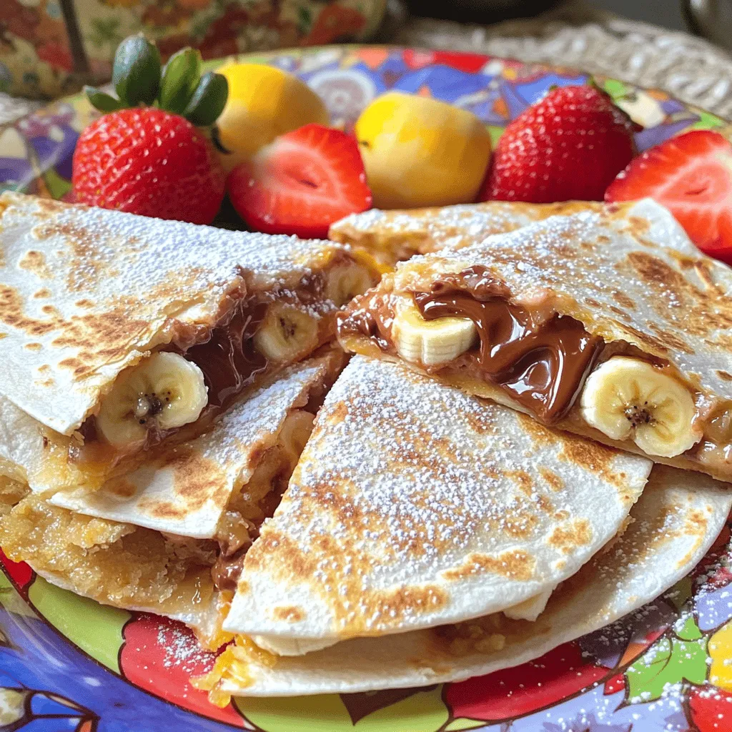 - 4 large flour tortillas - 1 cup Nutella - 2 ripe bananas, sliced - 1 cup fresh strawberries, hulled and sliced - 1 tablespoon unsalted butter - ½ teaspoon ground cinnamon (optional) - Powdered sugar, for dusting (optional) You can swap out ingredients for your taste. Use different nut spreads like almond or peanut butter. For gluten-free choices, try corn or rice tortillas. If you need a dairy-free option, consider non-dairy butter. Each serving has about 300 calories. You get 15 grams of fat, 25 grams of sugar, and 5 grams of protein. This treat gives you energy and a sweet boost without feeling too heavy. Check the full recipe for more details on serving sizes and variations. 1. Heating the skillet Heat a non-stick skillet over medium heat. This step is key for a great quesadilla. 2. Melting unsalted butter Add one tablespoon of unsalted butter to the pan. Let it melt completely. This butter gives the quesadilla a lovely flavor and helps it crisp up. 1. Spreading Nutella on the tortilla Take a flour tortilla and spread about ¼ cup of Nutella on one side. Make sure to cover it well. The Nutella adds a rich, sweet touch to the quesadilla. 2. Adding fruit layers Layer half of the sliced bananas and strawberries over one half of the Nutella. This mix of fruits brings freshness and balance to every bite. 1. Cooking on the skillet Fold the tortilla in half to cover the fruit. Place it on the skillet. Cook for 2-3 minutes until it's golden brown and crispy. 2. Achieving the perfect golden brown Carefully flip the quesadilla using a spatula. Cook the other side for another 2-3 minutes. You want both sides to be crispy and golden. Enjoy this delightful treat! For a full experience, check out the Full Recipe. To get your quesadilla crispy, use medium heat. This keeps the tortilla from burning while cooking. Use plenty of unsalted butter to coat the pan. It helps create a golden crust. Flip the quesadilla gently with a spatula. This will keep the filling inside. The ideal cooking temperature is medium. Too low, and it may not crisp up. Too high, and it can burn. Monitor it carefully while cooking. You can make your quesadilla even better by adding seasonal fruits. Try peaches in summer or apples in fall. Each fruit brings a new twist. Mixing fruits can also add fun flavors. Adding spices like cinnamon can enhance the taste too. A small sprinkle goes a long way. It adds warmth and pairs well with bananas and strawberries. For a creative plate, arrange quesadilla wedges in a fan shape. Drizzle additional Nutella on top for extra sweetness. Garnish with fresh fruit pieces. This makes the dish pop with color. Pair your quesadillas with a cold glass of milk. It balances the sweetness. You can also serve with a scoop of vanilla ice cream. This adds a nice touch to your dessert. Check out the Full Recipe for more details! {{image_4}} You can change the fruits in these quesadillas. Berries like blueberries or raspberries work great. Apples add a nice crunch, while peaches bring a sweet, juicy taste. For a tropical twist, try adding shredded coconut. Coconut gives a fun texture and flavor that pairs well with Nutella. You can adjust how sweet your quesadillas are. If you want more chocolate, spread more Nutella. For a lighter option, use less Nutella or try a less sweet spread. You can also mix in honey or agave syrup for some natural sweetness. If you want a vegan version, swap the butter for plant-based butter. Use a dairy-free chocolate spread instead of Nutella. For nut-free options, try sunbutter or soy nut butter. These swaps let everyone enjoy this tasty treat! Explore the [Full Recipe](#) for more details and ideas! To keep your quesadillas fresh, store them in an airtight container. You can place parchment paper between layers to prevent sticking. Refrigerate them for up to three days. For longer storage, freeze them. Wrap each quesadilla tightly in plastic wrap, then place them in a freezer bag. They can last up to three months in the freezer. When you’re ready to enjoy leftovers, reheat them in a skillet. This keeps them crispy. Heat the skillet over medium heat and add a little butter. Place the quesadilla in the pan and cook for 2 to 3 minutes on each side. You can also use an oven. Preheat it to 350°F (175°C) and bake for about 10 minutes. This method works well too! In the fridge, your quesadillas will stay good for about three days. Look for signs of spoilage, such as a sour smell or visible mold. If you see any of these, it's best to toss them out. Always trust your senses when checking food safety! For a delicious treat, enjoy them fresh or reheated. For the full recipe, check [Full Recipe]. Yes, you can make these quesadillas ahead. Prepare them and keep them in the fridge. Wrap them in foil or plastic wrap. When you’re ready to eat, just heat them in a skillet. This method keeps them warm and tasty. Yes, you can find gluten-free tortillas at most grocery stores. Look for ones made from brown rice or corn. These work well and taste great, too. You can enjoy the same yummy flavors without gluten. To keep your quesadilla crispy, avoid overloading it with fruit. Use a light layer of Nutella. Make sure to cook it on medium heat. This helps crisp the outside while warming the inside. Cooking it properly gives you a perfect crunch. These quesadillas pair well with fresh fruit or a scoop of ice cream. You can also serve them with whipped cream or yogurt. A drizzle of honey or maple syrup adds a nice touch, too. Absolutely! You can try almond butter, peanut butter, or any nut spread you like. For a fruity twist, use fruit preserves or chocolate spread. Each option gives a unique flavor to your quesadilla. Don't hesitate to get creative! This article shared a tasty recipe for Strawberry Banana Nutella Quesadillas. We explored key ingredients, cooking steps, and tips for perfecting each dish. You also learned about variations and storage options. These quesadillas are simple and fun to make. Overall, this recipe lets you mix flavors and customize to your taste. Enjoy creating your own delicious treats!