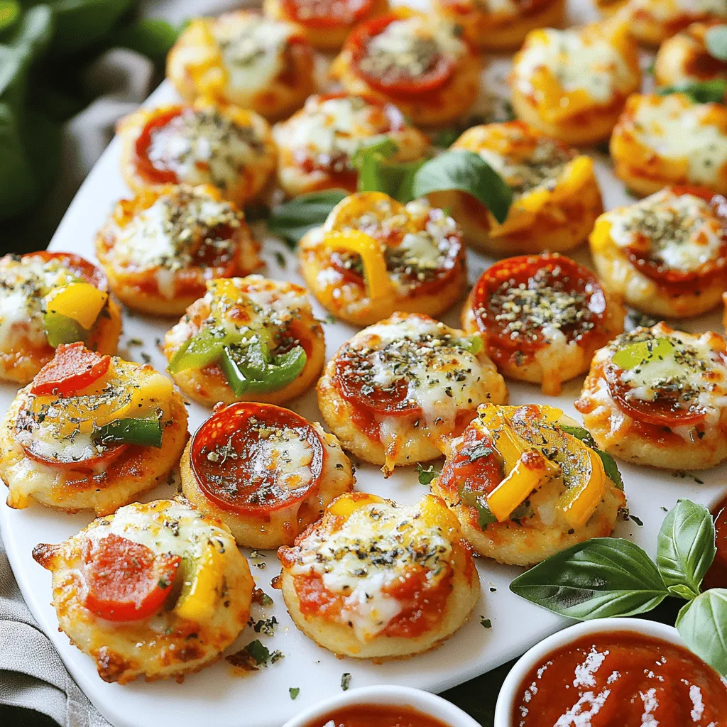 - 1 package of store-bought pizza dough or homemade alternative - 1/2 cup pizza sauce, your favorite variety - 1 1/2 cups shredded mozzarella cheese, for that gooey goodness - 1/2 cup sliced pepperoni, for a classic topping - 1/2 cup diced bell peppers (a colorful mix of red, yellow, and green) - 1/4 cup sliced black olives for a savory kick - 1 teaspoon dried oregano, for aromatic flavor - 1 teaspoon garlic powder, to amp up the taste - Olive oil, for brushing on the dough - Fresh basil leaves for a vibrant garnish (optional) When it comes to making mini pizzas, choosing the right ingredients is key. I love using either store-bought pizza dough or making my own. If you go the homemade route, you can mix and match flavors. For the sauce, I recommend using a pizza sauce that you enjoy. This can be a classic tomato sauce or something unique like pesto. You want a sauce that will elevate the flavors. Cheese is a must for any pizza. I always choose shredded mozzarella for its meltiness. But feel free to mix in some cheddar or provolone for extra taste. For toppings, I can't resist sliced pepperoni. It’s a crowd-pleaser! Adding colorful bell peppers and black olives gives extra flavor and a nice look. Don't forget the oregano and garlic powder to boost the taste. With these ingredients, you can create mini pizzas that are fun and delicious. For the complete method, check the Full Recipe. To start, preheat your oven to 425°F (220°C). If you have a pizza stone, place it in the oven to heat. This gets the stone really hot and helps the crust cook well. Now, let’s prepare the dough. On a floured countertop, roll out your pizza dough. Aim for a thickness of about 1/4 inch. Use a round cookie cutter or a glass to cut out small circles. Each circle should be about 3 inches wide. You can make around 12-15 mini pizza bases. Next, arrange the mini pizza bases on a lined baking sheet. If you are using a pizza stone, transfer the bases to it. Make sure to space them evenly. Now, brush the tops of each dough round with olive oil. This step helps them brown nicely and adds flavor. For the sauce, spoon a small dollop onto each mini base. Spread it out, but leave a little space around the edges. This keeps the crust nice. Time for cheese! Generously sprinkle shredded mozzarella on top of the sauce. Make sure to cover it well for that gooey experience. Now, add your toppings. Place slices of pepperoni, diced bell peppers, and black olives on the cheese. You can mix and match your favorites! Finally, sprinkle dried oregano and garlic powder on top. This adds a nice boost of flavor. It’s baking time! Place your mini pizzas in the preheated oven. Bake them for 10-12 minutes. Look for bubbling cheese and golden brown edges. That means they are done! Once they are baked, take them out and let them cool for a minute. If you like, you can garnish them with fresh basil leaves for a pop of color. For the full recipe, you can refer to the earlier section. Enjoy your homemade mini pizzas! To get the best mini pizza dough, aim for a thickness of about 1/4 inch. This thickness gives you a nice, soft bite. Roll the dough on a floured surface. If the dough is hard to roll, let it sit at room temperature for a bit. Room temperature helps it stretch easier. For extra taste, season your pizza sauce. You can add a pinch of salt or a sprinkle of red pepper flakes. Fresh ingredients make a big difference. Use ripe tomatoes, fresh herbs, and quality cheese. They bring out the best flavors. Make your mini pizzas look great. Place them on a large platter for a fun display. You can serve them with extra pizza sauce for dipping. Pair them with a refreshing drink like lemonade or soda. This adds to the fun and flavor! For a special touch, sprinkle some grated parmesan on top before serving. Using these tips, you can create mini pizzas that are not just tasty but visually appealing as well. For a complete guide, check the Full Recipe. {{image_4}} You can switch up the dough for your mini pizzas. If you need gluten-free, look for gluten-free pizza dough at stores. You can also make homemade gluten-free dough using almond flour or rice flour for a nice texture. Whole wheat flour is another great choice. It adds fiber and a nutty taste. Mixing white flour with whole wheat flour gives you a hearty base that's still soft. Get creative with your toppings! For vegetarian options, try using sliced mushrooms, spinach, or artichokes. You can mix these for a colorful veggie pizza. Want to explore international flavors? Use pesto sauce instead of pizza sauce for an Italian twist. Add feta cheese and olives for a Greek touch. For a spicy kick, top your mini pizzas with jalapeños or spicy sausage. Have fun with the shapes of your mini pizzas. Use cookie cutters to make stars or hearts for kids' parties. You can even create themed mini pizzas. For a Halloween party, make them look like pumpkins by using round dough and adding pepperoni as eyes. For a beach theme, shape them like seashells and add seafood toppings. This adds a festive flair to any gathering! Once you finish your mini pizzas, let them cool completely. Place the leftovers in an airtight container. You can store them in the fridge for up to three days. If you want to keep them longer, freeze them. Wrap each mini pizza in plastic wrap and then place them in a freezer bag. They can last for up to three months in the freezer. To reheat your mini pizzas, preheat your oven to 375°F (190°C). Place the mini pizzas on a baking sheet. Heat them for about 10-15 minutes, or until the cheese is bubbly. This method keeps the crust crispy. You can also use a microwave but note that the crust may become soft. To keep your mini pizzas fresh, store them in the right way. If you refrigerate them, make sure they are in an airtight container. This helps prevent them from drying out. If you freeze them, remember to wrap them well. This prevents freezer burn and keeps the flavors intact. Eating your mini pizzas within a few days ensures the best taste. The longer they sit, the less fresh they become. To enjoy the best flavor, try to eat them soon after cooking. Mini pizzas need to bake for about 10 to 12 minutes. You want the cheese to bubble and the edges to turn golden brown. Keep an eye on them to avoid burning. Yes, you can make the dough ahead of time. Just wrap it tightly in plastic wrap and store it in the fridge. It stays fresh for up to two days. When ready to use, let it sit at room temperature for about 30 minutes before rolling it out. You can use many toppings for mini pizzas. Some favorites include: - Pepperoni - Bell peppers - Mushrooms - Onions - Black olives - Fresh basil Feel free to mix and match to find your perfect combo! To make a larger batch, simply double or triple the ingredients. Keep the baking time the same. Just make sure to space the mini pizzas out on the baking sheet. You want them to bake evenly. Enjoy the fun of a mini pizza party with friends and family! For the full recipe, check the link above. In this blog post, we explored making mini pizzas from scratch. We covered ingredients, step-by-step instructions, and tips for the best flavor. You learned how to roll and bake dough perfectly. We shared unique topping ideas and fun serving suggestions. Mini pizzas offer endless creativity for meals and parties. With practice, you can master this fun dish. Experiment with different flavors and enjoy this tasty treat with family and friends!