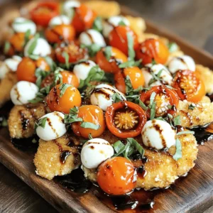 For this dish, you will need fresh and tasty ingredients. Here is what you should gather: - 2 boneless, skinless chicken breasts - 1 cup breadcrumbs (preferably Panko for extra crunch) - 1/2 cup grated Parmesan cheese - 1 cup fresh mozzarella balls (bocconcini), halved - 1 cup cherry tomatoes, halved - 1/4 cup fresh basil leaves, finely chopped The right seasonings make this dish shine. You will need: - 1 teaspoon Italian seasoning blend - 1/2 teaspoon garlic powder - Salt and freshly cracked black pepper to taste - 2 tablespoons extra virgin olive oil These seasonings add flavor and depth to the chicken. Make your meal even more special with these optional extras: - 2 tablespoons balsamic glaze - Extra basil leaves for garnish These toppings bring fresh flavors and a beautiful look to your dish. For the full recipe, be sure to check out the cooking steps that follow! 1. First, preheat your oven to 425°F (220°C). This helps the chicken cook evenly. 2. Line a baking sheet with parchment paper. This makes cleanup easy and prevents sticking. 3. In a shallow dish, mix the breadcrumbs, Parmesan cheese, Italian seasoning, garlic powder, salt, and pepper. Stir well to combine. 4. Pat each chicken breast dry with paper towels. This step is key for a crispy coating. 5. Season both sides of the chicken with salt and pepper for extra flavor. 6. Dredge each chicken breast in the breadcrumb mixture. Press firmly to ensure it sticks well. 1. Place the coated chicken breasts on the lined baking sheet. 2. Drizzle the tops with olive oil for extra crunch. 3. Bake the chicken for 20-25 minutes. It should turn golden brown. 4. To check if it's done, use a meat thermometer. The internal temperature should be 165°F (74°C). 5. While the chicken bakes, mix the mozzarella balls, cherry tomatoes, and basil in a bowl. Toss gently. 6. Once the chicken is ready, let it rest for a few minutes. This keeps the juices inside. 1. Top each crispy chicken breast with the fresh tomato and mozzarella mix. 2. Drizzle balsamic glaze over the top for a sweet kick. 3. Serve the dish hot, and enjoy the blend of flavors! 4. For a lovely touch, present on a wooden board or a white plate. 5. Garnish with extra basil for a pop of color. This recipe brings crispy chicken caprese to life. Follow these steps for delicious results. Enjoy every bite! For the complete process, check the Full Recipe. To make your chicken extra crispy, use Panko breadcrumbs. They provide a great crunch. Before coating, dry the chicken well with paper towels. This step helps the coating stick better. After coating, drizzle a little olive oil on top. This oil helps create a golden crust. Bake the chicken at 425°F (220°C) for the best results. It cooks fast and gets nice and crispy. You can grill the chicken for a smoky flavor. Simply marinate it with olive oil, garlic, and herbs before grilling. If you want a lighter version, consider baking the chicken without breadcrumbs. For a twist, try adding different herbs like oregano or thyme to the breading. This will give your chicken a unique taste. Crispy Chicken Caprese pairs well with a fresh salad. A simple arugula salad with lemon dressing works great. You can also serve it with roasted vegetables. Try zucchini or bell peppers for color and flavor. For a comforting touch, serve with creamy mashed potatoes or garlic bread. These sides will make your meal even more satisfying. For the full recipe, check out the steps above. {{image_4}} If you want a lighter dish, try using grilled chicken instead of baked. Grilling gives the chicken a nice smoky flavor. You can marinate the chicken in olive oil, lemon juice, and herbs for added taste. This keeps it juicy while cutting down on calories. For those who need gluten-free options, use gluten-free breadcrumbs. They work just as well in creating that crispy crust. You can also skip the breadcrumbs entirely and coat the chicken with crushed nuts or seeds for a different crunch. Want to amp up the flavors? Add pesto to your salad mix for a fresh twist. Roasted vegetables like zucchini and bell peppers can also enhance the dish. Toss them in olive oil and roast alongside the chicken for more depth in flavor. These variations keep the dish exciting and cater to different dietary needs. They also ensure that you enjoy every bite of your crispy chicken caprese! For the full recipe, check out the complete guide. After enjoying your meal, store leftovers in an airtight container. This keeps the chicken fresh and moist. I recommend refrigerating them within two hours. Leftovers will stay good for up to three days. If you want to enjoy them later, consider freezing. To reheat, place the chicken on a baking sheet. Preheat your oven to 375°F (190°C). Bake for about 10-15 minutes. This method helps regain the crispy texture. If using a microwave, the chicken may get soggy. Try using the oven whenever possible. For freezing, wrap each chicken breast tightly in plastic wrap. Then, place them in a freezer-safe bag. Write the date on the bag for easy tracking. The chicken can last up to three months in the freezer. When ready to use, thaw it in the fridge overnight before reheating. Enjoy the Crispy Chicken Caprese with fresh ingredients! You can use crushed crackers or cornflakes instead of breadcrumbs. They add great crunch. Ground nuts, like almonds or walnuts, work well too. If you want a gluten-free option, try almond flour or gluten-free breadcrumbs. Each choice brings its own unique flavor and texture. Yes, you can prepare the chicken ahead. After coating, cover and chill it for a few hours. When ready, bake it right from the fridge. This keeps the flavors fresh. You can also make the salad and sauce in advance. Just wait to mix until serving time for the best taste. Baking the chicken takes about 20-25 minutes at 425°F (220°C). Make sure the chicken reaches an internal temperature of 165°F (74°C). This ensures it is safe to eat and perfectly cooked. The outside should be golden brown and crispy, while the inside stays juicy. For more details, check out the Full Recipe. Crispy Chicken Caprese is a delightful dish packed with flavor. We covered the key ingredients and how to prepare them. The step-by-step guide made cooking easy and fun. Tips for extra crispiness help your chicken shine. We also explored variations to fit different diets and tastes. For storage, I shared how to keep leftovers fresh. This dish is versatile and sure to please everyone. Enjoy making your Crispy Chicken Caprese on your next kitchen adventure!