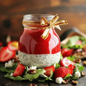 - Sliced strawberries - Creamy Greek yogurt - Pure honey Fresh ingredients bring life to your dressing. I always choose ripe strawberries for the best flavor. Sliced strawberries add a burst of sweetness and color. Creamy Greek yogurt gives a rich texture. Pure honey adds natural sweetness, balancing the tang of vinegar. - Apple cider vinegar - Poppy seeds - Extra virgin olive oil - Fine sea salt - Freshly cracked black pepper Pantry staples are essential for depth. Apple cider vinegar adds a tangy kick. Poppy seeds provide a nice crunch and a hint of nuttiness. Extra virgin olive oil helps emulsify the dressing, creating a smooth texture. Fine sea salt and freshly cracked black pepper enhance all the flavors. - Unique flavor enhancers - Sweetness adjustments You can personalize your dressing with optional add-ins. Try adding fresh herbs like basil or mint for a new twist. If you want more sweetness, just add a little more honey. You can also mix in a splash of orange juice for a fruity zing. For the full recipe, check out the details above! First, you need to prepare the strawberries. Start by hulling them. This means removing the green tops and any white parts. After hulling, slice the strawberries into thin pieces. This helps them blend well and adds flavor. Next, gather your liquid ingredients. Measure out the Greek yogurt, honey, and apple cider vinegar. Use a measuring cup for accuracy. Having everything ready makes the blending easy and quick. Now, it’s time to blend. Place the sliced strawberries, Greek yogurt, honey, apple cider vinegar, poppy seeds, sea salt, and black pepper in a blender. Make sure to close the lid tightly. Blend the mixture on high speed. Watch for clumps and stop to scrape the sides if needed. You want a smooth and creamy texture. This is the base of your dressing. While blending, slowly drizzle in the olive oil. This helps mix everything together perfectly. Keep blending until it all combines smoothly. After blending, taste your dressing. You might want to adjust the flavor. If it needs sweetness, add more honey. If you want it tangier, splash in a bit more vinegar. Finally, transfer the dressing to a clean jar or container. Make sure it is airtight. Cover it and refrigerate for at least 30 minutes. This chilling time lets the flavors blend even more. Now, you're ready to enjoy your strawberry poppyseed salad dressing! For the full recipe, check out the details above. To get a creamy texture, you need to emulsify your dressing well. Emulsifying means mixing two liquids that usually don't blend. For this, I suggest adding olive oil slowly while blending. This method helps create a smooth dressing. The importance of olive oil cannot be overstated. It adds richness and depth. Use extra virgin olive oil for the best flavor. Its fruity notes enhance the strawberries. When it comes to balancing flavors, honey and apple cider vinegar play key roles. Start with the amounts listed in the Full Recipe. If you want a sweeter taste, feel free to add more honey. For a tangy kick, squeeze in extra apple cider vinegar. Just remember to taste as you go! Adding herbs or spices can elevate your dressing. Consider fresh basil or mint for a refreshing twist. A pinch of garlic powder adds depth, too. Don't be afraid to experiment! Each addition can make your dressing unique and delicious. {{image_4}} You can make this dressing lighter. One option is to use low-fat yogurt instead of creamy Greek yogurt. This swap cuts calories while still keeping a nice texture. The flavor remains bright and fresh. Another way to lighten up the dressing is by substituting sweeteners. Instead of honey, you can use agave syrup or stevia. These options add sweetness with fewer calories. Just remember to adjust the amount to taste, as they can be sweeter than honey. To make your dressing even more special, try adding citrus zest. A little lemon or orange zest brings a zesty brightness. It complements the strawberries nicely. Just a teaspoon can make a big difference. You can also incorporate other berries for extra flavor. Adding blueberries or raspberries gives your dressing a new twist. Blend them in with the strawberries for a berry explosion. Each berry adds its own unique taste. This dressing pairs well with different greens. You can use arugula, spinach, or romaine lettuce. Each green brings its own crunch and flavor. Experiment to find your favorite mix. You can also use this dressing to complement main dishes. Drizzle it over grilled chicken or fish for a tasty twist. The dressing adds a fresh and vibrant touch to your meal. For the best taste, always store your strawberry poppyseed dressing in the fridge. Keep it in a clean jar or an airtight container. This keeps the dressing fresh and prevents it from absorbing other fridge smells. Make sure to seal it tightly after each use. This dressing stays fresh for about one week in the fridge. After that, the flavors may fade. If you notice any off-smells or changes in texture, it’s best to toss it. You can freeze the dressing for future use. Pour it into an ice cube tray or a freezer-safe container. Leave some space at the top, as liquids expand when frozen. When you're ready to use it, thaw the dressing in the fridge overnight. Avoid using a microwave, as it may change the texture. After thawing, give it a good shake or stir before serving. Enjoy the fresh taste of your strawberry poppyseed dressing later! For the full recipe, check out the Strawberry Poppyseed Bliss Dressing. Strawberry poppyseed salad dressing lasts about one week in the fridge. Store it in a sealed jar. Always check for any off smells or changes in color before use. Yes, you can use frozen strawberries. Just thaw them first and drain excess water. This helps keep the dressing from being too watery. Fresh strawberries give a brighter flavor, but frozen works well too. You can find pre-made strawberry poppyseed salad dressing at most grocery stores. Check the salad dressing aisle or the organic section. Some stores may also have it in their deli section. This dressing pairs well with mixed greens, spinach, or arugula. Add fresh fruits, nuts, and cheese for extra flavor. It also tastes great on salads with grilled chicken or shrimp. To make this dressing vegan, replace Greek yogurt with a plant-based yogurt. Use maple syrup instead of honey for sweetness. These swaps keep the flavor while meeting vegan needs. This blog post covered how to make a tasty Strawberry Poppyseed Salad Dressing. We looked at the fresh ingredients, pantry staples, and optional add-ins to enhance the flavor. I shared step-by-step instructions for preparation, blending, and final touches. We also discussed tips for creaminess, adjusting sweetness, and suggested variations to fit your taste. Storing your dressing properly will help it last longer. Remember, you can easily adapt this recipe to match your needs. Enjoy creating your perfect salad dressing!