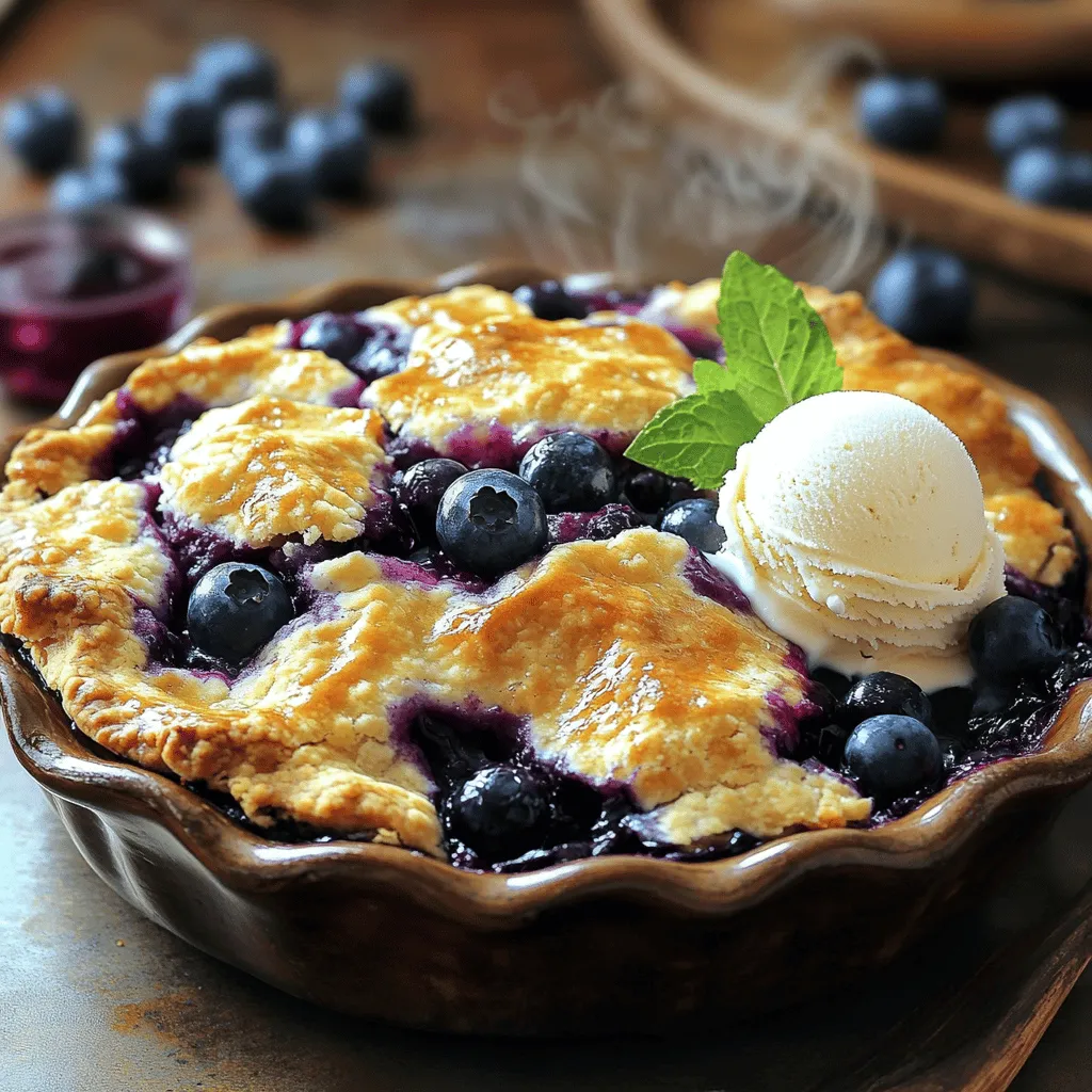 To make this tasty blueberry cobbler, you will need: - 2 cups fresh blueberries - 1 cup all-purpose flour - 1 cup granulated sugar - 1 cup milk These four main ingredients are all you need for a simple and delicious treat. The fresh blueberries bring a burst of flavor. The flour and sugar help create a soft and sweet base. The milk adds moisture, making the cobbler rich and creamy. When choosing your ingredients, I suggest using quality brands for the best flavor. For blueberries, look for fresh, ripe ones from local farmers or trusted grocery stores. Brands like Driscoll's often have great quality. For flour, I recommend King Arthur Flour. Their all-purpose flour has a perfect texture for baking. For sugar, Domino is a reliable choice. It dissolves well and adds the right sweetness to your cobbler. If you have dietary needs, you can still enjoy this cobbler. For a gluten-free version, swap the all-purpose flour for a gluten-free blend. Many brands offer quality options that work well in baking. If you want a lower sugar version, you can use a sugar substitute like stevia or monk fruit sweetener. You may also replace milk with almond milk or oat milk for a dairy-free option. Each of these swaps keeps the cobbler delicious while meeting your needs. For the full recipe, check out the detailed instructions in the Full Recipe section. First, you need to preheat your oven to 350°F (175°C). While it heats, grab a 9x9-inch baking dish. Grease it well with butter or non-stick spray. This step ensures your cobbler comes out easily after baking. Next, take a medium bowl and add the dry ingredients. Combine 1 cup of all-purpose flour, 1 cup of granulated sugar, 1 teaspoon of baking powder, and a pinch of salt. Mix these together until they are well combined. This blend forms the base of your cobbler. Now, it's time to mix the wet ingredients. Pour in 1 cup of milk and 1/2 teaspoon of vanilla extract. Whisk gently until the batter is smooth. It should be runny but without lumps. This step is key to a perfect texture. Pour your smooth batter into the greased baking dish. Do this carefully so you don't mix the batter. After that, spread 2 cups of fresh blueberries on top. Do not stir them in; they will sink during baking and create a lovely fruit layer. Place the baking dish in your preheated oven. Bake for 45-50 minutes. You know it’s done when the top is golden brown. Test it by inserting a toothpick in the center; it should come out clean. Let it cool for about 10 minutes before serving. This cooling time helps set the cobbler nicely. For the full recipe, check the details provided above. When you pick blueberries, look for plump ones. They should be firm and have a deep blue color. Avoid berries that look soft or shriveled. You want blueberries that shine and are free from white spots. If you can, smell them. Fresh blueberries have a sweet scent. Buy organic if you can. They taste better and are better for you. To get a great cobbler texture, mix your dry and wet ingredients well, but don't overmix. When you pour the batter, keep it smooth and even in the dish. Let the blueberries sit on top instead of mixing them in. As the cobbler bakes, they will sink and create a lovely layer of fruit. Bake until the top is golden brown. This means you’ve got a perfect crust. Serve your cobbler warm for the best taste. A scoop of vanilla ice cream on top adds a creamy touch. You can also use whipped cream for a lighter option. For a nice look, add fresh blueberries or a mint sprig on top. This makes your dessert pop and tastes great! {{image_4}} You can easily change up this cobbler. Try adding lemon zest for bright flavor. A sprinkle of cinnamon gives warmth and spice. If you like nuts, chopped almonds or pecans add crunch. You can also fold in chocolate chips for a sweet twist. Frozen blueberries work great, too! They save you prep time and are easy to store. Just toss them straight into the batter without thawing. They may release more juice, so you might need to bake a bit longer. Just keep an eye on the top. It should turn golden brown. Feel free to switch up your base! Instead of the classic batter, you can use cake mix for a quick version. Just add the blueberries on top and bake. For a healthier option, use oatmeal. Mix oats with a bit of honey and almond milk. This gives a chewy texture that pairs well with the blueberries. For the full recipe, check out the [Full Recipe] section. Let your blueberry cobbler cool for about 10 minutes after baking. This brief cooling time allows the cobbler to set. If you cut it too soon, it may fall apart. A little patience goes a long way here! To store leftovers, let the cobbler cool completely. Then, cover it with plastic wrap or foil. You can also place it in an airtight container. This helps keep the flavors intact and prevents it from drying out. Store it in the fridge for up to 3 days. When you’re ready to enjoy your cobbler again, preheat your oven to 350°F (175°C). Place the cobbler in the oven for about 10–15 minutes. This warms it through and helps restore that lovely texture. You can also microwave individual pieces for quick reheating. Just heat for 30 seconds to 1 minute. Enjoy your cobbler warm! The best blueberries for cobbler are fresh, ripe, and sweet. Look for berries that are plump and firm. Organic blueberries can offer better flavor and fewer chemicals. If fresh ones are hard to find, frozen blueberries work too. Just thaw them before use. I prefer to use wild blueberries when I can. They have a richer taste and smaller size. Yes, you can make this cobbler gluten-free. Simply swap all-purpose flour with a gluten-free blend. Look for a blend that includes xanthan gum. This helps maintain the cobbler's texture. Many brands offer gluten-free flour mixes that work well in baking. Just follow the same measurements as in the Full Recipe. To adjust the sweetness, you can change the amount of sugar. If you like it less sweet, cut the sugar by half. You can also add natural sweeteners like honey or maple syrup. Remember that these may change the flavor a bit. Taste the batter before baking to find your ideal sweetness. Yes, you can prepare the cobbler ahead of time. Mix the batter and blueberries, then store it in the fridge for up to a day. When ready, bake it straight from the fridge. This will save you time, especially when serving guests. Just keep in mind that it may need a few extra minutes to bake. You learned how to make a simple and tasty blueberry cobbler with just four ingredients. We covered the essential ingredients and how to choose the right brands. You also discovered ways to adapt the recipe for different diets and preferences. Remember, fresh blueberries bring the best flavor. Customize your cobbler to fit your taste. Follow the tips for baking and storage to enjoy each bite. With this recipe, you can impress anyone with a delightful dessert. Enjoy your baking!
