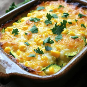 - 2 medium zucchinis, finely grated - 2 cups corn kernels (fresh or frozen) - 1 medium onion, finely chopped - 2 cloves garlic, minced - 1 cup shredded cheddar cheese - 1 cup sour cream - 3 large eggs, beaten - 1 cup whole wheat breadcrumbs - 1 teaspoon baking powder - 1 teaspoon smoked paprika - Salt and pepper to taste - 2 tablespoons olive oil - Fresh parsley, chopped (for garnish) To make a great zucchini corn casserole, you need fresh ingredients. Start with two medium zucchinis. Grate them finely to release moisture and flavor. Next, grab two cups of corn kernels. Fresh corn is best, but frozen works great, too. Chop one medium onion and mince two cloves of garlic. These add depth to your dish. You will also need one cup of shredded cheddar cheese. This cheese brings creaminess and flavor. One cup of sour cream keeps the casserole moist. Use three large eggs to bind everything together. For texture, one cup of whole wheat breadcrumbs is perfect. Add one teaspoon of baking powder to help the dish rise. Smoked paprika adds a nice, smoky touch. Season with salt and pepper to taste. Two tablespoons of olive oil help with cooking and flavor. Finally, finish with fresh parsley for a pop of color and freshness. - Additional vegetables (bell peppers, spinach) - Different cheese varieties - Herbs and spices for enhanced flavor Feel free to customize your casserole! You can add more vegetables like bell peppers or spinach. Different cheese varieties can also change the taste. Try using mozzarella or feta for a twist. Fresh herbs and spices can boost the flavor even more. Consider basil or thyme for a fragrant touch. 1. First, preheat your oven to 375°F (190°C). This helps the casserole cook evenly. 2. Next, take a 9x13-inch baking dish and lightly grease it with 1 tablespoon of olive oil. This step keeps the casserole from sticking. 3. Heat a skillet over medium heat. Add the remaining tablespoon of olive oil. Once hot, add the finely chopped onion and minced garlic. 4. Sauté for 3-4 minutes. Stir occasionally until the onion turns soft and fragrant. Remove from heat and let it cool. 1. In a large bowl, combine the finely grated zucchini and corn kernels. 2. Add the sautéed onion and garlic mix, shredded cheddar cheese, sour cream, beaten eggs, breadcrumbs, baking powder, smoked paprika, and a pinch of salt and pepper. 3. Mix all the ingredients well until they blend into a uniform mixture. 4. Carefully pour this mixture into your prepared baking dish. Spread it evenly to ensure all parts cook well. 1. Drizzle the remaining tablespoon of olive oil over the top of the casserole. For added flavor, sprinkle a dash more of smoked paprika. 2. Bake in the preheated oven for 30-35 minutes. Check for doneness when the top is golden brown and slightly crispy. 3. Once done, remove the casserole from the oven. Let it cool for about 5 minutes before slicing. For the full recipe, refer to the previous section. Enjoy your delicious Zucchini Corn Casserole! To get the best texture from your zucchini, grate it finely. This helps it blend well with other ingredients. Avoid using large pieces, as they can lead to uneven cooking. For uniform cooking, spread the mixture evenly in the baking dish. This ensures all parts bake at the same rate. If you want a crispy top, drizzle a bit of olive oil on top before baking. Garnish with fresh parsley for a burst of color. You can also add sliced cherry tomatoes before baking to enhance its look. This dish pairs well with a light salad or crusty bread. Try serving it with a tangy yogurt dip for added flavor. A crisp white wine also complements this dish perfectly. If your casserole turns out watery, you can fix it. Drain excess liquid before baking. You can also add more breadcrumbs to absorb moisture. Adjusting seasoning is key to great taste. Always start with a little salt and pepper. Taste your mixture before baking to ensure it is to your liking. This way, you can make the dish just right. For the full recipe, check out the detailed instructions above. {{image_4}} You can easily change this dish for your needs. For a gluten-free version, swap whole wheat breadcrumbs with gluten-free breadcrumbs. Also, use gluten-free flour to bind everything together. This keeps the texture and flavor. If you need a vegan option, replace the eggs with flaxseed meal. Just mix 1 tablespoon of flaxseed with 2.5 tablespoons of water. Let it sit for five minutes until it thickens. You can also use vegan cheese instead of cheddar. This makes it creamy without dairy. Want some heat? Add a pinch of cayenne pepper or crushed red pepper flakes. This gives the casserole a nice kick without overpowering the dish. You can also mix in fresh herbs like basil or cilantro for a bright taste. Changing the cheese type can also add fun. Try pepper jack for heat or mozzarella for a milder flavor. Each cheese adds its own twist. Mixing different cheeses can create a tasty blend. Using summer vegetables makes this dish shine. Swap in diced bell peppers or fresh tomatoes. These add color and flavor while keeping it fresh. You can also consider adding spinach for a nutritious boost. Incorporating seasonal herbs adds depth too. Fresh thyme or oregano can enhance the overall taste. Just sprinkle them in before baking. This brings out the best in your zucchini corn casserole. You can find the full recipe to get started on your delicious journey! To keep your zucchini corn casserole fresh, store it in the fridge. Place any leftovers in an airtight container. This helps to keep the flavors intact. Enjoy the casserole within 3 to 5 days for the best taste. If you want to save it for longer, freezing is a great option. To freeze, let the casserole cool completely. Cut it into portions and wrap each piece tightly in plastic wrap. Then, place them in a freezer-safe bag or container. It can last up to three months in the freezer. When you're ready to enjoy the leftovers, reheating is easy. The best method is to use the oven. Preheat your oven to 350°F (175°C). Place the casserole in an oven-safe dish and cover it with foil. Heat for about 20 minutes, or until it's warm throughout. This keeps the top crispy and the inside moist. You can also use a microwave for quick reheating. Just heat in short bursts, checking often. This way, you keep the texture and flavor intact. Enjoy your delicious zucchini corn casserole again! How long does zucchini corn casserole last in the fridge? Zucchini corn casserole stays fresh for about 3 to 5 days in the fridge. Store it in an airtight container to keep it moist. If you notice any changes in smell or color, it’s best to toss it out. Can I use canned corn instead of fresh or frozen? Yes, you can definitely use canned corn! Just drain and rinse it first. Canned corn is convenient and still tasty. It makes this recipe even quicker to prepare. What can I serve with zucchini corn casserole? This casserole pairs well with a light salad or grilled chicken. You can also serve it with rice or a simple green vegetable. The flavors complement each other nicely. Can I skip the eggs? You can skip the eggs, but the texture will change. The eggs help bind the casserole. If you leave them out, try adding a bit more sour cream or use a flaxseed mix as a binder. What’s a good substitute for sour cream? Greek yogurt works great as a substitute for sour cream. It adds creaminess and a slight tang. You can also use cottage cheese for a different texture. How do I know when the casserole is done? The casserole is done when it is golden brown on top and firm in the middle. You can also insert a knife in the center. If it comes out clean, it is ready! Can I make this recipe ahead of time? Yes! You can prepare the casserole a day ahead. Just cover it and store it in the fridge. When ready to bake, you may need to add a few extra minutes to the cooking time. In summary, this blog post covers everything you need for a delicious Zucchini Corn Casserole. From the list of ingredients to step-by-step instructions, I made it simple for you. You can customize the recipe with different cheeses or veggies. Plus, you learned about storing leftovers and reheating tips. This dish is easy to make and perfect for any meal. Try it out and enjoy the tasty flavors!