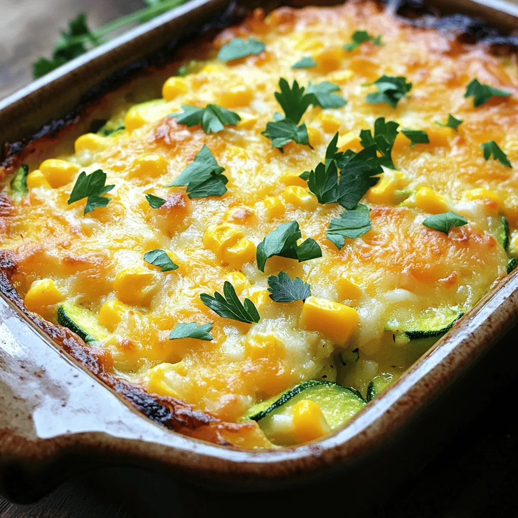 - 2 medium zucchinis, finely grated - 2 cups corn kernels (fresh or frozen) - 1 medium onion, finely chopped - 2 cloves garlic, minced - 1 cup shredded cheddar cheese - 1 cup sour cream - 3 large eggs, beaten - 1 cup whole wheat breadcrumbs - 1 teaspoon baking powder - 1 teaspoon smoked paprika - Salt and pepper to taste - 2 tablespoons olive oil - Fresh parsley, chopped (for garnish) To make a great zucchini corn casserole, you need fresh ingredients. Start with two medium zucchinis. Grate them finely to release moisture and flavor. Next, grab two cups of corn kernels. Fresh corn is best, but frozen works great, too. Chop one medium onion and mince two cloves of garlic. These add depth to your dish. You will also need one cup of shredded cheddar cheese. This cheese brings creaminess and flavor. One cup of sour cream keeps the casserole moist. Use three large eggs to bind everything together. For texture, one cup of whole wheat breadcrumbs is perfect. Add one teaspoon of baking powder to help the dish rise. Smoked paprika adds a nice, smoky touch. Season with salt and pepper to taste. Two tablespoons of olive oil help with cooking and flavor. Finally, finish with fresh parsley for a pop of color and freshness. - Additional vegetables (bell peppers, spinach) - Different cheese varieties - Herbs and spices for enhanced flavor Feel free to customize your casserole! You can add more vegetables like bell peppers or spinach. Different cheese varieties can also change the taste. Try using mozzarella or feta for a twist. Fresh herbs and spices can boost the flavor even more. Consider basil or thyme for a fragrant touch. 1. First, preheat your oven to 375°F (190°C). This helps the casserole cook evenly. 2. Next, take a 9x13-inch baking dish and lightly grease it with 1 tablespoon of olive oil. This step keeps the casserole from sticking. 3. Heat a skillet over medium heat. Add the remaining tablespoon of olive oil. Once hot, add the finely chopped onion and minced garlic. 4. Sauté for 3-4 minutes. Stir occasionally until the onion turns soft and fragrant. Remove from heat and let it cool. 1. In a large bowl, combine the finely grated zucchini and corn kernels. 2. Add the sautéed onion and garlic mix, shredded cheddar cheese, sour cream, beaten eggs, breadcrumbs, baking powder, smoked paprika, and a pinch of salt and pepper. 3. Mix all the ingredients well until they blend into a uniform mixture. 4. Carefully pour this mixture into your prepared baking dish. Spread it evenly to ensure all parts cook well. 1. Drizzle the remaining tablespoon of olive oil over the top of the casserole. For added flavor, sprinkle a dash more of smoked paprika. 2. Bake in the preheated oven for 30-35 minutes. Check for doneness when the top is golden brown and slightly crispy. 3. Once done, remove the casserole from the oven. Let it cool for about 5 minutes before slicing. For the full recipe, refer to the previous section. Enjoy your delicious Zucchini Corn Casserole! To get the best texture from your zucchini, grate it finely. This helps it blend well with other ingredients. Avoid using large pieces, as they can lead to uneven cooking. For uniform cooking, spread the mixture evenly in the baking dish. This ensures all parts bake at the same rate. If you want a crispy top, drizzle a bit of olive oil on top before baking. Garnish with fresh parsley for a burst of color. You can also add sliced cherry tomatoes before baking to enhance its look. This dish pairs well with a light salad or crusty bread. Try serving it with a tangy yogurt dip for added flavor. A crisp white wine also complements this dish perfectly. If your casserole turns out watery, you can fix it. Drain excess liquid before baking. You can also add more breadcrumbs to absorb moisture. Adjusting seasoning is key to great taste. Always start with a little salt and pepper. Taste your mixture before baking to ensure it is to your liking. This way, you can make the dish just right. For the full recipe, check out the detailed instructions above. {{image_4}} You can easily change this dish for your needs. For a gluten-free version, swap whole wheat breadcrumbs with gluten-free breadcrumbs. Also, use gluten-free flour to bind everything together. This keeps the texture and flavor. If you need a vegan option, replace the eggs with flaxseed meal. Just mix 1 tablespoon of flaxseed with 2.5 tablespoons of water. Let it sit for five minutes until it thickens. You can also use vegan cheese instead of cheddar. This makes it creamy without dairy. Want some heat? Add a pinch of cayenne pepper or crushed red pepper flakes. This gives the casserole a nice kick without overpowering the dish. You can also mix in fresh herbs like basil or cilantro for a bright taste. Changing the cheese type can also add fun. Try pepper jack for heat or mozzarella for a milder flavor. Each cheese adds its own twist. Mixing different cheeses can create a tasty blend. Using summer vegetables makes this dish shine. Swap in diced bell peppers or fresh tomatoes. These add color and flavor while keeping it fresh. You can also consider adding spinach for a nutritious boost. Incorporating seasonal herbs adds depth too. Fresh thyme or oregano can enhance the overall taste. Just sprinkle them in before baking. This brings out the best in your zucchini corn casserole. You can find the full recipe to get started on your delicious journey! To keep your zucchini corn casserole fresh, store it in the fridge. Place any leftovers in an airtight container. This helps to keep the flavors intact. Enjoy the casserole within 3 to 5 days for the best taste. If you want to save it for longer, freezing is a great option. To freeze, let the casserole cool completely. Cut it into portions and wrap each piece tightly in plastic wrap. Then, place them in a freezer-safe bag or container. It can last up to three months in the freezer. When you're ready to enjoy the leftovers, reheating is easy. The best method is to use the oven. Preheat your oven to 350°F (175°C). Place the casserole in an oven-safe dish and cover it with foil. Heat for about 20 minutes, or until it's warm throughout. This keeps the top crispy and the inside moist. You can also use a microwave for quick reheating. Just heat in short bursts, checking often. This way, you keep the texture and flavor intact. Enjoy your delicious zucchini corn casserole again! How long does zucchini corn casserole last in the fridge? Zucchini corn casserole stays fresh for about 3 to 5 days in the fridge. Store it in an airtight container to keep it moist. If you notice any changes in smell or color, it’s best to toss it out. Can I use canned corn instead of fresh or frozen? Yes, you can definitely use canned corn! Just drain and rinse it first. Canned corn is convenient and still tasty. It makes this recipe even quicker to prepare. What can I serve with zucchini corn casserole? This casserole pairs well with a light salad or grilled chicken. You can also serve it with rice or a simple green vegetable. The flavors complement each other nicely. Can I skip the eggs? You can skip the eggs, but the texture will change. The eggs help bind the casserole. If you leave them out, try adding a bit more sour cream or use a flaxseed mix as a binder. What’s a good substitute for sour cream? Greek yogurt works great as a substitute for sour cream. It adds creaminess and a slight tang. You can also use cottage cheese for a different texture. How do I know when the casserole is done? The casserole is done when it is golden brown on top and firm in the middle. You can also insert a knife in the center. If it comes out clean, it is ready! Can I make this recipe ahead of time? Yes! You can prepare the casserole a day ahead. Just cover it and store it in the fridge. When ready to bake, you may need to add a few extra minutes to the cooking time. In summary, this blog post covers everything you need for a delicious Zucchini Corn Casserole. From the list of ingredients to step-by-step instructions, I made it simple for you. You can customize the recipe with different cheeses or veggies. Plus, you learned about storing leftovers and reheating tips. This dish is easy to make and perfect for any meal. Try it out and enjoy the tasty flavors!