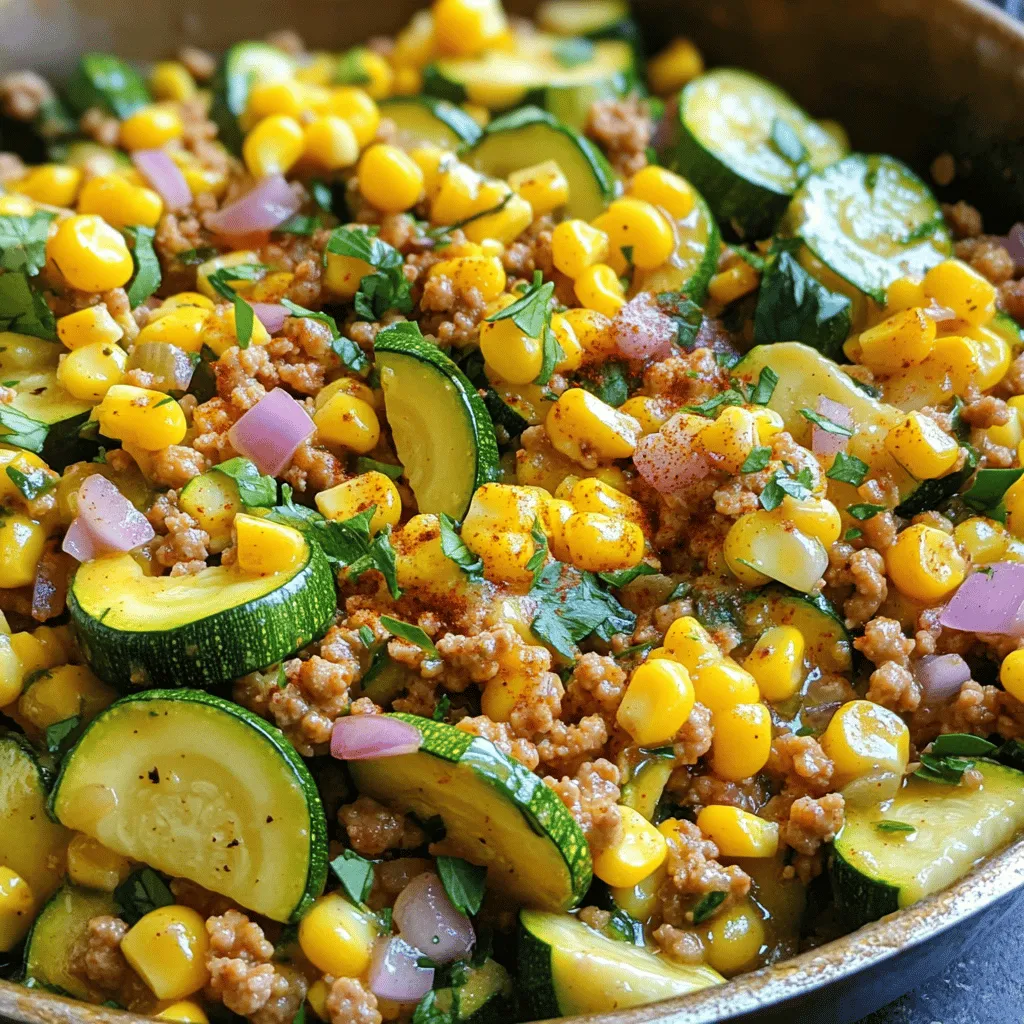 - 1 lb ground turkey - 2 medium zucchinis, diced - 1 cup sweet corn (fresh or frozen) - 1 small red onion, diced - 2 cloves garlic, minced - 2 tablespoons olive oil - 1 teaspoon smoked paprika - 1 teaspoon cumin - 1 teaspoon chili powder To make this tasty ground turkey skillet, you need fresh and simple ingredients. Ground turkey gives a lean protein base. Zucchini adds a nice crunch and color. Corn brings a touch of sweetness. The red onion and garlic provide depth of flavor. Olive oil keeps everything moist and helps with cooking. The spices are key too. Smoked paprika adds warmth. Cumin brings a nutty taste. Chili powder gives a slight kick. These flavors blend well together, making each bite delicious. For the full recipe, check out the details above. Enjoy cooking! To start, gather all your ingredients. You will need: - 1 lb ground turkey - 2 medium zucchinis, diced - 1 cup sweet corn (fresh or frozen) - 1 small red onion, diced - 2 cloves garlic, minced - 1 teaspoon smoked paprika - 1 teaspoon cumin - 1 teaspoon chili powder - 2 tablespoons olive oil - Salt and pepper to taste - Fresh cilantro or parsley, chopped (for garnish) Chop the onion and zucchini first. Mince the garlic next. This helps you move fast when cooking. Heat the olive oil in a large skillet over medium heat. Wait until the oil shimmers. Add the diced onion and cook for 3-4 minutes. Stir it often until it turns soft. Then, add the minced garlic. Cook for 1 more minute. Keep an eye on it so it doesn’t burn. You want it fragrant. Now, increase the heat to medium-high. Add the ground turkey to the skillet. Cook it for 6-8 minutes. Break it apart with a spatula. Cook until it turns brown and there is no pink left. Next, sprinkle in the smoked paprika, cumin, chili powder, salt, and pepper. Mix it well so the spices coat the turkey evenly. Now, it’s time to add the diced zucchini and corn. Stir everything together. Cook for another 5-7 minutes. The zucchini should be tender and well-cooked. After cooking, taste your dish. Adjust the seasoning with more salt and pepper if needed. Take the skillet off the heat. For a pop of color, garnish with freshly chopped cilantro or parsley right before serving. This adds freshness and makes the dish look great. For the full recipe, check the complete instructions provided. To ensure the turkey is cooked well, use a meat thermometer. Ground turkey should reach 165°F (74°C) for safety. Stir the meat often to break it apart. This helps it brown evenly and cook faster. For tender zucchini, cut it into even pieces. This helps it cook uniformly. Add the zucchini to the skillet when the turkey is almost done. Cook for about 5-7 minutes. This will give it a nice soft texture without losing its flavor. To boost the flavor, consider adding spices. Garlic powder or onion powder can enhance the taste. A bit of red pepper flakes adds heat if you like spice. Adding citrus like lime or lemon juice brightens the dish. A squeeze right before serving can make it pop. The acidity from citrus balances the richness of the turkey. The best skillet for this recipe is a large, heavy-bottomed one. A cast iron or non-stick skillet works great. These materials help heat evenly and prevent sticking. Recommended utensils include a spatula for stirring and a meat thermometer for checking doneness. A sharp knife and cutting board are also essential for prepping your veggies. For the full recipe, check out the instructions above. Enjoy your cooking! {{image_4}} You can change up the veggies in your skillet. Try bell peppers for a sweet crunch. Spinach adds a nice color and nutrients. You can also use mushrooms for a meaty texture. Seasonal produce works great too. In summer, add fresh tomatoes or summer squash. In fall, use butternut squash or Brussels sprouts. This keeps your dish exciting and fresh. To make this dish gluten-free, use gluten-free soy sauce or tamari. This will keep the flavor without gluten. For low-carb options, skip the corn or use cauliflower rice instead. This keeps the meal light and healthy. You can also use turkey sausage for extra flavor while still being low-carb. Pair your Ground Turkey Skillet with grains like quinoa or brown rice. This adds a nice, nutty flavor. Serve with warm tortillas for a fun touch. If you want something lighter, try a side salad. A simple green salad with lemon dressing works well. It balances the richness of the skillet. For a heartier meal, add avocado slices on top for creaminess. After making the Ground Turkey Skillet with Zucchini and Corn, let it cool. Store leftovers in an airtight container. This keeps the dish fresh and tasty. I recommend using glass containers. They are safe and help avoid any weird smells. You can freeze this skillet dish for future meals. Allow it to cool completely. Then, place it in a freezer-safe container. Make sure to leave some space for expansion. To thaw, move the container to the fridge overnight. For reheating, use the microwave or a skillet. Heat until it’s hot throughout. In the fridge, your dish lasts about three to four days. Check for any change in color or smell. If it looks or smells off, it’s better to throw it out. Always trust your senses when it comes to food safety. Making this dish takes about 10 minutes to prep and 25 minutes to cook. So, the total time is 35 minutes. This quick cooking time makes it perfect for busy weeknights or last-minute meals. Yes, you can use turkey breast. Just make sure to chop it into small pieces. This change may alter the cooking time, as turkey breast may take longer to cook through. Always check that the meat is fully cooked. This dish pairs well with many sides. You can serve it with warm tortillas or over a bed of rice. It also goes great with a fresh salad or steamed veggies. For a fun twist, try adding avocado or sour cream on top. For the full recipe, check the details above. In this post, we explored a tasty ground turkey skillet. We looked at key ingredients like turkey, zucchini, and corn, and shared tips for cooking and flavor. I offered variations for different diets and storage advice. This dish is flexible and easy to make. It fits many diets and keeps well. I hope you try it soon for a delicious meal!