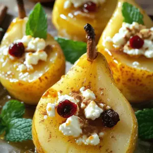 To make baked pears, you need simple yet tasty ingredients. Here’s what you need: - 4 ripe yet firm pears, halved and cored - 1 cup crumbled feta cheese - 1/2 cup dried cranberries - 1/4 cup honey - 2 tablespoons chopped walnuts (optional for added crunch) - 1 teaspoon ground cinnamon - 1 tablespoon fresh lemon juice - Fresh mint leaves for a garnish Each ingredient adds a unique touch. The pears provide sweetness and softness. Feta adds a creamy, salty taste. Cranberries give a burst of tart flavor. Honey brings in natural sweetness. Walnuts can add a nice crunch if you choose to include them. You can customize your baked pears with some fun add-ins. Here are a few ideas: - A sprinkle of nutmeg for warmth - A dash of vanilla extract for extra flavor - Chopped pecans instead of walnuts for a different crunch - A dollop of Greek yogurt when serving for creaminess These options can change the taste and make your dish special. Feel free to mix and match! Choosing the right pears is key for this dish. Here are some tips to help you: - Look for pears that are firm but slightly soft at the stem. - Check for any bruises or dark spots; avoid those. - Choose pears that have a nice, sweet smell. Common varieties for baking are Bosc and Anjou. They hold their shape well when cooked. Selecting good pears ensures your baked pears turn out delicious. First, grab your ripe yet firm pears. You want them sweet but not too soft. Slice each pear in half and remove the core. This step is key for making space for the filling. To keep the pears from turning brown, squeeze some fresh lemon juice on the cut sides. The lemon not only stops browning but adds a nice tangy flavor. Now, let’s make the filling. In a bowl, mix together the crumbled feta cheese, dried cranberries, and optional chopped walnuts. This mix gives a great taste and texture. Add in the ground cinnamon for warmth and stir it all together. You want everything well blended, so the flavors come together nicely. Preheat your oven to 350°F (175°C) now. This ensures the pears cook evenly. Once your mixture is ready, fill each pear half with the feta mix. Press it in gently to pack it well. Place the stuffed pears in a baking dish, cut side up. Drizzle honey all over them so it seeps into the filling. Cover the dish with aluminum foil and bake for 25 minutes. This helps the pears soften. After 25 minutes, remove the foil. Bake them for another 10 to 15 minutes. You want the pears to be fork-tender and the tops golden-brown. Once done, let them cool for a few minutes. Serve warm, garnished with fresh mint leaves for a beautiful touch. For the full recipe, check out the details above. To make your baked pears shine, choose ripe yet firm ones. This helps them hold shape during baking. Use a mix of sweet and tart pears for a well-rounded flavor. Make sure to core the pears deeply, allowing room for the delicious filling. Drizzle lemon juice on the cut sides to prevent browning. This step keeps your pears looking fresh and vibrant. Serve your baked pears warm on a beautiful platter. Drizzle any leftover honey from the baking dish over them. This adds a sweet touch and enhances the flavor. Garnish with fresh mint leaves for a lovely contrast. You can pair them with a scoop of vanilla ice cream or a dollop of Greek yogurt for a creamy finish. Want to boost the taste? Add a pinch of nutmeg or cloves to the feta mix. You can also experiment with fresh herbs, like rosemary or thyme, for a savory twist. If you like a touch of crunch, sprinkle chopped walnuts or pecans on top right before serving. For a hint of tartness, mix in some orange zest. Each small change can create a new experience with every bite. For the full recipe, check the section above. {{image_4}} You can change the cheese in this recipe. Goat cheese adds a tangy twist. Cream cheese gives a rich and creamy texture. Try ricotta for a softer filling. Each option changes the taste but keeps it delicious. While pears shine here, you can use apples. They bake well and have a sweet flavor. Peaches also work well, offering a juicy and soft bite. Just make sure the fruit is ripe enough for baking. In fall, add spices like nutmeg or cloves. They pair well with the warm flavors. During summer, fresh berries can brighten the dish. Use whatever is in season for the best taste. You can find the Full Recipe for more ideas. To store leftover baked pears, let them cool first. Place them in an airtight container. You can keep them in the fridge for up to three days. If you want to keep them longer, freezing is a great option. Just remember to use a container that seals well. Reheat your baked pears in the oven for the best results. Set the oven to 350°F (175°C). Place the pears on a baking sheet. Cover them with foil to prevent drying out. Heat for about 10 to 15 minutes. You can also use a microwave, but the oven keeps them soft and tasty. You can freeze baked pears for later use. After cooling, wrap each pear half in plastic wrap. Then, place them in a zip-top bag. Make sure to squeeze out any air before sealing. They will last up to three months in the freezer. When ready to eat, thaw in the fridge overnight and reheat. Enjoy the sweet taste of baked pears anytime! For the full recipe, refer back to the section above. Yes, you can use fresh cranberries. Fresh cranberries give a tart taste. However, they are more sour than dried ones. If you prefer a sweeter dish, add more honey. Use about half the amount of fresh cranberries as dried ones. This way, you keep the balance of flavors in check. If you want a different flavor, try goat cheese or ricotta. Both options work well with pears. Goat cheese is tangy, while ricotta is creamy. You can also use a plant-based cheese if you are vegan. Just pick one that crumbles easily. Each option will change the taste slightly, but they will still be delicious. Baked pears are great for meal prep! They store well in the fridge for up to three days. Just keep them in an airtight container. You can easily reheat them in the oven or microwave. For a quick snack or dessert, they are perfect. You can also enjoy them cold as a refreshing treat. Check out the Full Recipe for a detailed guide on preparation and storage! Baked pears are a simple and tasty treat. We covered key ingredients, preparation steps, and helpful tips. You learned how to choose the best pears and make a great filling. I shared ideas for serving and storing leftovers, plus fun variations. Now, you can enjoy baked pears any time with confidence. Try out the suggestions and make this dish your own. Your kitchen will smell amazing, and your guests will be impressed!