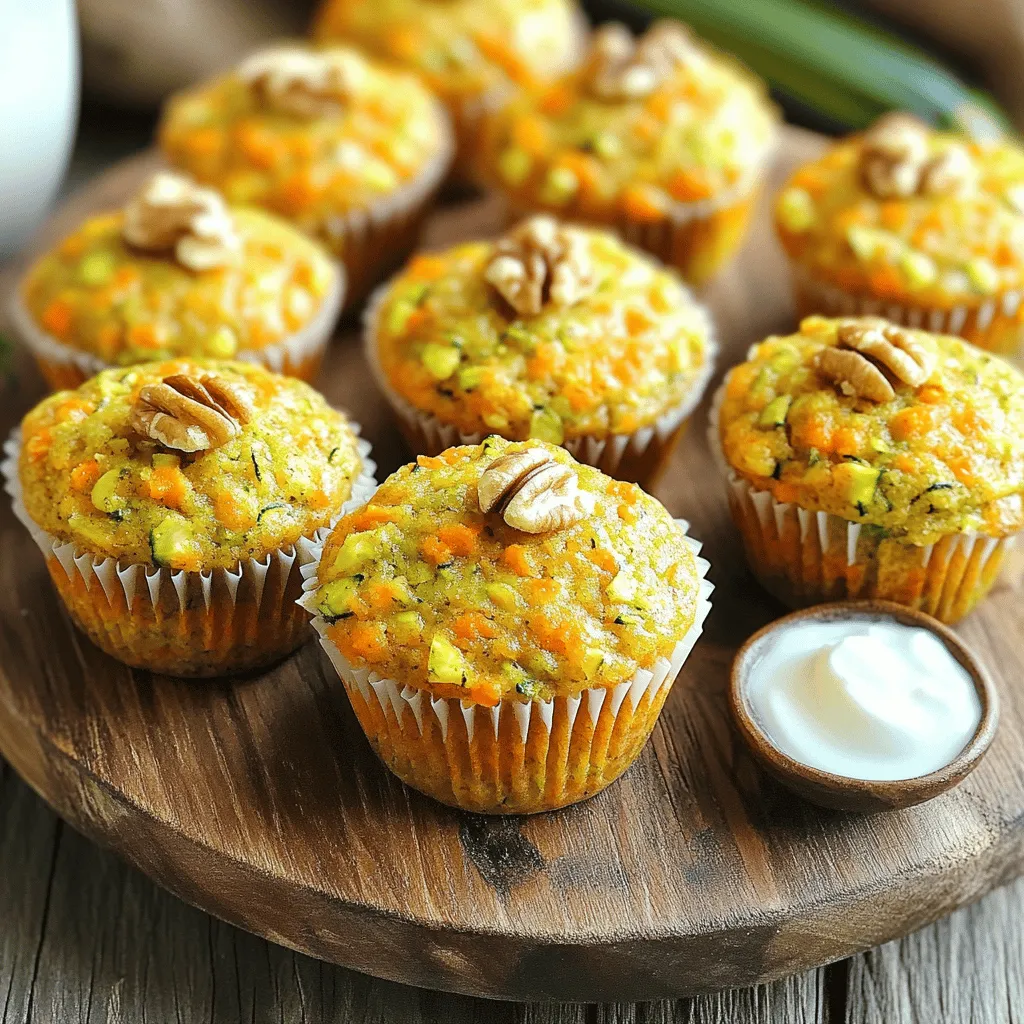 To make Healthy Mini Carrot Zucchini Muffins, gather these simple ingredients: - 1 cup finely grated zucchini (about 1 medium zucchini) - 1 cup finely grated carrots (about 2 medium carrots) - 1 ½ cups whole wheat flour - ½ cup rolled oats - 1 teaspoon baking powder - 1 teaspoon baking soda - ½ teaspoon sea salt - 1 teaspoon ground cinnamon - ½ teaspoon ground nutmeg (optional) - 1/3 cup honey or pure maple syrup - ½ cup unsweetened applesauce - 2 large eggs, beaten - 1 teaspoon pure vanilla extract - ½ cup finely chopped walnuts or pecans (optional) Each mini muffin packs a punch of nutrients. With whole wheat flour and oats, you get fiber and protein. The zucchini and carrots add vitamins A and C, which boost your health. Honey or maple syrup provides a natural sweetness without too much sugar. Each muffin is about: - Calories: 90 - Protein: 2g - Carbohydrates: 14g - Dietary Fiber: 2g - Sugars: 5g - Fats: 3g When picking your ingredients, freshness matters. Here are some tips: - Zucchini and Carrots: Look for firm, smooth skin. Avoid any with soft spots. - Whole Wheat Flour: Check the expiration date. Store it in a cool, dry place. - Oats: Choose whole rolled oats for the best texture and flavor. - Honey or Maple Syrup: Select pure varieties without added sugars. - Nuts: Buy whole or chopped nuts. Check for freshness and avoid any with a stale smell. Using fresh ingredients not only boosts flavor but also enhances the health benefits of your muffins. Enjoy making these nourishing snacks! For the complete recipe, visit the [Full Recipe]. Start by preheating your oven to 350°F (175°C). This temperature helps the muffins rise well. While the oven warms, prepare your mini muffin pan. You can line it with paper liners or lightly grease each cup with cooking spray or oil. This step keeps the muffins from sticking. In a large mixing bowl, combine the dry ingredients. Whisk together 1 ½ cups of whole wheat flour, ½ cup of rolled oats, 1 teaspoon of baking powder, 1 teaspoon of baking soda, ½ teaspoon of sea salt, 1 teaspoon of ground cinnamon, and ½ teaspoon of ground nutmeg (if you like). Make sure they mix well. Set this bowl aside for now. In another bowl, mix the wet ingredients. Add ⅓ cup of honey or pure maple syrup, ½ cup of unsweetened applesauce, 2 beaten eggs, and 1 teaspoon of pure vanilla extract. Whisk until the mixture is smooth and well blended. This step adds sweetness and moisture to your muffins. Now, gently fold in the grated veggies. Add 1 cup of finely grated zucchini and 1 cup of finely grated carrots into the wet mixture. Mix carefully to ensure the veggies are even throughout. Next, gradually add the dry mixture to the wet mixture. Fold just until combined. Be careful not to overmix, as this can make the muffins dense. If you want, gently stir in ½ cup of finely chopped walnuts or pecans for extra crunch. Using a spoon or a small ice cream scoop, fill each muffin cup about 2/3 full with the batter. This gives them room to rise while baking. Place the filled muffin pan in the oven and bake for 12 to 15 minutes. To check if they are done, insert a toothpick into the center of a muffin. If it comes out clean, they are ready. Once baked, let them cool in the pan for 5 minutes, then move them to a wire rack to cool completely. Enjoy your delicious mini carrot zucchini muffins! For the full recipe, check out the details provided. To keep your muffins light and fluffy, mix your batter gently. Overmixing can lead to dense muffins. When combining wet and dry ingredients, fold them together just until moistened. This helps maintain the air bubbles that make your muffins rise. Also, be sure to measure your flour correctly. Spoon the flour into your measuring cup, then level it off. This way, you avoid adding too much flour, which can make muffins heavy. Baking can be quick and fun! To save time, prepare your ingredients ahead. Grate your zucchini and carrots the night before. Store them in the fridge until you’re ready to bake. You can also mix the dry ingredients in advance. This way, when you start baking, you just need to combine everything. Using a mini muffin pan helps too. These bake faster than regular-sized muffins, saving you time in the kitchen. Measuring ingredients accurately is key to great muffins. Use dry measuring cups for flour and oats. For sticky items like honey or applesauce, use liquid measuring cups. Ensure your measuring tools are level and clean. Avoid packing flour or oats down. This can add more than needed, making your muffins too dense. Always check your ingredients for freshness before baking. Fresh ingredients lead to better flavor and texture. For the complete recipe, check out the Full Recipe section. {{image_4}} You can change the sweetener in this recipe. Instead of honey, try using agave syrup. You can also use coconut sugar for a deeper flavor. Each sweetener gives a unique taste. Just remember to keep the amount similar for best results. Mix-ins add fun flavors and textures. Try adding chocolate chips for sweetness. Dried fruits like raisins or cranberries work well too. Nuts like pecans bring a nice crunch. Just keep the total mix-ins to about one cup. This way, the muffins stay moist and tasty. If you need gluten-free muffins, use almond flour or a gluten-free flour mix. Be sure to check the labels for any hidden gluten. You can also use flaxseed eggs instead of regular eggs for a vegan option. Just mix one tablespoon of flaxseed with three tablespoons of water and let it sit. This can replace one egg. These simple swaps keep your muffins healthy and delicious. For the full recipe, check here. To keep your Healthy Mini Carrot Zucchini Muffins fresh, store them in an airtight container. This method prevents them from drying out. Place a paper towel inside the container to absorb moisture. You can store these muffins at room temperature for up to three days. If you want to keep them longer, consider freezing. To freeze your muffins, allow them to cool completely first. Wrap each muffin in plastic wrap tightly. Then, place the wrapped muffins in a freezer-safe bag or container. This way, they can stay fresh for up to three months. When ready to eat, simply remove a muffin and let it thaw at room temperature. Reheating is simple and quick. For a warm muffin, place it in the microwave for 15-20 seconds. If you prefer a crispier texture, reheat in the oven at 350°F (175°C) for about 5-7 minutes. This brings back that fresh-baked flavor and texture. Enjoy your muffins as a nutritious snack or breakfast option! For the full recipe, check out the details above. Yes, you can make these muffins vegan. Replace the eggs with flaxseed meal. Use 1 tablespoon of flaxseed mixed with 3 tablespoons of water for each egg. Let it sit until it thickens. You can also use a plant-based sweetener, like agave syrup. To boost flavor, try adding vanilla extract or a pinch of nutmeg. You can also mix in lemon zest for a fresh taste. Chopped nuts or dried fruit can add texture and sweetness, making each bite delightful. Keep your muffins fresh by storing them in an airtight container. Place parchment paper between layers to avoid sticking. They last about three days at room temperature. For longer storage, refrigerate them to extend freshness. Check if the muffins are done by inserting a toothpick into the center. If it comes out clean, they are ready. You can also gently press the top. If it springs back, they are baked perfectly. Yes, you can use mashed bananas instead of applesauce. This swap adds natural sweetness and moisture. You can also use yogurt or silken tofu for a different texture and flavor. This blog post covered everything you need for great muffins. We explored ingredients, step-by-step instructions, and useful tips. You learned how to choose fresh items and prevent dense muffins. We discussed fun variations and ways to store your treats. As you bake, remember to experiment with flavors and enjoy the process. Happy baking!
