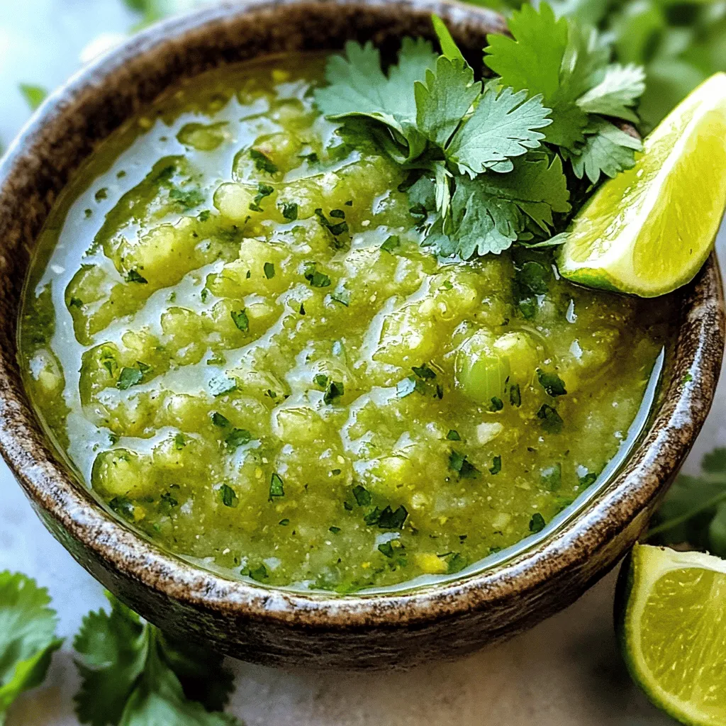 To make a fresh and zesty Salsa Verde, gather these ingredients: - 1 pound tomatillos, husked and rinsed - 1 medium onion, quartered - 2 cloves garlic, peeled - 1-2 jalapeños, stems removed - 1 cup fresh cilantro leaves, loosely packed - 2 tablespoons lime juice - Salt, to taste - 1 tablespoon olive oil (optional) These ingredients create a bright and flavorful salsa that enhances any dish. You can tweak this recipe to suit your taste. Here are some optional ingredients: - Avocado for creaminess - Diced mango for sweetness - A pinch of cumin for warmth - A splash of apple cider vinegar for tang Feel free to mix and match these ingredients. Get creative and make it your own! Each ingredient in your Salsa Verde packs a punch of nutrients: - Tomatillos are low in calories and high in vitamin C. - Onions provide antioxidants and can help reduce inflammation. - Garlic supports heart health and boosts the immune system. - Jalapeños add flavor and can speed up your metabolism. - Cilantro is rich in vitamins A and K. - Lime juice is an excellent source of vitamin C and helps digestion. Together, these ingredients make a healthy addition to your meals. Enjoy the freshness and the benefits! First, preheat your oven to 425°F (220°C). This heat helps cook the veggies well. Next, husk and rinse your tomatillos. Cut your onion into quarters and peel the garlic cloves. Place all the veggies on a baking sheet. If you want, drizzle olive oil over them and sprinkle a pinch of salt. Roast everything for about 15-20 minutes. Look for the tomatillos to soften and get a bit dark. The onion and garlic should caramelize nicely. Keep an eye on them to prevent burning! After roasting, let the veggies cool for a few minutes. This makes them easier to handle. In a blender or food processor, add the roasted tomatillos, onion, garlic, and jalapeños. Don’t forget the fresh cilantro leaves and lime juice! Blend until you reach your desired consistency. Whether you want it smooth or chunky is up to you. Taste your salsa verde and add more salt or lime juice if needed. It’s all about your personal flavor! Once seasoned, scoop the salsa into a nice serving bowl. For a lovely touch, chill it in the fridge for at least 30 minutes. This allows all the flavors to mix well. To present, use a rustic bowl and top it with fresh cilantro. Add lime wedges on the side for color and extra zest. This salsa is perfect with crispy tortilla chips or as a bright topping for tacos and grilled meats. Enjoy your fresh creation! When choosing tomatillos, look for bright green, firm ones. They should feel heavy for their size. If you see some with a slight yellow hue, they are ripe but may taste sweeter. For peppers, choose jalapeños that are smooth and shiny. Avoid any with wrinkles or soft spots. Fresh ingredients make a big difference in flavor. To control the heat in your salsa verde, start with one jalapeño. If you like it spicy, add more! Remember, the seeds and membranes hold the most heat. Remove them for a milder salsa. You can also switch to a poblano pepper for a different flavor with less kick. Allowing your salsa verde to rest is key. After blending, chill it in the fridge for at least 30 minutes. This time helps the flavors mix and deepen. If you can wait longer, even better! Some say the next day tastes the best. Enjoying it with fresh chips or tacos is always a hit! {{image_4}} You can make a tasty twist on salsa verde by adding avocado. This gives the salsa a creamy texture and rich flavor. To create avocado salsa verde, simply add one ripe avocado to your blender with the other ingredients. Blend until smooth. This version works great as a dip or a topping for tacos. The creaminess of the avocado balances the tang of the tomatillos perfectly. You can also use fruit to change your salsa verde. Mango or pineapple adds a sweet and juicy touch. For mango salsa verde, use ripe mango chunks with your usual ingredients. Blend them together until smooth. The sweetness of the mango pairs well with the zesty tomatillos. For pineapple, follow the same steps, making sure to use fresh or grilled pineapple for extra depth of flavor. These fruit-based salsas are delightful served with grilled fish or chicken. Another fun option is to make a creamy salsa verde. Simply stir in some plain yogurt or sour cream after blending your salsa. This adds a tangy flavor and smoothness. Use about half a cup for a nice creamy touch. This creamy salsa verde goes well with spicy dishes, as it cools the heat while adding great taste. You can also serve it as a dip for veggies or chips. For all these variations, feel free to experiment. Each addition can make your salsa verde unique and special. For the full recipe, check out the main section! To keep your salsa verde fresh, store it in an airtight container. Glass jars work well. Make sure the lid is tight to avoid air. Place it in the fridge. This keeps flavors bright and fresh. You can freeze salsa verde for later use. Pour it into freezer-safe bags or containers. Remove as much air as possible before sealing. Label each bag with the date. Salsa verde can last up to six months in the freezer. When you want to use it, thaw overnight in the fridge. In the fridge, your salsa verde stays good for about 4 to 7 days. If it looks or smells off, toss it out. Always check for mold or changes in color. Proper storage keeps your salsa safe and tasty! For the full recipe, check out the complete guide. Salsa verde is a fresh green sauce. It often uses tomatillos as its main base. This sauce is tangy and full of flavor. You can use it with tacos, grilled meats, or chips. Many people love its zesty taste. The bright green color makes it eye-catching, too. Overall, it adds a fresh twist to many dishes. Yes, you can use green tomatoes. They will give a different flavor, though. Tomatillos are slightly tart and have a unique taste. Green tomatoes are milder and sweeter. If you want a salsa with a different twist, try using green tomatoes. Just keep in mind the taste will change a bit. Homemade salsa verde lasts about one week in the fridge. Make sure to store it in an airtight container. It may start to lose flavor after a few days. If you notice any strange smells or colors, it’s best to toss it. Always taste before you use it to ensure freshness. Salsa Verde is a fresh, tasty dip made with tomatillos and peppers. We covered its main ingredients and how to adjust flavors. I shared tips for roasting, blending, and seasoning. You learned to pick the best produce and personalize your salsa. We explored fun variations, like avocado or fruity recipes. Plus, you now know how to store and keep your salsa fresh. Try making Salsa Verde today. The taste will surprise you!