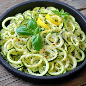 - 4 medium zucchinis, spiralized into noodles - 2 tablespoons extra virgin olive oil - 4 cloves of fresh garlic, finely minced - 1 teaspoon red pepper flakes (adjust according to your spice preference) - Zest of 1 medium lemon - Juice of 1 medium lemon - Salt and freshly ground black pepper to taste Zucchini is the star of this dish. Its mild taste lets other flavors shine. Olive oil adds richness, while garlic gives a nice punch. Red pepper flakes add heat, but feel free to adjust. Lemon brings brightness, making the dish lively. - Fresh basil leaves, chopped - Grated Parmesan cheese Fresh basil adds a pop of color and flavor. If you like cheese, sprinkle some grated Parmesan on top. It adds a nice salty touch. - Salt - Black pepper Seasoning is key. Use salt and black pepper to enhance the dish. Taste as you go to find your perfect balance. For the full recipe, refer to the [Full Recipe]. To start, we need to prepare the zucchini. You can use a spiralizer for the best noodles. This tool makes long, thin strands that mimic pasta. If you don’t have a spiralizer, you can use a vegetable peeler. Simply peel the zucchini into thin ribbons. Both methods work well, so choose what you have. Once you finish, set the zucchini noodles aside for later. Now, let’s cook those zucchini noodles! First, heat the olive oil in a large skillet over medium heat. Wait until the oil shimmers but does not smoke. This is the right temperature for cooking. Next, add the minced garlic and red pepper flakes. Stir them for about 1-2 minutes. You want the garlic to smell great, but be careful not to let it burn. When the garlic is fragrant, it’s time to add the zucchini noodles. Toss them in the skillet, coating them well in the garlic oil. Cook for about 2-3 minutes. We want them warm but still firm, just like al dente pasta. After cooking, fold in the lemon zest and lemon juice. This adds a bright flavor to the dish. Make sure all the noodles are coated well. Now, season generously with salt and freshly ground black pepper. Taste as you go. You can add more if needed. Once seasoned, remove the skillet from the heat. Transfer the zesty zucchini noodles to a serving platter. They should look colorful and inviting. For a finishing touch, garnish with chopped basil and a sprinkle of grated Parmesan cheese if you like. This dish is now ready to enjoy! For the full recipe, check out the details above. To get the right texture, cook zucchini noodles for just 2-3 minutes. This keeps them firm. Overcooking makes them mushy. Sogginess can ruin your dish. Use a large skillet to give noodles room to cook evenly. - Cooking Time Guidelines: Stick to 2-3 minutes for optimal crunch. - Avoiding Sogginess: Use high heat and don’t crowd the pan. Want to kick up the flavor? Try adding more garlic or a splash of soy sauce. Fresh herbs can also make a big difference. You can swap lemon for lime for a twist. - Additional Seasoning Ideas: Add herbs like thyme or parsley for freshness. - Substituting Ingredients: Use coconut aminos instead of soy sauce for a different taste. Serving style can elevate your dish. Use a wide, shallow bowl to show off the noodles. A sprinkle of fresh basil adds color and flavor. You can also add lemon wedges on the side for brightness. - Serving Styles: Present in a large bowl or on a platter for sharing. - Garnishing Techniques: Top with basil and a light dusting of Parmesan for visual appeal. For the complete guide on making these delicious noodles, check out the [Full Recipe]. {{image_4}} You can make noodles from many veggies. Here are two fun options: - Carrot Noodles: Use a spiralizer on carrots. They add a sweet crunch. Cook them like zucchini noodles, but for less time. - Sweet Potato Noodles: These are a bit sweeter. Spiralize sweet potatoes and cook them a little longer. They give a hearty feel to your dish. Switch up the flavors to keep things exciting. Here are some ideas: - Spicy Options: For a kick, add more red pepper flakes or a dash of hot sauce. You can also mix in some chopped jalapeños. This gives your meal a nice heat. - Herb-Infused Versions: Add fresh herbs like thyme or oregano. A splash of balsamic vinegar can also boost flavor. These additions create a fresh taste that brightens the dish. Make your zucchini noodles fit your diet. Here are some ideas: - Vegan Options: Skip the Parmesan cheese. You can use nutritional yeast for a cheesy flavor without dairy. - Gluten-Free Adaptations: This dish is naturally gluten-free. Just ensure all ingredients are labeled gluten-free. You can enjoy this meal without worry. Experiment with these variations to keep your zucchini noodles fresh and fun. For a complete guide, check out the Full Recipe. To keep your cooked zucchini noodles fresh, start with refrigeration. Place them in an airtight container. Make sure to cool them down before sealing. They stay good in the fridge for about 3 days. If you want to keep them longer, freezing is an option. Spread the noodles on a baking sheet to freeze them first. Once frozen, transfer them to a freezer-safe bag. They can last up to 3 months in the freezer. To maintain freshness, keep cooked zucchini noodles dry. Excess moisture leads to spoilage. Always check for any sliminess, discoloration, or a foul smell. If you notice these signs, it's best to toss them. Zucchini noodles should be bright and firm when stored properly. When reheating, you have two main options: the microwave or the stove. The microwave is quick, but it may make the noodles soggy. If you use this method, heat them in short intervals. Stir in between to ensure even warming. The stove is my preferred method. It helps the noodles maintain their texture. Heat a skillet over medium heat, add a splash of oil, and toss the noodles gently. This keeps them crisp and delicious. You can cut zucchini for noodles in a few ways. The best method is using a spiralizer. It makes long, curly noodles that look great. If you don’t have a spiralizer, a vegetable peeler works too. Just peel the zucchini into thin strips. You can also use a knife to cut them into thin matchsticks. All methods give you tasty noodles that cook well. Yes, you can overcook zucchini noodles. Overcooked noodles become mushy and lose their shape. Signs of overcooked noodles include a limp texture and watery appearance. You want them to stay slightly firm, or al dente. Cooking them for about 2-3 minutes is usually enough. Keep an eye on them while they cook to avoid this issue. Zucchini noodles pair well with many dishes. You can serve them with marinara sauce for a classic taste. They also go great with grilled chicken or shrimp for added protein. If you want something lighter, top them with fresh veggies or a simple olive oil dressing. Consider a side salad to complete the meal. Enjoy experimenting with flavors! Zucchini noodles are simple to make and healthy to eat. You learned about key ingredients, step-by-step prep, and various flavor tips. I shared storage advice to keep your noodles fresh. You can also try different vegetables for fun twists. Whether you prefer classic flavors or bold spices, zucchini noodles match any meal. With the right techniques, you can enjoy tasty, perfectly cooked noodles. Dive into this dish to impress yourself and others. Enjoy your cooking journey!