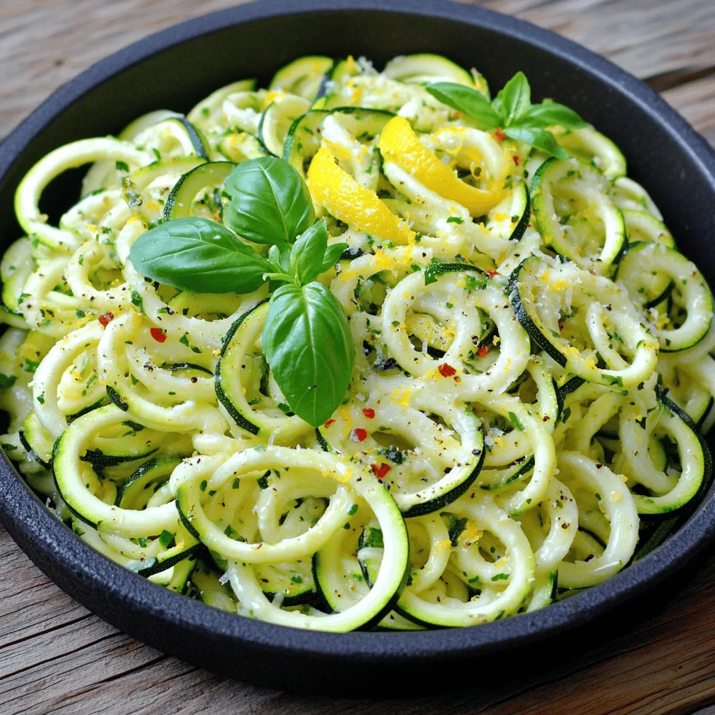 - 4 medium zucchinis, spiralized into noodles - 2 tablespoons extra virgin olive oil - 4 cloves of fresh garlic, finely minced - 1 teaspoon red pepper flakes (adjust according to your spice preference) - Zest of 1 medium lemon - Juice of 1 medium lemon - Salt and freshly ground black pepper to taste Zucchini is the star of this dish. Its mild taste lets other flavors shine. Olive oil adds richness, while garlic gives a nice punch. Red pepper flakes add heat, but feel free to adjust. Lemon brings brightness, making the dish lively. - Fresh basil leaves, chopped - Grated Parmesan cheese Fresh basil adds a pop of color and flavor. If you like cheese, sprinkle some grated Parmesan on top. It adds a nice salty touch. - Salt - Black pepper Seasoning is key. Use salt and black pepper to enhance the dish. Taste as you go to find your perfect balance. For the full recipe, refer to the [Full Recipe]. To start, we need to prepare the zucchini. You can use a spiralizer for the best noodles. This tool makes long, thin strands that mimic pasta. If you don’t have a spiralizer, you can use a vegetable peeler. Simply peel the zucchini into thin ribbons. Both methods work well, so choose what you have. Once you finish, set the zucchini noodles aside for later. Now, let’s cook those zucchini noodles! First, heat the olive oil in a large skillet over medium heat. Wait until the oil shimmers but does not smoke. This is the right temperature for cooking. Next, add the minced garlic and red pepper flakes. Stir them for about 1-2 minutes. You want the garlic to smell great, but be careful not to let it burn. When the garlic is fragrant, it’s time to add the zucchini noodles. Toss them in the skillet, coating them well in the garlic oil. Cook for about 2-3 minutes. We want them warm but still firm, just like al dente pasta. After cooking, fold in the lemon zest and lemon juice. This adds a bright flavor to the dish. Make sure all the noodles are coated well. Now, season generously with salt and freshly ground black pepper. Taste as you go. You can add more if needed. Once seasoned, remove the skillet from the heat. Transfer the zesty zucchini noodles to a serving platter. They should look colorful and inviting. For a finishing touch, garnish with chopped basil and a sprinkle of grated Parmesan cheese if you like. This dish is now ready to enjoy! For the full recipe, check out the details above. To get the right texture, cook zucchini noodles for just 2-3 minutes. This keeps them firm. Overcooking makes them mushy. Sogginess can ruin your dish. Use a large skillet to give noodles room to cook evenly. - Cooking Time Guidelines: Stick to 2-3 minutes for optimal crunch. - Avoiding Sogginess: Use high heat and don’t crowd the pan. Want to kick up the flavor? Try adding more garlic or a splash of soy sauce. Fresh herbs can also make a big difference. You can swap lemon for lime for a twist. - Additional Seasoning Ideas: Add herbs like thyme or parsley for freshness. - Substituting Ingredients: Use coconut aminos instead of soy sauce for a different taste. Serving style can elevate your dish. Use a wide, shallow bowl to show off the noodles. A sprinkle of fresh basil adds color and flavor. You can also add lemon wedges on the side for brightness. - Serving Styles: Present in a large bowl or on a platter for sharing. - Garnishing Techniques: Top with basil and a light dusting of Parmesan for visual appeal. For the complete guide on making these delicious noodles, check out the [Full Recipe]. {{image_4}} You can make noodles from many veggies. Here are two fun options: - Carrot Noodles: Use a spiralizer on carrots. They add a sweet crunch. Cook them like zucchini noodles, but for less time. - Sweet Potato Noodles: These are a bit sweeter. Spiralize sweet potatoes and cook them a little longer. They give a hearty feel to your dish. Switch up the flavors to keep things exciting. Here are some ideas: - Spicy Options: For a kick, add more red pepper flakes or a dash of hot sauce. You can also mix in some chopped jalapeños. This gives your meal a nice heat. - Herb-Infused Versions: Add fresh herbs like thyme or oregano. A splash of balsamic vinegar can also boost flavor. These additions create a fresh taste that brightens the dish. Make your zucchini noodles fit your diet. Here are some ideas: - Vegan Options: Skip the Parmesan cheese. You can use nutritional yeast for a cheesy flavor without dairy. - Gluten-Free Adaptations: This dish is naturally gluten-free. Just ensure all ingredients are labeled gluten-free. You can enjoy this meal without worry. Experiment with these variations to keep your zucchini noodles fresh and fun. For a complete guide, check out the Full Recipe. To keep your cooked zucchini noodles fresh, start with refrigeration. Place them in an airtight container. Make sure to cool them down before sealing. They stay good in the fridge for about 3 days. If you want to keep them longer, freezing is an option. Spread the noodles on a baking sheet to freeze them first. Once frozen, transfer them to a freezer-safe bag. They can last up to 3 months in the freezer. To maintain freshness, keep cooked zucchini noodles dry. Excess moisture leads to spoilage. Always check for any sliminess, discoloration, or a foul smell. If you notice these signs, it's best to toss them. Zucchini noodles should be bright and firm when stored properly. When reheating, you have two main options: the microwave or the stove. The microwave is quick, but it may make the noodles soggy. If you use this method, heat them in short intervals. Stir in between to ensure even warming. The stove is my preferred method. It helps the noodles maintain their texture. Heat a skillet over medium heat, add a splash of oil, and toss the noodles gently. This keeps them crisp and delicious. You can cut zucchini for noodles in a few ways. The best method is using a spiralizer. It makes long, curly noodles that look great. If you don’t have a spiralizer, a vegetable peeler works too. Just peel the zucchini into thin strips. You can also use a knife to cut them into thin matchsticks. All methods give you tasty noodles that cook well. Yes, you can overcook zucchini noodles. Overcooked noodles become mushy and lose their shape. Signs of overcooked noodles include a limp texture and watery appearance. You want them to stay slightly firm, or al dente. Cooking them for about 2-3 minutes is usually enough. Keep an eye on them while they cook to avoid this issue. Zucchini noodles pair well with many dishes. You can serve them with marinara sauce for a classic taste. They also go great with grilled chicken or shrimp for added protein. If you want something lighter, top them with fresh veggies or a simple olive oil dressing. Consider a side salad to complete the meal. Enjoy experimenting with flavors! Zucchini noodles are simple to make and healthy to eat. You learned about key ingredients, step-by-step prep, and various flavor tips. I shared storage advice to keep your noodles fresh. You can also try different vegetables for fun twists. Whether you prefer classic flavors or bold spices, zucchini noodles match any meal. With the right techniques, you can enjoy tasty, perfectly cooked noodles. Dive into this dish to impress yourself and others. Enjoy your cooking journey!