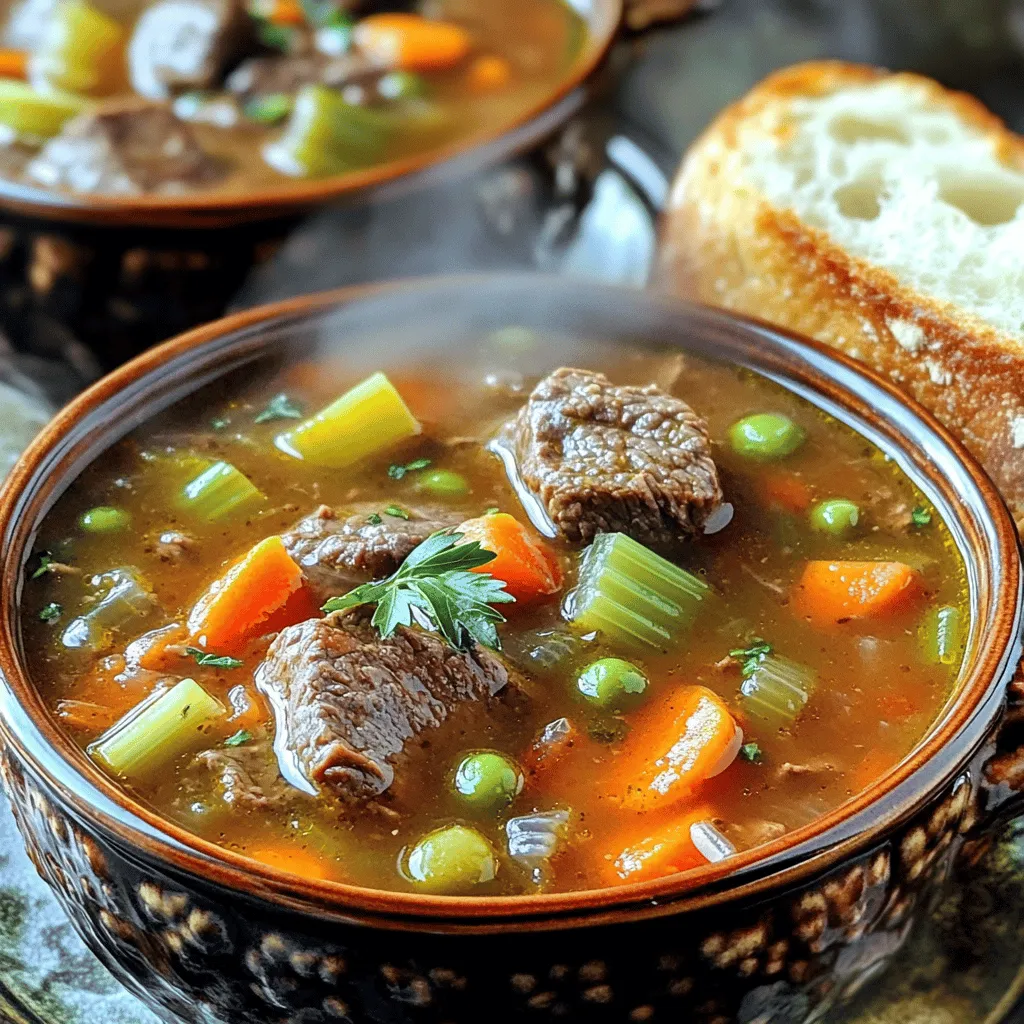 This soup is packed with love and rich flavors. Here are the main ingredients: - 1 lb beef chuck, cut into 1-inch cubes - 2 tablespoons vegetable oil - 1 large onion, diced - 2 garlic cloves, minced - 3 medium carrots, sliced - 2 celery stalks, chopped - 4 cups beef broth, preferably low sodium - 2 cups water - 1 can (14.5 oz) diced tomatoes, with their juices - 1 cup green beans, trimmed and cut into 1-inch pieces - 1 cup corn kernels (fresh, frozen, or canned) - 2 medium potatoes, diced into bite-sized pieces - 1 teaspoon dried thyme - 1 bay leaf - Salt and pepper to taste - Fresh parsley, finely chopped (for garnish) You can personalize this soup with some tasty add-ins. Consider these options: - Peas for a pop of color and sweetness - Bell peppers for extra crunch - Mushrooms for a rich, earthy taste - Spinach or kale for added greens - A splash of Worcestershire sauce for depth Seasoning makes this soup shine. Besides salt and pepper, try these: - Fresh herbs like thyme or rosemary for a bright taste - A pinch of red pepper flakes for some heat - Lemon juice for a zesty finish - A dollop of sour cream for creaminess Garnish with fresh parsley to add a splash of color. This soup is comforting and perfect for any day. The Full Recipe will guide you through making this delightful dish. Start by gathering all your ingredients. You will need: - 1 lb beef chuck, cut into 1-inch cubes - 2 tablespoons vegetable oil - 1 large onion, diced - 2 garlic cloves, minced - 3 medium carrots, sliced - 2 celery stalks, chopped - 4 cups beef broth, preferably low sodium - 2 cups water - 1 can (14.5 oz) diced tomatoes, with their juices - 1 cup green beans, trimmed and cut into 1-inch pieces - 1 cup corn kernels (fresh, frozen, or canned) - 2 medium potatoes, diced into bite-sized pieces - 1 teaspoon dried thyme - 1 bay leaf - Salt and pepper to taste - Fresh parsley, finely chopped (for garnish) Next, chop the onion, garlic, carrots, celery, and potatoes. This makes cooking easier. In a large pot or Dutch oven, heat the vegetable oil over medium-high heat. Add the beef cubes in a single layer. Sear them for 5-7 minutes until they are browned on all sides. Stir them to cook evenly. Once the beef is browned, take it out and set it aside. In the same pot, toss in the diced onion and minced garlic. Sauté these for 2-3 minutes until the onion is soft and smells great. Now, add the sliced carrots and chopped celery to the pot. Cook these for about 5 minutes. This step helps to soften the veggies. Return the seared beef to the pot. Pour in the beef broth, water, diced tomatoes, green beans, corn, and diced potatoes. Mix everything well. Stir in the dried thyme, bay leaf, salt, and pepper. Turn the heat up to bring it to a boil. Once boiling, lower the heat to let it simmer. Cover the pot and cook for 1.5 to 2 hours. This makes the beef tender and flavors blend well. After cooking, taste the soup. Add more salt and pepper if needed. Don’t forget to remove the bay leaf before serving. Ladle the soup into bowls. Garnish each bowl with fresh chopped parsley. This adds a nice touch and bright color. Serve hot and enjoy the warmth of my mom's old fashioned vegetable beef soup. For the full recipe, check out the details above. To make beef soup great, start with good beef. I love using chuck roast. It has just the right fat to keep it moist and tender. Sear the beef well to build flavor. Don't rush this step! It adds depth to your soup. Next, use fresh veggies. Fresh carrots, celery, and onions make a huge difference. They add sweetness and crunch. When you sauté them, they release their natural sugars, which adds a nice taste. Lastly, let the soup simmer. This time allows all the flavors to blend. A slow simmer for one and a half to two hours gives you the best taste. To make my mom's soup healthier, swap some ingredients. Use lean beef, like sirloin, instead of chuck. You can also add more vegetables. Think zucchini, bell peppers, or spinach. These add fiber and nutrients without many calories. Next, consider using low-sodium broth. This helps control the salt intake. You can always add salt later if needed. Lastly, try to use whole grain bread instead of white bread. This will give you more fiber and nutrients. You don’t need fancy tools for this soup, but a few key items help. A large pot or Dutch oven is essential. It distributes heat evenly. This ensures everything cooks well. A good cutting board and chef's knife are a must. They make chopping veggies fast and easy. Lastly, a ladle makes serving soup much simpler. It lets you get the right amount in each bowl without spills. For the full recipe, check the section above! {{image_4}} If you want to make a vegetarian or vegan soup, skip the beef. Use mushrooms for a meaty texture. Add chickpeas or lentils for protein. Swap beef broth with vegetable broth for flavor. You can keep all the veggies from the original recipe. Carrots, celery, and potatoes give great taste. This will still be hearty and satisfying. You can change the meat for a different flavor. Try chicken or turkey instead of beef. These meats cook quickly, so adjust your cooking time. You can also use ground beef or sausage for a different texture. For a smoky flavor, add some diced ham or bacon. Each choice brings a new twist to the soup. To boost flavor, add herbs and spices. Fresh herbs like rosemary or basil can add brightness. A splash of Worcestershire sauce gives depth. You can also toss in a dash of hot sauce for heat. For a sweeter note, add a bit of sugar or honey. Experimenting with flavors makes the soup your own. Check the [Full Recipe] for more tips! To store leftover soup, let it cool first. Pour it into an airtight container. Make sure to leave some space at the top for expansion. Seal the container tightly and place it in the fridge. This soup stays good for about three to four days. If you want to freeze the soup, use freezer-safe containers. Fill the containers, leaving some space at the top. You can also use freezer bags. Make sure to squeeze out as much air as possible before sealing. The soup can last up to three months in the freezer. When you are ready to eat it, just thaw in the fridge overnight. When reheating the soup, you can use the stove or microwave. For the stove, pour the soup into a pot. Heat it over medium heat, stirring often. This helps it heat evenly. If using a microwave, place the soup in a microwave-safe bowl. Heat it in short bursts, stirring in between. This prevents hot spots. Always check the temperature before serving. Enjoy your soup warm and delicious! To make this soup in a slow cooker, start by browning the beef. Heat oil in a skillet. Add the beef and cook until brown. This step adds great flavor. After browning, place the beef in the slow cooker. Then, add the diced onion, garlic, carrots, celery, beef broth, and all other ingredients. Set your slow cooker to low for 6-8 hours or high for 4 hours. Check the beef for tenderness at the end. If it is tender, your soup is ready! This method makes it easy and keeps the soup warm while you go about your day. If you need a substitute for beef broth, you have options. Use chicken broth for a lighter taste. Vegetable broth works well for a vegetarian option. You can also use water with added seasonings. Adding soy sauce or Worcestershire sauce will boost the flavor. Make sure to choose a broth that suits your taste. The broth is a key part of this soup, so pick one you enjoy. This soup can last about 3-4 days in the fridge. Store it in an airtight container to keep it fresh. When you want to eat it again, just reheat it on the stove or in the microwave. If you notice any off smells or changes in color, it’s best to throw it away. Always trust your senses when it comes to food safety. For the complete recipe, check out Mom's Hearty Vegetable Beef Soup. This blog post covered how to make my mom's old-fashioned vegetable beef soup. We discussed key ingredients, add-ins, and seasonings to enhance flavor. I shared step-by-step cooking instructions and valuable tips for a healthier soup. We even explored variations, storage tips, and answered common questions. Remember, cooking is about experimenting. Don’t hesitate to add your twist. Enjoy your soup journey!