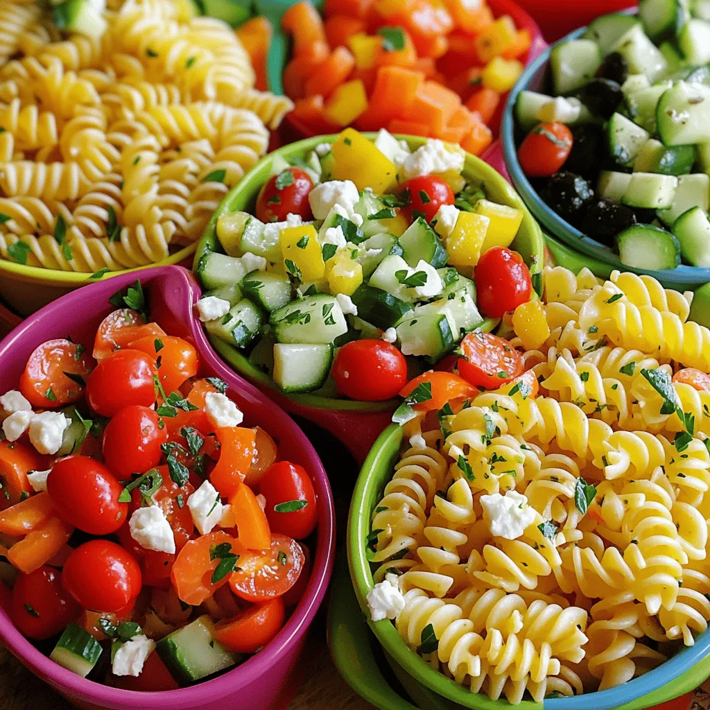 To make a tasty kids' pasta salad, gather these main ingredients: - 2 cups rotini pasta - 1 cup cherry tomatoes, halved - 1 cup cucumber, diced - 1/2 cup carrots, grated - 1/2 cup assorted bell peppers (red, yellow, green), diced - 1/4 cup black olives, sliced - 1/4 cup feta cheese, crumbled - 1/4 cup zesty Italian dressing - 1 tablespoon olive oil - Salt and freshly ground black pepper to taste - Fresh parsley, chopped (for garnish) These colorful ingredients create a fun and bright dish that kids will love! Add a twist to your pasta salad with these optional ingredients: - Cooked chicken or turkey for protein - Diced avocado for creaminess - Corn for a sweet crunch - Peas for added nutrition - Fresh herbs like basil or dill for extra flavor Mix and match these options to keep the salad exciting! If your family has dietary needs, here are some ideas: - Use gluten-free pasta for a gluten-free option. - Swap feta cheese with dairy-free cheese for a vegan dish. - Replace Italian dressing with a homemade vinaigrette for a lighter option. - Ensure all ingredients are nut-free if allergies are a concern. These substitutions help everyone enjoy this meal without worry. For the full recipe, check out the details above! To start, boil water in a large pot. Add a pinch of salt to the water. Once it boils, add 2 cups of rotini pasta. Cook the pasta until it is al dente, about 8-10 minutes. When done, drain the pasta in a colander. Rinse it under cold water to stop the cooking. This keeps the pasta firm. Set the cooled pasta aside in a large mixing bowl. Next, grab your fresh veggies. Add 1 cup of halved cherry tomatoes, 1 cup of diced cucumber, and 1/2 cup of grated carrots to the bowl. Then, add 1/2 cup of diced bell peppers in red, yellow, and green. These colors make your salad fun and bright! Gently toss all the ingredients together. In a small bowl, whisk together 1/4 cup of zesty Italian dressing and 1 tablespoon of olive oil. Add a pinch of salt and freshly ground black pepper for flavor. This dressing brings everything together. Taste it to make sure you like the flavor before adding it to the salad. Now, it's time to combine! Pour the dressing over the pasta and veggies. Gently toss everything together until all the ingredients are coated. This is where the magic happens! If you think it needs more flavor, add a bit more dressing. Let the salad chill in the fridge for at least 30 minutes. This helps the flavors blend. Before serving, give it a gentle toss and garnish with fresh parsley. Serve in bright bowls to make it extra special! For the full recipe, check out the detailed steps above. Letting kids help in the kitchen makes cooking fun. They can measure pasta, wash veggies, and stir. This brings excitement to meal prep. Hand them a safe knife to chop soft veggies, like cucumbers. Teaching kids basic skills builds their confidence. Plus, they feel proud to eat what they made. For a tastier salad, think about adding herbs. Fresh basil or parsley can boost the flavor. Try mixing in some lemon juice for a zesty kick. You can also swap out the Italian dressing for a ranch or vinaigrette. These changes keep things exciting and cater to picky eaters. Kids love colorful food! Use fun, bright bowls for serving. You can even shape the salad into a rainbow. Layer the ingredients by color for a visual treat. Add playful garnishes, like parsley or edible flowers, to make it pop. The more fun it looks, the more kids will want to dig in! You can find the full recipe for Rainbow Kids' Pasta Salad to try these tips out. {{image_4}} For a gluten-free version, use gluten-free pasta. Many brands offer rotini made from rice or corn. They cook just like regular pasta. This swap keeps the dish fun and tasty for everyone. To make the salad vegetarian, skip the feta cheese or use a plant-based option. You can add more veggies like broccoli or snap peas. This keeps the salad colorful and packed with nutrients. Change the ingredients with the seasons. In summer, add fresh corn or zucchini. In fall, use roasted butternut squash or spinach. These swaps bring new flavors and keep things interesting. To keep your kids' pasta salad fresh, let it cool first. Store it in an airtight container. This helps keep flavors intact and prevents drying out. If you made a big batch, divide it into smaller portions. This makes it easier to grab a quick snack later. Always use clean utensils to serve. This way, you avoid bacteria growth. Use glass or plastic containers with tight lids for storing. Glass containers work well since they don't stain and are easy to clean. Plastic containers are lighter and often easier for kids to handle. Make sure to choose containers that are safe for the fridge and freezer. If you plan to freeze, ensure they are freezer-safe to avoid cracks. Kids' pasta salad stays good in the fridge for about three days. After that, flavors may change and it can spoil. If you freeze it, it can last up to two months. However, the texture may change once thawed. Always check for any signs of spoilage before serving. If it smells off or looks unusual, it’s best to throw it out. Yes, you can make Kids' Pasta Salad ahead of time. It tastes even better after sitting. I recommend making it the night before. This allows all the flavors to mix well. Just store it in the fridge until you are ready to serve. If you want a change, try using ranch or balsamic vinaigrette. Both add nice flavors. You can also use a simple mix of olive oil and lemon juice. This keeps it light and fresh. Feel free to experiment with your favorite dressings. To boost nutrition, add more veggies like spinach or broccoli. You can also use whole wheat pasta for extra fiber. Consider tossing in some cooked chicken or chickpeas for protein. These small changes make the salad healthier without losing taste. Yes, be aware of common allergens like gluten and dairy. If someone is gluten-free, use gluten-free pasta. For dairy allergies, skip the feta cheese or use a dairy-free alternative. Always check labels for potential allergens in dressings as well. This blog post covered how to make a tasty kids' pasta salad. We explored main and optional ingredients to suit different tastes. I shared simple steps for cooking, mixing, and dressing. You learned tips to involve kids and make it fun. We discussed variations, storage tips, and answered common questions. In making this salad, you can have fun and get creative. Enjoy this meal together, knowing it’s healthy and delicious.