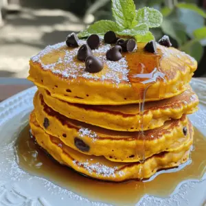 To make delicious pumpkin chocolate chip pancakes, gather these simple ingredients: - 1 cup all-purpose flour - 1/2 cup pumpkin puree - 1 tablespoon packed brown sugar - 1 teaspoon baking powder - 1/2 teaspoon baking soda - 1/2 teaspoon ground cinnamon - 1/4 teaspoon ground nutmeg - 1/4 teaspoon salt - 1 large egg, beaten - 3/4 cup milk (almond, soy, or oat) - 1 teaspoon vanilla extract - 1/2 cup semi-sweet chocolate chips - Butter or vegetable oil for cooking Each ingredient plays a vital role. The flour gives structure, while pumpkin adds moisture and flavor. Brown sugar sweetens and enriches the taste. Baking powder and soda help the pancakes rise. Spices like cinnamon and nutmeg bring warmth. The egg binds everything together, and milk creates a smooth batter. Chocolate chips add that sweet touch. Use butter or oil to ensure a perfect cook. With these ingredients, you can create a breakfast that is both tasty and fun. For the full recipe, check out the detailed instructions to bring these pancakes to life! - Combine Dry Ingredients: Start by taking a large mixing bowl. Add 1 cup of all-purpose flour, 1 tablespoon of packed brown sugar, 1 teaspoon of baking powder, 1/2 teaspoon of baking soda, 1/2 teaspoon of ground cinnamon, 1/4 teaspoon of ground nutmeg, and 1/4 teaspoon of salt. Whisk these together well. This mix gives your pancakes a great rise and flavor. - Mix Wet Ingredients: In another bowl, blend together 1/2 cup of pumpkin puree, 1 large beaten egg, 3/4 cup of milk (feel free to use almond, soy, or oat milk), and 1 teaspoon of vanilla extract. Mix until smooth. This step adds moisture and that lovely pumpkin taste. - Combine Mixtures: Pour the wet mix into the dry ingredients bowl. Stir gently with a spatula until just combined. Don't over-mix, as this can make your pancakes chewy. Fold in 1/2 cup of semi-sweet chocolate chips. They will melt a bit while cooking, creating pockets of chocolate goodness. - Preheat Cooking Surface: Heat a non-stick skillet or griddle over medium heat. Add a small amount of butter or vegetable oil to coat the surface lightly. This helps prevent sticking and adds flavor. - Cook Pancakes: Pour about 1/4 cup of batter for each pancake onto the skillet. Cook until bubbles form on the surface and the edges look set, about 2-3 minutes. Carefully flip and cook for another 1-2 minutes until golden brown. - Repeat Cooking Process: Keep cooking the remaining batter. Add more butter or oil as needed to the skillet. Stack the finished pancakes high on a plate and enjoy with maple syrup! These pancakes are a delightful treat for breakfast or brunch. For the complete recipe, check out the [Full Recipe]. - Perfecting Pancake Texture For fluffy pancakes, avoid over-mixing your batter. Mix until just combined. Small lumps are okay. This keeps the pancakes light and airy. - Ideal Cooking Temperature Preheat your skillet over medium heat. If it’s too hot, pancakes burn outside and stay raw inside. A hot but not smoking skillet is key. - Avoiding Over-Mixing Stir gently when you mix wet and dry ingredients. Over-mixing makes the pancakes tough. Fold in the chocolate chips lightly for the best results. - Stacking and Toppings Stack pancakes high for a beautiful display. Drizzle with maple syrup to add sweetness. Use extra chocolate chips on top for a treat. - Serving with Syrups and Fruits Fresh fruits like bananas or berries pair well. They add color and flavor. You can also try whipped cream for a creamy touch. - Garnishing Ideas A sprinkle of powdered sugar adds a nice finish. A sprig of mint can brighten the plate. For something fun, add a dollop of whipped cream on top. These tips will help you create the perfect pumpkin chocolate chip pancakes. For the complete recipe, refer to the Full Recipe section. {{image_4}} Adding spices or extracts can elevate your pancakes. Try these ideas: - Ground Ginger: Add a pinch for warmth. - Allspice: This brings a holiday flavor. - Vanilla Extract: A splash can deepen sweetness. You can also incorporate nuts or seeds for texture. Here are some suggestions: - Chopped Walnuts: They add crunch and flavor. - Pecans: These give a nice buttery taste. - Chia Seeds: They boost nutrition without changing flavor. If you need a gluten-free option, use almond flour or gluten-free flour blends. These work well in this recipe. Just follow the same steps as with regular flour. For a vegan alternative, swap the egg for a flax egg. Mix one tablespoon of flaxseed meal with three tablespoons of water. Let it sit for five minutes to thicken. Use almond, soy, or oat milk instead of regular milk. This keeps your pancakes fluffy and delicious. You can find the full recipe to make these delightful pancakes in the previous sections. Enjoy your cooking! Refrigeration Tips Store leftover pancakes in an airtight container. Place parchment paper between each pancake to keep them from sticking. They will last for about three days in the fridge. When you want to eat them, just take out what you need. Freezing Instructions For longer storage, freeze pancakes. First, let them cool completely. Then, stack them with parchment paper between each one. Wrap the stack in plastic wrap and place it in a freezer bag. They can stay frozen for up to three months. When ready to eat, thaw in the fridge overnight. Best Methods for Reheating The best way to reheat pancakes is in the toaster or on a skillet. For the toaster, set it to medium heat. For the skillet, heat it on low and add a little butter. Both methods keep the pancakes soft and tasty. Ideal Serving Temperature Pancakes are best served warm. Aim for a temperature around 160°F (70°C). This is when the flavors shine and the chocolate chips will melt just a bit. Enjoy them right after reheating for the best taste! Yes, you can use fresh pumpkin. First, cook it until soft, then mash it. Make sure to drain excess water for the best texture. Fresh pumpkin adds a lovely taste and nutrition. To achieve fluffy pancakes, use baking powder and baking soda. Don't over-mix the batter; gentle stirring keeps air bubbles intact. Let the batter rest for a few minutes before cooking. This helps create a lighter texture. Absolutely! Almond, soy, or oat milk works well. Choose a milk that fits your taste and diet. This substitution won’t change the flavor much, and it keeps the pancakes moist. Store pancakes in an airtight container for up to four days. Reheat them in a pan or microwave when ready to eat. They taste great warmed up. Maple syrup is a classic choice and adds sweetness. Whipped cream, chopped nuts, or fresh fruit make great additions, too. Try adding a sprinkle of cinnamon for an extra flavor boost. Explore different toppings to find your favorite! For a full recipe, check out the detailed instructions above. Enjoy your delicious pancakes! You learned how to make delicious pumpkin chocolate chip pancakes. We covered key ingredients and detailed each step. I shared tips for cooking and serving, plus variations and storage ideas. Enjoying these pancakes can brighten your day. Remember, you can get creative with flavors and toppings. Whether for breakfast or a snack, these pancakes will impress. Try them, and you’ll see how simple and tasty they can be.
