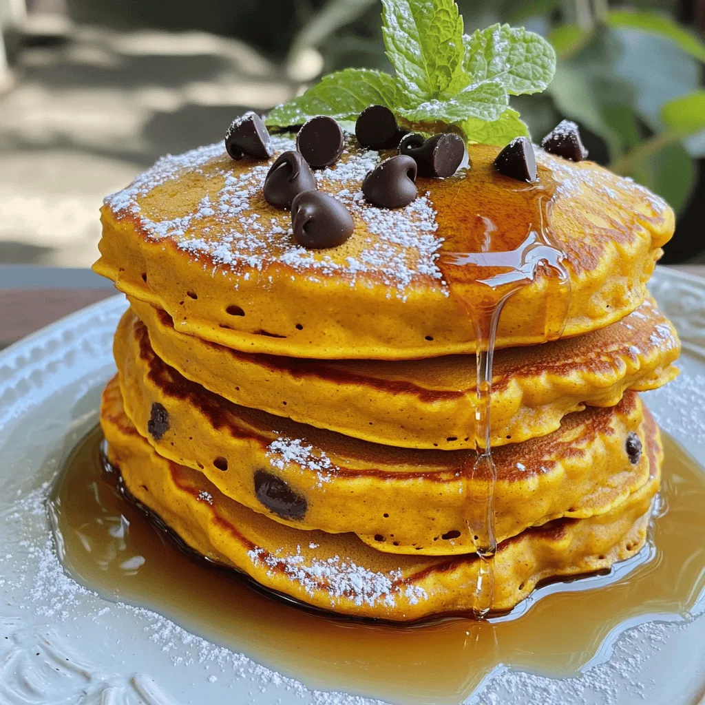 To make delicious pumpkin chocolate chip pancakes, gather these simple ingredients: - 1 cup all-purpose flour - 1/2 cup pumpkin puree - 1 tablespoon packed brown sugar - 1 teaspoon baking powder - 1/2 teaspoon baking soda - 1/2 teaspoon ground cinnamon - 1/4 teaspoon ground nutmeg - 1/4 teaspoon salt - 1 large egg, beaten - 3/4 cup milk (almond, soy, or oat) - 1 teaspoon vanilla extract - 1/2 cup semi-sweet chocolate chips - Butter or vegetable oil for cooking Each ingredient plays a vital role. The flour gives structure, while pumpkin adds moisture and flavor. Brown sugar sweetens and enriches the taste. Baking powder and soda help the pancakes rise. Spices like cinnamon and nutmeg bring warmth. The egg binds everything together, and milk creates a smooth batter. Chocolate chips add that sweet touch. Use butter or oil to ensure a perfect cook. With these ingredients, you can create a breakfast that is both tasty and fun. For the full recipe, check out the detailed instructions to bring these pancakes to life! - Combine Dry Ingredients: Start by taking a large mixing bowl. Add 1 cup of all-purpose flour, 1 tablespoon of packed brown sugar, 1 teaspoon of baking powder, 1/2 teaspoon of baking soda, 1/2 teaspoon of ground cinnamon, 1/4 teaspoon of ground nutmeg, and 1/4 teaspoon of salt. Whisk these together well. This mix gives your pancakes a great rise and flavor. - Mix Wet Ingredients: In another bowl, blend together 1/2 cup of pumpkin puree, 1 large beaten egg, 3/4 cup of milk (feel free to use almond, soy, or oat milk), and 1 teaspoon of vanilla extract. Mix until smooth. This step adds moisture and that lovely pumpkin taste. - Combine Mixtures: Pour the wet mix into the dry ingredients bowl. Stir gently with a spatula until just combined. Don't over-mix, as this can make your pancakes chewy. Fold in 1/2 cup of semi-sweet chocolate chips. They will melt a bit while cooking, creating pockets of chocolate goodness. - Preheat Cooking Surface: Heat a non-stick skillet or griddle over medium heat. Add a small amount of butter or vegetable oil to coat the surface lightly. This helps prevent sticking and adds flavor. - Cook Pancakes: Pour about 1/4 cup of batter for each pancake onto the skillet. Cook until bubbles form on the surface and the edges look set, about 2-3 minutes. Carefully flip and cook for another 1-2 minutes until golden brown. - Repeat Cooking Process: Keep cooking the remaining batter. Add more butter or oil as needed to the skillet. Stack the finished pancakes high on a plate and enjoy with maple syrup! These pancakes are a delightful treat for breakfast or brunch. For the complete recipe, check out the [Full Recipe]. - Perfecting Pancake Texture For fluffy pancakes, avoid over-mixing your batter. Mix until just combined. Small lumps are okay. This keeps the pancakes light and airy. - Ideal Cooking Temperature Preheat your skillet over medium heat. If it’s too hot, pancakes burn outside and stay raw inside. A hot but not smoking skillet is key. - Avoiding Over-Mixing Stir gently when you mix wet and dry ingredients. Over-mixing makes the pancakes tough. Fold in the chocolate chips lightly for the best results. - Stacking and Toppings Stack pancakes high for a beautiful display. Drizzle with maple syrup to add sweetness. Use extra chocolate chips on top for a treat. - Serving with Syrups and Fruits Fresh fruits like bananas or berries pair well. They add color and flavor. You can also try whipped cream for a creamy touch. - Garnishing Ideas A sprinkle of powdered sugar adds a nice finish. A sprig of mint can brighten the plate. For something fun, add a dollop of whipped cream on top. These tips will help you create the perfect pumpkin chocolate chip pancakes. For the complete recipe, refer to the Full Recipe section. {{image_4}} Adding spices or extracts can elevate your pancakes. Try these ideas: - Ground Ginger: Add a pinch for warmth. - Allspice: This brings a holiday flavor. - Vanilla Extract: A splash can deepen sweetness. You can also incorporate nuts or seeds for texture. Here are some suggestions: - Chopped Walnuts: They add crunch and flavor. - Pecans: These give a nice buttery taste. - Chia Seeds: They boost nutrition without changing flavor. If you need a gluten-free option, use almond flour or gluten-free flour blends. These work well in this recipe. Just follow the same steps as with regular flour. For a vegan alternative, swap the egg for a flax egg. Mix one tablespoon of flaxseed meal with three tablespoons of water. Let it sit for five minutes to thicken. Use almond, soy, or oat milk instead of regular milk. This keeps your pancakes fluffy and delicious. You can find the full recipe to make these delightful pancakes in the previous sections. Enjoy your cooking! Refrigeration Tips Store leftover pancakes in an airtight container. Place parchment paper between each pancake to keep them from sticking. They will last for about three days in the fridge. When you want to eat them, just take out what you need. Freezing Instructions For longer storage, freeze pancakes. First, let them cool completely. Then, stack them with parchment paper between each one. Wrap the stack in plastic wrap and place it in a freezer bag. They can stay frozen for up to three months. When ready to eat, thaw in the fridge overnight. Best Methods for Reheating The best way to reheat pancakes is in the toaster or on a skillet. For the toaster, set it to medium heat. For the skillet, heat it on low and add a little butter. Both methods keep the pancakes soft and tasty. Ideal Serving Temperature Pancakes are best served warm. Aim for a temperature around 160°F (70°C). This is when the flavors shine and the chocolate chips will melt just a bit. Enjoy them right after reheating for the best taste! Yes, you can use fresh pumpkin. First, cook it until soft, then mash it. Make sure to drain excess water for the best texture. Fresh pumpkin adds a lovely taste and nutrition. To achieve fluffy pancakes, use baking powder and baking soda. Don't over-mix the batter; gentle stirring keeps air bubbles intact. Let the batter rest for a few minutes before cooking. This helps create a lighter texture. Absolutely! Almond, soy, or oat milk works well. Choose a milk that fits your taste and diet. This substitution won’t change the flavor much, and it keeps the pancakes moist. Store pancakes in an airtight container for up to four days. Reheat them in a pan or microwave when ready to eat. They taste great warmed up. Maple syrup is a classic choice and adds sweetness. Whipped cream, chopped nuts, or fresh fruit make great additions, too. Try adding a sprinkle of cinnamon for an extra flavor boost. Explore different toppings to find your favorite! For a full recipe, check out the detailed instructions above. Enjoy your delicious pancakes! You learned how to make delicious pumpkin chocolate chip pancakes. We covered key ingredients and detailed each step. I shared tips for cooking and serving, plus variations and storage ideas. Enjoying these pancakes can brighten your day. Remember, you can get creative with flavors and toppings. Whether for breakfast or a snack, these pancakes will impress. Try them, and you’ll see how simple and tasty they can be.