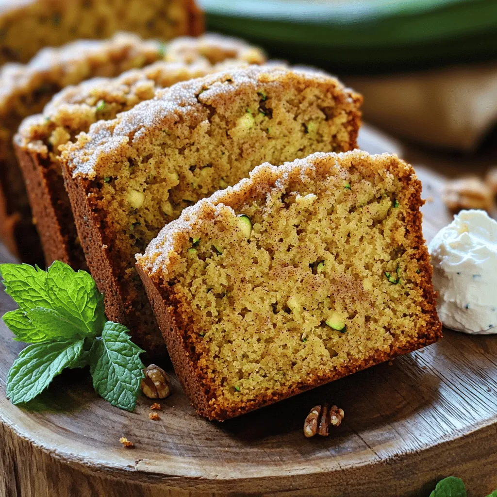 To make the best snickerdoodle zucchini bread, you'll need the following main ingredients: - 2 cups grated zucchini (about 2 medium zucchinis) - 1 ½ cups all-purpose flour - 1 cup granulated sugar - ½ cup packed brown sugar - ½ cup vegetable oil - 2 large eggs - 1 teaspoon vanilla extract - 1 teaspoon baking soda - 1 teaspoon baking powder - 1 teaspoon ground cinnamon - ½ teaspoon ground nutmeg - ½ teaspoon salt - ¼ teaspoon cream of tartar These ingredients work together to create a moist and flavorful bread that everyone will love. You can add some optional ingredients to elevate the flavor of your bread: - ½ cup chopped walnuts or pecans (optional) - 2 tablespoons cinnamon-sugar mixture (for topping) The nuts add crunch, while the cinnamon-sugar topping gives it a sweet finish. To make your snickerdoodle zucchini bread, you will need these tools: - 9x5 inch loaf pan - Mixing bowls - Whisk - Spatula - Grater for zucchini - Clean kitchen towel - Small bowl for cinnamon-sugar mixture Having these tools ready will make your baking process smooth and fun. You can find the full recipe to get started! Start by preheating your oven to 350°F (175°C). Take a 9x5 inch loaf pan and grease it well. You can dust it with flour or line it with parchment paper. This makes it easy to remove the bread later. In a large mixing bowl, add the granulated sugar, brown sugar, and vegetable oil. Whisk these together until smooth. This step makes the base of your bread sweet and moist. Next, add the eggs one at a time, mixing well after each. Stir in the vanilla extract until it's all mixed in. Grate your zucchini and squeeze it lightly in a clean kitchen towel. This removes extra moisture. Now, fold the zucchini into your wet mixture. In a separate bowl, sift the flour, baking soda, baking powder, cinnamon, nutmeg, salt, and cream of tartar together. Gradually mix this dry mix into the wet ingredients. Stir gently until just combined. Don't overmix, as this keeps your bread light. If you want to add nuts, now is the time. Fold in the chopped walnuts or pecans gently. Pour the batter into your loaf pan and smooth the top. In a small bowl, mix the cinnamon-sugar topping. Evenly sprinkle this over the batter for extra crunch and flavor. Bake for 50-60 minutes. Use a toothpick to check for doneness. If it comes out clean, your bread is ready! Let it cool for about 10 minutes in the pan. Then, transfer it to a wire rack to cool completely. Enjoy this delightful recipe! For the full recipe, check [Full Recipe]. To get the best texture, start with fresh zucchini. It must be grated well. Too much moisture can make the bread soggy. Squeeze out excess water using a clean towel after grating. This trick helps keep your Snickerdoodle zucchini bread light and fluffy. Remember, a light hand when mixing is key. Overmixing can create a dense loaf, which we want to avoid. Use a box grater or food processor to grate zucchini. Aim for small, even pieces. This helps the zucchini blend well into the batter. Do not peel the zucchini; keep the skin on for added nutrients and color. You can grate extra and freeze it for later use. This way, you always have zucchini ready for your next bake. Serve your Snickerdoodle zucchini bread warm or at room temperature. Slice it into thick pieces for a hearty treat. I love adding a dollop of cream cheese or butter on top. It adds a rich flavor that pairs well with the spices. For a fun twist, sprinkle some extra cinnamon-sugar on top before serving. You can also garnish with fresh mint leaves. This makes the bread look fancy and inviting. Enjoy the unique taste of this delightful recipe! {{image_4}} You can make a gluten-free version of this tasty bread. Use gluten-free flour instead of regular all-purpose flour. Brands like Bob's Red Mill or King Arthur Flour work well. You may need to add a bit more moisture, like an extra egg or some applesauce. This keeps the bread moist and fluffy. While snickerdoodle is great, mixing flavors can be fun. Try adding chocolate chips for a sweet twist. A touch of lemon zest can brighten the flavors. You could also mix in dried fruits, like cranberries or raisins. These additions give your bread a unique taste. Mini loaves are adorable and perfect for sharing. To make mini versions, use a mini loaf pan. Fill each mini pan about halfway. Bake for 30-35 minutes, but check them often. They cook faster than a full loaf. You can give them as gifts or enjoy them yourself. For the complete recipe, check out the Full Recipe section. Happy baking! To keep your snickerdoodle zucchini bread fresh, wrap it in plastic wrap. This helps lock in moisture. Place it in an airtight container or a resealable bag for added protection. Store it at room temperature for up to three days. If you want it to last longer, refrigerate it. Just remember to let it cool completely before wrapping it. Freezing is a great way to save your snickerdoodle zucchini bread. First, slice the bread into individual pieces. This makes it easier to thaw later. Wrap each slice tightly in plastic wrap, then place them in a freezer-safe bag. Label the bag with the date. You can freeze the bread for up to three months. To enjoy a slice, just take it out and let it thaw at room temperature. Reheating snickerdoodle zucchini bread is simple. For the best taste, use an oven. Preheat your oven to 350°F (175°C). Place the slice on a baking sheet and warm it for about 10 minutes. This helps restore its soft texture. You can also use a microwave, but be careful. Heat it for just 10-15 seconds to avoid making it tough. Enjoy it warm with butter or cream cheese for a tasty treat! Yes, you can substitute the granulated sugar. Use coconut sugar or maple syrup instead. These options will add a unique flavor. Keep in mind that the texture may change slightly. Adjust the liquid in the recipe if using liquid sweeteners. To check if the bread is done, insert a toothpick into the center. If it comes out clean, the bread is ready. You can also gently press the top. It should spring back when cooked. If it leaves an imprint, bake a bit longer. To make the recipe vegan, replace the eggs. Use flax eggs or applesauce instead. For flax eggs, mix one tablespoon of flaxseed meal with three tablespoons of water. Let it sit for a few minutes. This will help bind the ingredients together. If your loaf sinks, it could be due to overmixing. Mix just until combined to avoid this. Also, check your oven temperature. An oven that is too hot can cause sinking. Lastly, ensure you add enough leavening agents like baking soda and baking powder. Snickerdoodle zucchini bread is a fun twist on classic flavors. We covered its main and optional ingredients, tools needed, and gave step-by-step instructions. You also learned tips for a perfect loaf, serving ideas, and variations like gluten-free options. Remember to store your bread properly and follow the reheating tips for the best taste. With this recipe, you can enjoy a delicious treat that not only tastes great but is also easy to make. Happy baking!