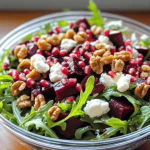 - 2 medium beets, roasted and diced - 4 cups fresh arugula, thoroughly washed and dried - 1/2 cup goat cheese, crumbled - 1/4 cup walnuts, lightly toasted and roughly chopped - 1/4 cup pomegranate seeds - 2 tablespoons balsamic vinegar - 2 tablespoons extra virgin olive oil - 1 teaspoon honey - Salt and freshly ground black pepper, to taste This beet salad shines because of its colorful and fresh ingredients. The beets bring a sweet, earthy taste. Roasting them makes their flavor richer. You can roast the beets ahead of time. Just let them cool, peel, and dice them. The arugula adds a peppery bite. It pairs well with the creamy goat cheese. The cheese gives the salad a nice creaminess. Walnuts add a crunchy texture, while pomegranate seeds offer a burst of sweetness. The dressing ties everything together. It’s simple yet full of flavor. Combine balsamic vinegar, olive oil, honey, salt, and pepper in a bowl. Whisk until it’s smooth. This dressing balances the sweet beets and tangy cheese perfectly. Remember, you can find the Full Recipe above for more detailed steps. Enjoy making this vibrant salad! Preheating the oven First, turn your oven to 400°F (200°C). This hot oven will help the beets roast to perfection. Roasting and cooling the beets Take the medium beets and wrap each one in aluminum foil. Place them on a baking sheet. Roast for about 45 to 60 minutes. You know they are done when you can easily pierce them with a fork. Once they are cooked, let the beets cool down. Peeling and dicing beets When the beets are cool enough to handle, peel off the skin. It should come off easily. Then, cut the beets into small, bite-sized cubes. Set them aside for later. Combining ingredients in a bowl In a small mixing bowl, add balsamic vinegar, extra virgin olive oil, honey, salt, and black pepper. Use a whisk to blend these ingredients well until the dressing is smooth and mixed. Adjusting seasoning and taste Taste the dressing and see if it needs more salt or pepper. You can tweak it to match your taste. The right balance will make your salad shine. Mixing roasted beets and arugula In a large bowl, combine the roasted and diced beets with the fresh arugula. This mix brings together earthy and peppery flavors. Adding dressing and tossing Drizzle the dressing over the beet and arugula mix. Use your hands or a salad fork to gently toss everything. Make sure the beets and arugula are evenly coated in the dressing. Feel free to explore the Full Recipe for more details and tips! To make your beets shine, roasting is key. Wrap each beet in foil and bake them. Set your oven to 400°F (200°C). Roast for about 45 to 60 minutes. Check with a fork; it should pierce through easily. Once done, cool the beets, peel, and dice them into cubes. Now, let’s talk dressing. Use a small bowl for mixing. Combine balsamic vinegar, olive oil, honey, salt, and pepper. Whisk until smooth. Taste it! Adjust the seasoning to fit your preference. This dressing brings the salad to life! Want to add more depth? Consider including sliced avocado or some fresh herbs like basil or mint. These ingredients create an exciting twist on the classic salad. You can even try adding thinly sliced red onions for a sharp bite. Balancing sweetness and acidity is crucial in this salad. The beets offer sweetness, while balsamic vinegar brings acidity. If you feel it’s too sweet, add a splash of lemon juice. It brightens the dish and keeps the flavors in check. Enjoy creating your own version of this vibrant salad! {{image_4}} You can change this beet salad with arugula by adding other greens. Try spinach or kale for a different taste. Mixing in seasonal greens keeps the salad fresh and exciting. You can also add herbs like mint or basil for an extra burst of flavor. Fruits and nuts can also give your salad a fun twist. Add sliced apples or pears for sweetness. You could swap walnuts with pecans or almonds for a crunch. These small changes can make the dish unique every time you serve it. Vinaigrettes can change the whole vibe of your salad. You can use lemon juice or apple cider vinegar instead of balsamic. A honey mustard dressing adds a nice zing too. Mix in some herbs or garlic for more flavor options. If you prefer a creamy dressing, yogurt works great. Greek yogurt adds a nice tang and creaminess. You can mix yogurt with herbs for a fresh take. Creamy dressings elevate the dish while keeping it light. Try these variations to make your beet salad with arugula even more enjoyable. You can find the full recipe above to start creating your own version today! To keep your beet salad fresh, store it in an airtight container. Place it in the refrigerator within two hours after serving. This helps prevent spoilage. The salad stays good for about three days. However, the arugula may wilt over time. - Refrigeration Guidelines: Always cover the salad. Use a lid or plastic wrap. This keeps moisture in and air out. - Best Practices for Maintaining Freshness: Keep components separate if possible. Store beets, cheese, and nuts in different containers. This helps maintain texture and flavor. This salad is best served cold. You can enjoy it straight from the fridge. If you prefer a room temperature salad, let it sit out for 15 minutes before serving. - Tips for Serving Chilled or at Room Temperature: Gently toss the salad before serving. This evenly spreads the flavors. - Combining Flavors After Storage: If the flavors seem muted after storage, add a splash of balsamic vinegar. This brightens up the dish. You can also sprinkle fresh herbs for added zest. For a full recipe of this delicious dish, refer to the Full Recipe section. Yes, you can make this salad ahead of time. I recommend preparing the beets and dressing first. Keep the beets in the fridge for up to three days. You can store the dressing in a jar. Just shake it before using. When you're ready to serve, toss the arugula, beets, and dressing together. Add the cheese and nuts last to keep them fresh and crunchy. This salad is not just tasty; it's also good for you! Here are some nutritional highlights: - Beets: They are rich in fiber and can help lower blood pressure. - Arugula: This leafy green is full of vitamins A, C, and K. - Goat cheese: It provides protein and calcium without being too heavy. - Walnuts: These are great for your heart and have healthy fats. - Pomegranate seeds: They are packed with antioxidants and add a sweet crunch. Absolutely! Pre-cooked beets save time and make this salad easier. You can find them in most grocery stores. Just chop them into small pieces before adding to your salad. This way, you skip the roasting step and get straight to enjoying your meal. If you want more flavor, consider adding a splash of balsamic vinegar to the pre-cooked beets. This beet salad blends simple, fresh ingredients for a delicious meal. Roasted beets, arugula, and tangy goat cheese come together for a tasty dish. You learned about making the perfect dressing and enhancing flavors with tips. Consider seasonal variations to keep it interesting. Remember, proper storage keeps leftovers fresh. You can enjoy this salad anytime. Try it for a healthy boost to your meals. Your taste buds will thank you.