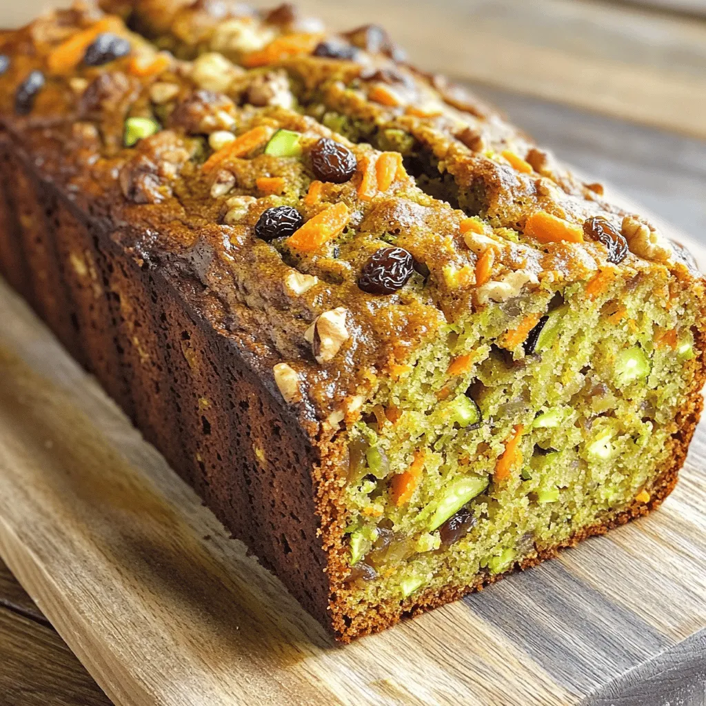 To make your Carrot Apple Zucchini Bread, gather these fresh ingredients: - 1 cup freshly grated zucchini (about 1 medium zucchini) - 1 cup freshly grated carrots (about 2 medium carrots) - 1 cup peeled and grated apple (about 1 medium apple) - 1/2 cup vegetable oil - 1/2 cup packed brown sugar - 1/2 cup granulated sugar - 3 large eggs, at room temperature - 1 teaspoon pure vanilla extract - 2 cups all-purpose flour, sifted - 1 teaspoon baking powder - 1 teaspoon baking soda - 1 teaspoon ground cinnamon - 1/2 teaspoon ground nutmeg - 1/4 teaspoon salt - 1/2 cup chopped walnuts or pecans (optional) - 1/2 cup raisins or dried cranberries (optional) If you need to make swaps, here are some tips: - Zucchini: Use yellow squash if you can't find zucchini. - Apples: Choose a sweet apple like Fuji or Honeycrisp for added flavor. - Oils: Canola oil works well if you want a lighter taste. - Sugars: You can use all brown sugar or all granulated sugar if needed. - Eggs: Use flaxseed meal mixed with water as a vegan egg substitute. Fresh produce makes a big difference in your bread's taste. Here’s how to choose: - Zucchini: Look for firm, smooth skin. Avoid any with soft spots. - Carrots: Select bright orange carrots with no wrinkles or blemishes. - Apples: Choose apples that are firm and fragrant. The skin should be shiny and smooth. Using fresh ingredients ensures your Carrot Apple Zucchini Bread will be tasty and moist, just like the [Full Recipe] suggests! First, set your oven to 350°F (175°C). This temperature makes the bread rise just right. Next, take a 9x5-inch loaf pan. Lightly grease it with butter or oil. Then, dust the pan with flour. This step stops the bread from sticking. In a large bowl, combine the grated zucchini, carrots, and apple. Make sure they are fresh for the best taste. Add the vegetable oil, brown sugar, granulated sugar, eggs, and vanilla extract. Whisk this mixture until it is smooth and well combined. This creates the moist base for your bread. In a separate bowl, add the sifted flour, baking powder, baking soda, ground cinnamon, ground nutmeg, and salt. Whisk the dry ingredients well. This ensures every bite has the same great flavor. Slowly add the dry mixture into the wet mixture. Use a spatula to gently fold them together. Be careful not to overmix it. The batter should be slightly lumpy. This will keep the bread light and fluffy. Transfer the batter into the prepared loaf pan. Smooth the top with a spatula. This helps it rise evenly. Place the pan in the preheated oven. Bake for 50-60 minutes. To check if it’s done, insert a toothpick into the center. If it comes out clean, your bread is ready. Let it cool in the pan for about 10 minutes. Then, move it to a wire rack to cool completely. This keeps it moist and tasty. Enjoy your Carrot Apple Zucchini Bread! For the full recipe, click here. To make your Carrot Apple Zucchini Bread moist, use fresh, grated produce. The moisture from zucchini and apples keeps the bread soft. Be sure to squeeze out excess water from the zucchini. Use a light hand when mixing the batter. Overmixing can lead to a dense loaf. Remember, lumps in the batter are okay! One common mistake is not measuring ingredients accurately. Too much flour can dry out your bread. Another mistake is baking for too long. Always check for doneness with a toothpick. If it comes out clean, your bread is ready. Letting the bread cool in the pan for too long can also make it soggy. Move it to a rack quickly for best results. Serve your bread warm or at room temperature. A slice with cream cheese or butter adds richness. For a fun twist, top with a sprinkle of nuts or a drizzle of honey. Pair your bread with a warm cup of tea or coffee for a cozy treat. This Carrot Apple Zucchini Bread is perfect for breakfast or a snack. For the full recipe, check out the details above! {{image_4}} To make this bread gluten-free, swap regular flour with a gluten-free blend. Look for one that works well for baking. You can also add xanthan gum for better texture. This will help the bread rise and hold together nicely. You can add chia seeds or flaxseeds for more fiber. These seeds boost nutrition without changing the taste much. Instead of sugar, you can use honey or maple syrup for a natural sweetness. If you want fewer calories, you can cut the oil in half and use applesauce instead. For a fun twist, try adding a teaspoon of ginger or allspice. You can also mix in lemon zest for a bright flavor. If you enjoy spices, a dash of cardamom can add warmth. These small changes can make your carrot apple zucchini bread even more exciting. For a full recipe, check the Carrot Apple Zucchini Bread section above. To keep your Carrot Apple Zucchini Bread fresh, store it in an airtight container. This helps keep moisture in and air out. You can also wrap it in plastic wrap or aluminum foil for extra protection. Keep it at room temperature for up to three days. If you want to save it for longer, freezing is a great option. Freezing this bread is easy. First, let the bread cool completely. Then, slice it into pieces. Wrap each slice in plastic wrap tightly. After that, place the wrapped slices in a freezer-safe bag. Be sure to remove as much air as possible to prevent freezer burn. It will stay good for about three months in the freezer. When you want to enjoy a slice, take it out of the freezer. Let it thaw in the fridge overnight. For a quick heat-up, you can microwave a slice for about 15-20 seconds. If you prefer a crispier texture, warm it in the oven at 350°F (175°C) for about 5-10 minutes. Enjoy your warm, moist bread! Yes, you can! This bread is very flexible. You can swap the apple for mashed bananas or pears. You might add shredded sweet potatoes or pumpkin instead of zucchini. Just keep the same amount to maintain the bread's moistness. To make it egg-free, use flaxseed meal or applesauce. Mix 1 tablespoon of flaxseed with 3 tablespoons of water. Let it sit for five minutes to thicken. You can also use 1/4 cup of applesauce for each egg. If your bread turns out dense, it might be due to overmixing. Mix just until combined. Also, check your baking powder and baking soda for freshness. Too old can lead to dense bread. Adding a bit more grated zucchini can help lighten the texture. When stored properly, this bread lasts about one week at room temperature. If you keep it in the fridge, it can last up to two weeks. Make sure to wrap it well to keep it fresh. Yes, you can make it vegan! Just replace the eggs with flaxseed meal or applesauce as mentioned earlier. Use plant-based oil and ensure your sugars are vegan. This way, you can enjoy the flavors without any animal products. For the full recipe, you can refer to the Carrot Apple Zucchini Bread instructions. This guide covered all you need for a great Carrot Apple Zucchini Bread. You learned about ingredients, how to mix and bake, and tips for the best results. I shared ways to adapt the recipe, store leftovers, and answered common questions. Whether you want to impress friends or enjoy a treat, you now have the tools. Cooking should be fun and rewarding. Get baking and enjoy your delicious creation!