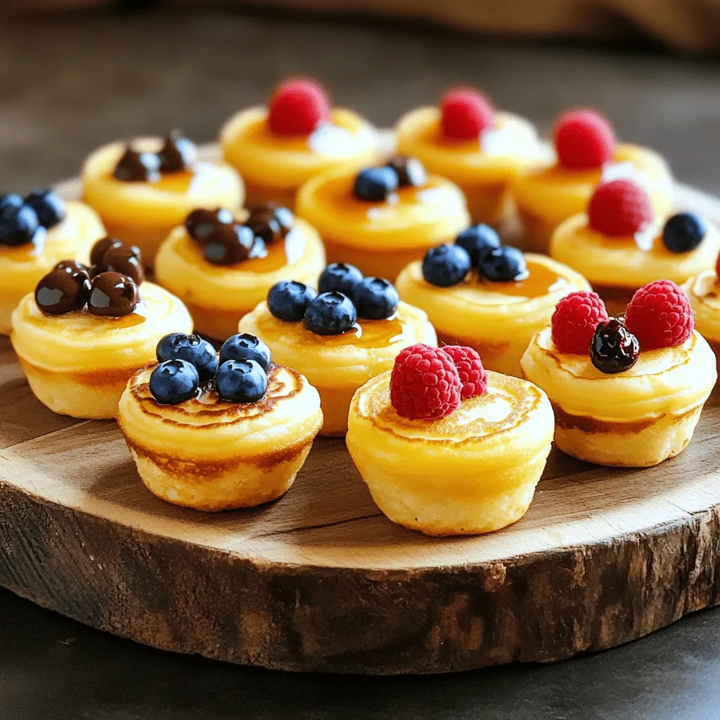 To make pancake mini muffins, you need: - 1 cup all-purpose flour - 1 tablespoon baking powder - 1/2 teaspoon salt - 1 tablespoon granulated sugar - 1 cup milk - 2 large eggs - 2 tablespoons melted butter (or coconut oil for a dairy-free alternative) - 1 teaspoon vanilla extract - 1/2 cup chocolate chips or fresh berries (such as blueberries or raspberries) You can mix in fun flavors or extras. Try these: - Cinnamon for warmth - Lemon zest for brightness - Nuts for crunch - Different fruits like bananas or peaches If you have dietary needs, here are some great swaps: - Use almond milk or oat milk instead of regular milk for a dairy-free option. - Substitute applesauce for eggs, making it vegan. - Use gluten-free flour for a gluten-free version. Experiment with these options to create your perfect pancake mini muffins. Check out the Full Recipe for detailed instructions! Start by preheating your oven to 350°F (175°C). This step is crucial for even baking. Next, grease a mini muffin tin. You can also use mini muffin liners. This ensures easy removal later. In a large bowl, add 1 cup of all-purpose flour, 1 tablespoon of baking powder, 1/2 teaspoon of salt, and 1 tablespoon of granulated sugar. Whisk these together until they mix well. Look for no lumps. This mixture forms the base of your muffins. In another bowl, mix 1 cup of milk, 2 large eggs, 2 tablespoons of melted butter, and 1 teaspoon of vanilla extract. Whisk these until smooth. Now, pour the wet mix into the dry mix. Stir gently until just combined. A few lumps are okay. Next, fold in 1/2 cup of chocolate chips or fresh berries. Do this carefully to keep the batter light. Using a small cookie scoop or spoon, fill each muffin cavity about three-quarters full. Place your muffin tin in the preheated oven. Bake for 12-15 minutes. To test if they’re done, insert a toothpick in the center. If it comes out clean, they’re ready. Let the muffins cool in the tin for about 5 minutes. After that, move them to a wire rack. Enjoy them warm or let them cool completely. You can find the full recipe in the previous section. To achieve a soft and fluffy texture, do not overmix the batter. Mixing until just combined helps your muffins stay light. Use fresh ingredients, especially the baking powder, to ensure they rise well. You can also add a bit more milk if the batter seems too thick. One common mistake is overfilling the muffin tin. Fill each cavity only three-quarters full. This allows room for the muffins to rise without spilling over. Another mistake is letting the batter sit too long before baking. Bake immediately after mixing to keep them fluffy and fresh. Serve these mini muffins warm for the best flavor. Drizzle with maple syrup for added sweetness. You can pair them with yogurt or fresh fruit for a balanced breakfast. Consider placing them on a colorful plate to make them more inviting. You can find the Full Recipe to help you create these delightful treats! {{image_4}} You can change the taste of your pancake mini muffins with fun mix-ins. Try adding spices like cinnamon or nutmeg for warmth. Fresh fruits, like bananas or strawberries, also add sweetness and texture. You can even experiment with extracts, like almond or coconut, to give a unique twist. If you need gluten-free options, swap regular flour for almond or oat flour. For a vegan version, use plant milk and flax eggs instead of regular eggs. You can also replace butter with coconut oil or applesauce. These changes keep the muffins tasty and friendly for many diets. Pancake mini muffins are great for any occasion. They work well on a breakfast spread with yogurt and fruit. For parties, arrange them on a colorful platter. Drizzle with maple syrup or honey for a delightful touch. You can even pair them with whipped cream for a fun dessert option. After baking your pancake mini muffins, let them cool completely. Once cooled, place them in an airtight container. You can keep them at room temperature for up to two days. If you want them to last longer, put them in the fridge. They will stay fresh for about a week in the fridge. Want to save some for later? You can freeze the muffins! First, make sure they are cool. Then, wrap each muffin in plastic wrap. Place the wrapped muffins in a freezer-safe bag. They can last up to three months in the freezer. Just remember to label the bag with the date! When you’re ready to enjoy your muffins again, here’s how to heat them up. If they are frozen, let them thaw in the fridge overnight. To reheat, you can use the microwave for about 15-20 seconds. For a crispier texture, pop them in the oven at 350°F (175°C) for about 5-7 minutes. Enjoy your mini muffins warm for the best taste! To make your pancake mini muffins fluffier, use fresh baking powder. This helps create lift. Also, mix the batter gently. Overmixing can make the muffins dense. Lastly, let the batter rest for a few minutes before you scoop it into the muffin tin. This short wait helps the muffins rise nicely. Yes, you can make pancake mini muffins ahead of time. Bake them and let them cool completely. Store them in an airtight container. They will stay fresh for about three days at room temperature. For longer storage, freeze them. Just place them in a freezer bag. When you want to eat them, thaw and warm them up. The best toppings for pancake mini muffins include maple syrup, whipped cream, or yogurt. Fresh fruit like berries or sliced bananas work well too. You can also sprinkle some powdered sugar for a sweet touch. If you love chocolate, try adding chocolate sauce on top! Absolutely! Adding spices like cinnamon or nutmeg can enhance the flavor. Start with half a teaspoon and adjust to your taste. This small change can make your muffins even more delicious. Yes, you can use a gluten-free flour blend instead of all-purpose flour. Make sure the blend has a good rising agent. This will help keep your muffins light and fluffy. You can mix in nuts, chocolate chips, or dried fruit. These add flavor and texture. Just make sure to fold them in gently to avoid overmixing. Your pancake mini muffins are done when a toothpick inserted in the center comes out clean. They should be lightly golden on top. If they still look wet, bake them a few more minutes. For the full recipe, check out the details provided above. This post covered how to make Pancake Mini Muffins. We looked at key ingredients, including substitutes, and I shared step-by-step instructions. Tips for perfect texture and common mistakes helped you avoid pitfalls. I also suggested different flavors and dietary options. Lastly, we discussed storage and reheating methods to keep your muffins fresh. These muffins are easy to make and customize. Enjoy them at breakfast or as a snack. I hope you feel ready to bake and share your tasty creations!