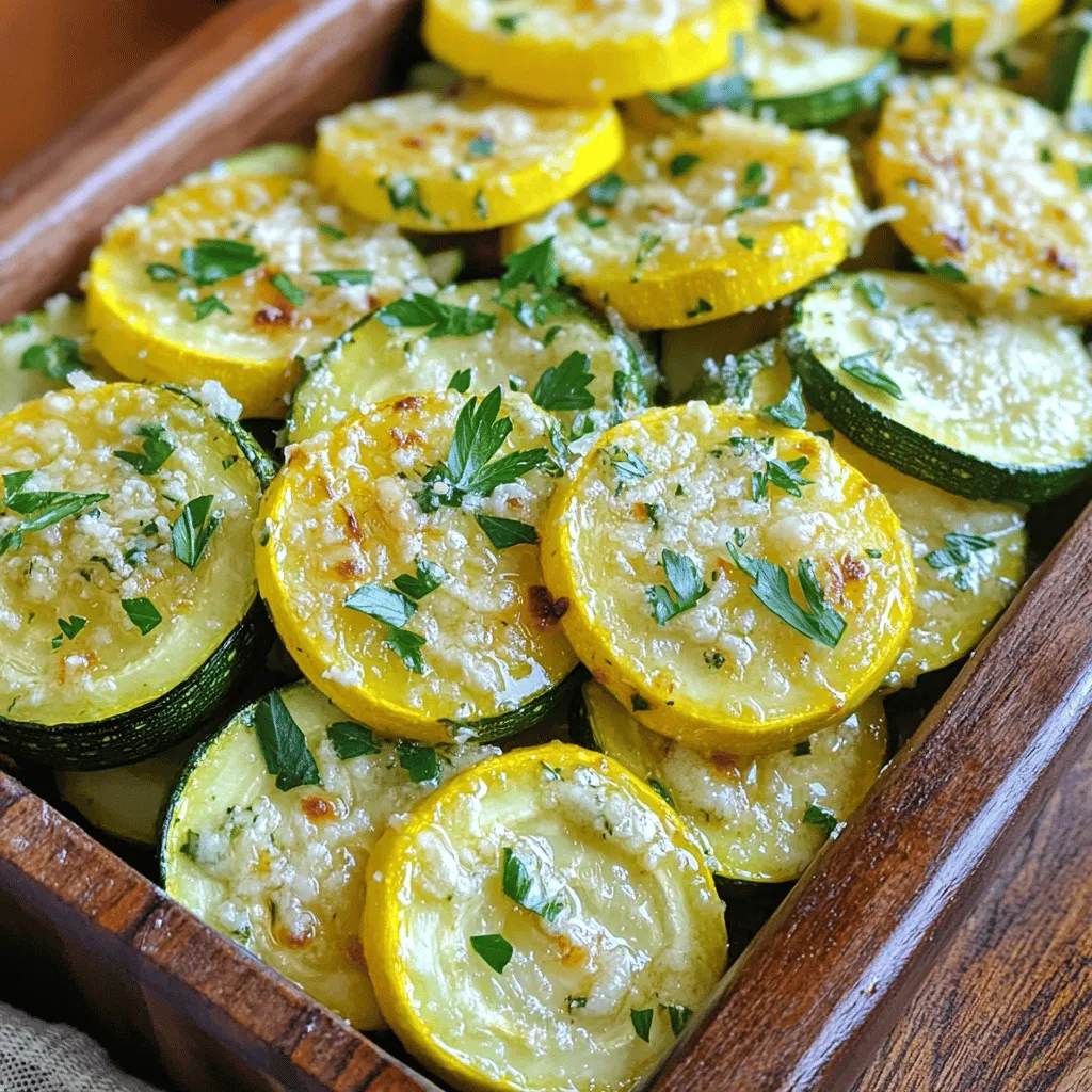 - 2 medium zucchinis, cut into half-moon slices - 2 medium yellow squashes, cut into half-moon slices - 4 cloves garlic, finely minced - 1/2 cup freshly grated Parmesan cheese - 3 tablespoons extra virgin olive oil - 1 teaspoon dried oregano - 1 teaspoon smoked paprika - Salt and freshly ground black pepper - Fresh parsley, finely chopped, for garnish - Large mixing bowl - Baking sheet - Parchment paper - Calories per serving: Approximately 120 - Macronutrient breakdown: - Protein: 5g - Carbohydrates: 7g - Fat: 9g When I prepare this dish, I love using fresh vegetables. Zucchini and yellow squash bring great color and flavor. The key to making this dish shine is the garlic and Parmesan. The garlic adds a nice kick, while the cheese gives a rich taste. Using high-quality olive oil helps enhance the flavors, too. I like to check the nutritional info as well. This dish is low in calories and full of good nutrients. You can feel good about serving it to family and friends. Make sure to gather all the ingredients before starting. This helps everything come together smoothly. For the full recipe, check the details later. Enjoy the process of cooking! 1. Preheat your oven to 425°F (220°C). This hot oven helps the veggies roast well. 2. Line a large baking sheet with parchment paper. This prevents sticking and makes cleanup easy. 3. In a large bowl, mix the sliced zucchinis and yellow squashes. Make sure they are mixed well. 1. Add the minced garlic, olive oil, dried oregano, smoked paprika, salt, and pepper to the bowl. Toss everything well until the veggies get a nice coat of seasoning. 2. Spread the zucchini and squash on the baking sheet in a single layer. This helps them roast evenly and get that golden color. 3. Place the baking sheet in the oven and roast for about 20 minutes. Stir halfway through to make sure everything cooks evenly. Look for tenderness and light golden edges. 4. After 20 minutes, take out the baking sheet. Sprinkle the grated Parmesan cheese evenly over the veggies. 5. Return it to the oven for another 5 minutes. The cheese should melt and become bubbly and lightly brown. 1. Once done, let the dish cool for a couple of minutes. Then transfer the veggies to a serving dish. 2. Garnish with finely chopped parsley for freshness. Serve warm for the best flavor! 3. For a beautiful presentation, use a vibrant, shallow bowl. Add a lemon wedge on the side for a zesty touch. For the full recipe, check the [Full Recipe]. Enjoy your delicious roasted garlic Parmesan zucchini and squash! To cut zucchini and squash, use a sharp knife. Slice them into half-moon shapes. This helps them cook evenly. Aim for pieces about half an inch thick. They will roast nicely without getting too soft. When choosing fresh vegetables, look for firm zucchini and squash. They should be bright and free of blemishes. Gently squeeze them to check for firmness. If they feel soft, pick a different one. Oven temperature is key. Preheat your oven to 425°F (220°C). This high heat helps the vegetables caramelize. It creates a lovely, golden color and a sweet flavor. Stirring the vegetables halfway through roasting is important. This ensures even cooking. It helps every piece get that nice, crispy edge. You can try different cheeses. Pecorino Romano or Asiago can add a new twist. They have a strong flavor that pairs well with the vegetables. Adding fresh herbs can boost flavor. Consider thyme, basil, or rosemary. A sprinkle of red pepper flakes can add a kick. Adjust these to fit your taste. For more ideas, check the Full Recipe for variations. {{image_4}} You can easily play around with different types of squash. Try using butternut or acorn squash for a unique taste. These squashes add a sweet note to the dish. They also change the texture, making it more interesting. For seasoning alternatives, think about adding a bit of cumin or thyme. Both options add warm flavors. You can even substitute smoked paprika with regular paprika for a milder taste. If you need gluten-free options, this recipe is already safe! All the ingredients are gluten-free. You can enjoy this dish without worry. For vegan adaptations, just skip the Parmesan cheese. You can use nutritional yeast instead. It brings a cheesy flavor to the dish without dairy. There are also many vegan cheese options available. Try them to find your favorite! Instead of roasting, you can grill the zucchini and squash. Grilling adds a smoky flavor that is fantastic. Just toss the veggies on a hot grill for a few minutes. Sautéing is another quick prep method. Heat olive oil in a pan and add the sliced vegetables. Cook them on medium heat until tender. This method is fast and keeps them crisp. For more details, check out the Full Recipe. Enjoy experimenting with these variations! To store leftovers, let the dish cool completely. Place it in an airtight container. Keep it in the fridge for up to three days. When you want to reheat, use the oven for best results. Preheat to 350°F (175°C) and warm for about 10 minutes. This keeps the veggies from getting mushy. You can freeze roasted vegetables. Allow them to cool, then place them in a freezer-safe bag. Squeeze out as much air as you can. They will keep for up to three months. When you're ready to eat, thaw them in the fridge overnight. Reheat in the oven at 350°F (175°C) for about 15 minutes. Leftovers can last in the fridge for three days. Look for signs of spoilage, like a sour smell or slime. If you see any of these signs, it’s best to toss the dish. Always trust your senses when checking for freshness. This way, you enjoy your roasted garlic Parmesan zucchini and squash delight at its best. How long does it take to roast zucchini? Roasting zucchini takes about 20 to 25 minutes at 425°F. You want them tender and a bit golden. Stir halfway for even cooking. Can I use frozen zucchini for this recipe? I do not recommend frozen zucchini. Fresh zucchini has a better texture and flavor. Frozen zucchini can be watery when cooked. What to do if zucchini is too watery? If your zucchini is watery, sprinkle salt on it before cooking. Let it sit for 10 minutes, then pat it dry. This helps remove excess moisture. How to enhance the flavors further? Try adding fresh herbs like basil or thyme. Lemon zest can also add a bright touch. A splash of balsamic vinegar boosts the flavor too. What can I use instead of Parmesan cheese? You can use Pecorino Romano for a similar taste. Nutritional yeast is a great dairy-free option, adding a cheesy flavor without dairy. Can I add other vegetables to this dish? Yes! Bell peppers, carrots, or cherry tomatoes work well. Just remember to cut them into similar sizes for even cooking. Check the full recipe for more ideas! In this blog post, we covered a simple and tasty roasted zucchini and squash recipe. You now know the ingredients, cooking steps, and storage tips. I shared helpful advice for perfecting the dish, variations to suit your taste, and answers to common questions. Remember, fresh veggies make a big difference. Enjoy experimenting with flavors and enjoy this healthy dish! It's a great way to add veggies to your meals.