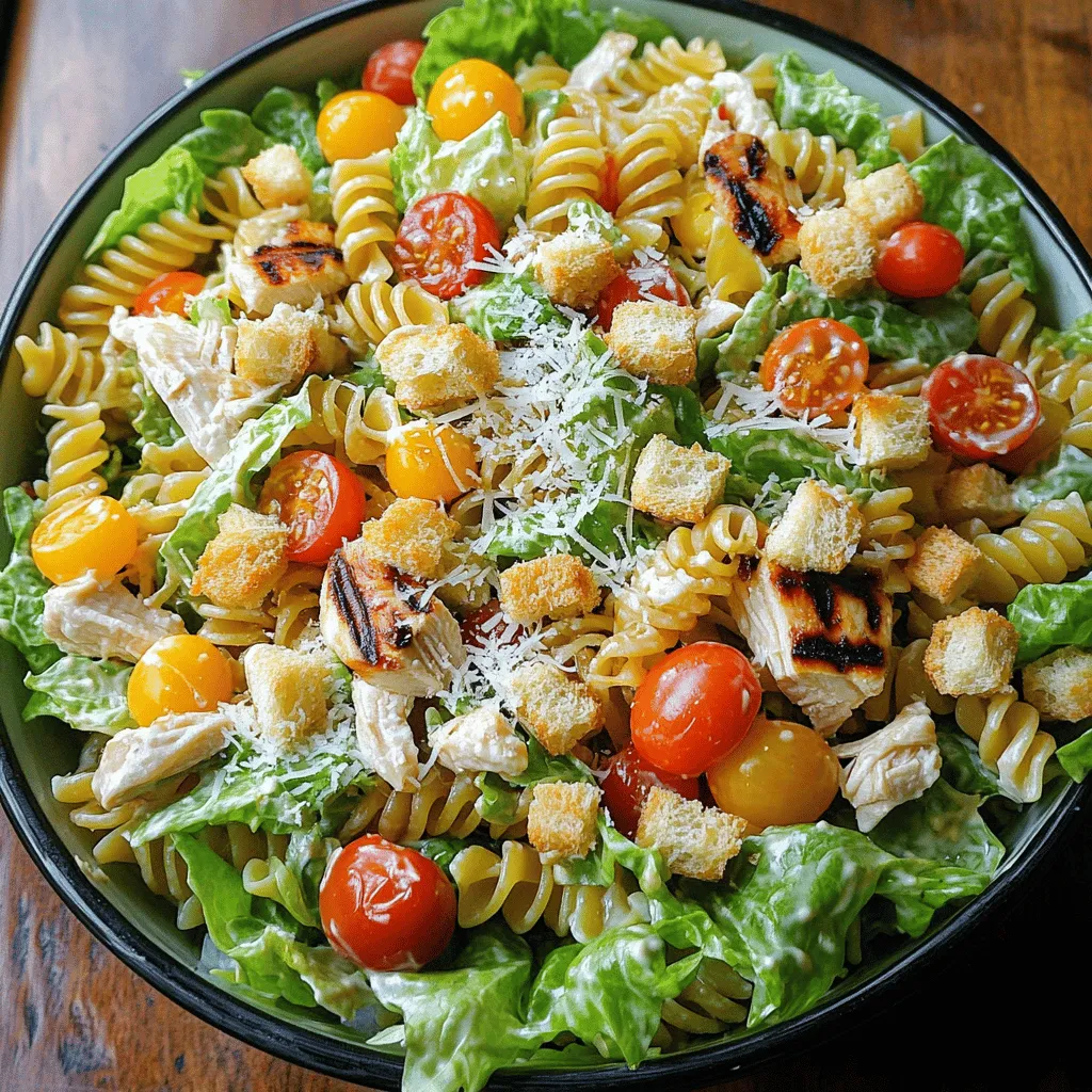 - 2 cups rotini pasta - 1 cup cooked chicken breast, diced - 1 cup romaine lettuce, chopped - ½ cup cherry tomatoes, halved - ¼ cup grated Parmesan cheese - ½ cup Caesar dressing (store-bought or homemade) - 1 tablespoon olive oil - 1 teaspoon garlic powder - Salt and pepper, to taste - Croutons, for garnish For a great Chicken Caesar Pasta Salad, you need fresh and tasty ingredients. Start with rotini pasta. It holds the dressing well and adds a fun twist. Use cooked chicken breast for protein. You can grill or sauté it with olive oil, garlic powder, salt, and pepper for extra flavor. Next, chop some romaine lettuce. It gives a nice crunch and freshness. Halve cherry tomatoes to add sweetness and color. Don’t forget the grated Parmesan cheese. It adds a rich, creamy taste that pairs well with Caesar dressing. You can pick store-bought Caesar dressing or make your own. It should be creamy and tangy. Finally, croutons make the salad fun and crispy. - Calories per serving: Approximately 350 - Macronutrient breakdown: - Proteins: 25g - Fats: 18g - Carbohydrates: 30g This salad is not just tasty; it’s also filling. It gives you a good balance of proteins, fats, and carbs. Enjoy your meal! For the complete method, check out the Full Recipe. To cook rotini pasta, bring a large pot of salted water to a rolling boil. Add 2 cups of rotini pasta. Stir it gently to prevent sticking. Boil according to the package instructions, usually about 8-10 minutes. You want it to be al dente, which means it should be firm but not hard. To check, taste a piece a minute or two before the time is up. Once done, drain the pasta and rinse it quickly with cold water. This stops the cooking and cools it down. Let it sit in the colander to drain well. You can grill or sauté chicken for this salad. If grilling, heat your grill to medium-high. For sautéing, use a skillet on medium heat. Coat the chicken breast lightly with olive oil. Season it with garlic powder, salt, and pepper. Grill or sauté for about 6-7 minutes on each side. The chicken is done when juices run clear. Once cooked, let it rest for a few minutes, then dice it into bite-sized pieces. If you use pre-cooked chicken, just dice it up. In a large mixing bowl, combine the cooled rotini pasta, diced chicken, chopped romaine lettuce, and halved cherry tomatoes. Use a gentle hand to mix everything. This way, you keep the lettuce and pasta intact. Sprinkle ¼ cup of grated Parmesan cheese on top. Be sure to mix it all well for balanced flavor. For the dressing, drizzle about ½ cup of Caesar dressing over the salad mixture. To coat everything evenly, use tongs or a spatula. Gently toss the ingredients together until all are coated with dressing. You can taste your salad to see if you need more seasoning or dressing. Adjust as needed, adding more salt, pepper, or dressing to fit your taste. This process creates a fresh and flavorful Chicken Caesar Pasta Salad. For the full recipe, refer to the beginning of this article. You can easily change this recipe to suit your taste. For the pasta, try using penne or fusilli instead of rotini. If you want a lighter dish, swap the chicken for chickpeas or grilled shrimp. Want to add more crunch? Toss in some diced bell peppers or cucumbers. You can also use kale or spinach instead of romaine for a different texture. To add extra flavors, consider mixing in some fresh herbs. Chopped parsley or basil boosts the taste and freshness. A squeeze of fresh lemon juice brightens the salad, adding zing. You might also try a sprinkle of red pepper flakes for a bit of heat. When storing leftovers, keep the dressing separate. This helps the salad stay fresh longer. Place the pasta, chicken, and veggies in one container. Store the dressing in a small jar. This way, you can dress the salad just before eating. If you want to make the salad ahead of time, you can prep everything a day in advance. Cook the pasta and chicken, then chop the veggies. Keep everything in the fridge. Combine them when you are ready to serve. Serving your salad in a large bowl makes a great impression. You can also serve it on individual plates for a more personal touch. To make it look fancy, add a sprinkle of extra Parmesan cheese on top. Whole cherry tomatoes can add a splash of color too. For garnishing, croutons are a must! They add a nice crunch. You might also drizzle a bit of extra dressing over the top for visual appeal. Remember, we eat with our eyes first! {{image_4}} To make a meat-free version of Chicken Caesar Pasta Salad, simply swap the chicken. You can use chickpeas, tofu, or roasted vegetables. These options add protein and flavor. For added protein, consider using nuts or seeds. They bring a nice crunch and extra nutrients. If you want heat, add some red pepper flakes or sliced jalapeños to your salad. This gives it a nice kick. You can also choose spicy dressings like chipotle Caesar or sriracha ranch. These options add depth and flavor to your dish. To keep this salad gluten-free, substitute regular pasta with gluten-free rotini or quinoa. There are many great brands available today. Always check the labels to ensure they are gluten-free. For a fresh twist, consider using spiralized vegetables like zucchini or carrots. They make the salad light and bright. To keep your Chicken Caesar Pasta Salad fresh, store it in an airtight container. This will help prevent it from drying out or absorbing other odors in your fridge. If stored properly, it stays fresh for up to three days. After that, the pasta can become mushy, and the lettuce may wilt. Before serving leftovers, give it a good stir. This helps to redistribute the dressing and flavors. You can freeze this salad, but I don’t recommend it. Freezing can change the texture of the pasta and lettuce. If you still want to freeze it, separate the dressing and add it later. To reheat, let it thaw in the fridge overnight. Then, mix in fresh lettuce and dressing before serving. This will help revive some of the textures and flavors. Yes, you can use leftover chicken in this salad. It saves time and adds flavor. Just dice the chicken into bite-sized pieces. If the chicken is cold, it works great in the salad. You can also warm it slightly before adding it. This makes your meal even more delicious and reduces food waste. Yes! Making Caesar dressing at home is easy. You need a few simple ingredients. Here’s a quick homemade Caesar dressing recipe: - 1/2 cup mayonnaise - 1 tablespoon Dijon mustard - 1 tablespoon Worcestershire sauce - 1 tablespoon lemon juice - 1/4 cup grated Parmesan cheese - Salt and pepper to taste Mix all the ingredients in a bowl until smooth. Taste and adjust as needed. This dressing will make your salad fresh and tasty. Absolutely! This Chicken Caesar Pasta Salad is perfect for meal prep. You can make it ahead for lunches or dinners. Store it in airtight containers in the fridge. It stays fresh for about 3 days. Just keep the croutons separate until you serve. This keeps them crispy and crunchy. You can make this salad healthier in a few ways: - Use whole wheat rotini for more fiber. - Swap regular Caesar dressing for a light version to cut calories. - Add extra veggies like bell peppers, cucumbers, or carrots for more nutrients. - Choose grilled chicken over fried chicken for a lower fat option. These simple swaps keep the salad tasty while making it better for you. You can enjoy delicious flavors without guilt. For the full recipe, check out the details above. This Chicken Caesar Pasta Salad is easy to make and full of flavor. You learned about the key ingredients, cooking methods, and tips for a tasty salad. We explored variations for different diets and how to store your leftovers. Remember, meal prep can save time and make eating healthy simple. You can easily customize this dish to fit your taste. Try this recipe and enjoy a balanced meal that’s quick and satisfying. Your kitchen adventures await!