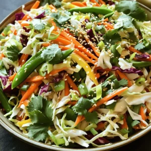 - 2 cups green cabbage, finely shredded - 1 cup red cabbage, finely shredded - 1 cup carrots, julienned - 1 bell pepper (red or yellow), thinly sliced - 1 cup snow peas, trimmed and halved - 1/4 cup green onions, sliced - 1/4 cup fresh cilantro, chopped - 1/4 cup sesame seeds, toasted The main ingredients for Crunchy Asian Slaw bring freshness and color. Green and red cabbage are key for crunch. Carrots add sweetness and bright orange color. Bell peppers give a nice crunch and flavor. Snow peas add a unique snap that feels great. Green onions and cilantro finish the slaw with herbaceous notes. Toasted sesame seeds add a nutty finish. - 3 tablespoons rice vinegar - 2 tablespoons soy sauce (or tamari for gluten-free) - 1 tablespoon honey or maple syrup - 1 tablespoon sesame oil - 1 clove garlic, minced - 1 teaspoon freshly grated ginger - Freshly ground black pepper to taste The dressing is simple yet flavorful. Rice vinegar provides a tangy base. Soy sauce adds depth and saltiness. You can choose honey or maple syrup for sweetness. Sesame oil brings a rich flavor. Garlic and ginger boost the aroma and zest. Black pepper adds just enough heat. This combination makes the slaw sing. For the full recipe, check out the detailed steps. To start, you need to prep the veggies. First, take your green and red cabbage. Shred them finely. Use a sharp knife or a mandoline for this task. Next, julienne the carrots into thin strips. This adds color and crunch. Now for the bell pepper. Slice it thinly; you can use either red or yellow. Then, grab the snow peas. Trim the ends and cut them in half. Lastly, slice the green onions for a fresh taste. Combine all the vegetables in a large mixing bowl. Now, let's make the dressing. In a small bowl, whisk together rice vinegar and soy sauce. You can use tamari for a gluten-free option. Add honey or maple syrup for sweetness. Next, pour in sesame oil for that nutty flavor. Add minced garlic and freshly grated ginger. Don’t forget to add freshly ground black pepper. Whisk until you achieve a smooth mixture. If it feels too thick, add a splash of water to thin it out. Time to combine everything. Drizzle the dressing over the slaw mix in your large bowl. Use tongs or salad forks to toss everything well. Ensure each vegetable gets a nice coat of dressing. This helps blend the flavors. Finally, let’s add some garnish. Sprinkle toasted sesame seeds and chopped cilantro over the slaw. Toss gently to mix them in without breaking the veggies. For the best taste, chill the slaw for 15-20 minutes. This allows the flavors to meld and enhances the dish. Enjoy your Crunchy Asian Slaw! For the full recipe, check out the complete instructions above. Using the right tools makes a big difference. A sharp chef's knife helps you cut easily. A cutting board provides a stable surface. I recommend using a mandoline for even slices. It saves time and gives you great results. To julienne veggies like a pro, start by cutting your vegetables into manageable pieces. For carrots, cut off the ends, and slice them into long strips. Then, stack a few strips and cut them into thin matchsticks. This method works for bell peppers, too. Make sure your slices are uniform; this ensures even cooking and a nice presentation. To kick up the flavor, you can add spices like red pepper flakes or sesame seeds. These spices bring a nice warmth and crunch. You can also try adding a bit of lime zest for a fresh twist. Balancing flavors in the dressing is key. You want a mix of sweet, salty, and tangy. If the dressing is too sweet, add more vinegar. If it’s too salty, a little honey can help. Taste as you go to find the right balance. Serving ideas can make your slaw shine. Use a large bowl to show off those vibrant colors. You can also serve in clear glass bowls. This way, guests can see the beautiful layers of veggies. To showcase colors, sprinkle extra sesame seeds on top. Fresh cilantro adds a bright green touch. A colorful dish always looks more inviting, so don’t be shy with your garnishes. Enjoy your Crunchy Asian Slaw as a fresh and tasty side dish! For the complete recipe, check out the Full Recipe. {{image_4}} You can change up the dressing for your Crunchy Asian Slaw. Try a sesame vinaigrette for a nutty twist. You can also use a creamy dressing if you prefer a richer taste. A yogurt-based dressing can add creaminess without too much fat. Each dressing gives the slaw a new flavor, keeping it exciting. To make your slaw a full meal, add some protein. Grilled chicken is a great choice. It adds a nice flavor and pairs well with the slaw. Tofu works well too, especially if you want a vegetarian option. Shrimp is another tasty addition. Just cook it quickly and toss it in with the slaw. This way, you can enjoy a balanced meal in one bowl. Feel free to swap in seasonal vegetables for freshness. In summer, add cucumbers or radishes for a crisp bite. In fall, use shredded Brussels sprouts or kale. This makes your slaw unique and ties it to the seasons. Always look for local produce to get the best flavor. Using what's in season can make your slaw even more special. Store your crunchy Asian slaw in an airtight container. Glass containers work well for this. They keep the slaw fresh and help prevent any strong odors from mixing. To maintain the crunchiness, do not add dressing until you are ready to serve. If you have leftover dressing, store it separately. This way, you keep the veggies crisp and fresh. You can freeze the slaw, but it may change. First, pack it tightly in a freezer-safe bag. Remove as much air as possible to avoid freezer burn. When you are ready to eat, thaw it in the fridge overnight. The texture will soften, and some flavors may fade. For the best taste, it's better to enjoy it fresh. The slaw lasts about three to five days in the refrigerator. Keep it in an airtight container for the best results. Watch for signs of spoilage like a sour smell, sliminess, or discoloration. If you notice any of these signs, it's best to toss it out. Enjoying it fresh ensures the best taste and crunch! If you lack rice vinegar, you have options. You can use apple cider vinegar, white wine vinegar, or lemon juice. Each will add a tangy flavor to your slaw. Apple cider vinegar gives a fruity note, while lemon juice adds brightness. White wine vinegar is milder and works well too. These substitutes keep your slaw tasty and fresh. Yes, you can prepare this slaw ahead of time! To do this, chop all your veggies and mix them in a bowl. Keep the dressing separate until serving. This helps prevent the slaw from getting soggy. You can store the slaw in the fridge for up to a day. Just toss in the dressing right before you serve it. Yes, this recipe can be gluten-free. To make it gluten-free, replace soy sauce with tamari. Tamari is a great soy sauce alternative made without wheat. Always check labels to ensure all ingredients suit your needs. This way, everyone can enjoy your delicious Crunchy Asian Slaw! This crunchy Asian slaw recipe combines fresh veggies and simple dressing. You learned how to prepare ingredients, mix flavors, and create variations. I shared tips for storing leftovers and making it a complete meal with proteins. By using seasonal veggies and adjusting flavors, you can enjoy this slaw year-round. Remember, presentation matters! Serve it well for a colorful dish. Try this slaw at your next meal. You’ll love how easy and tasty it is!