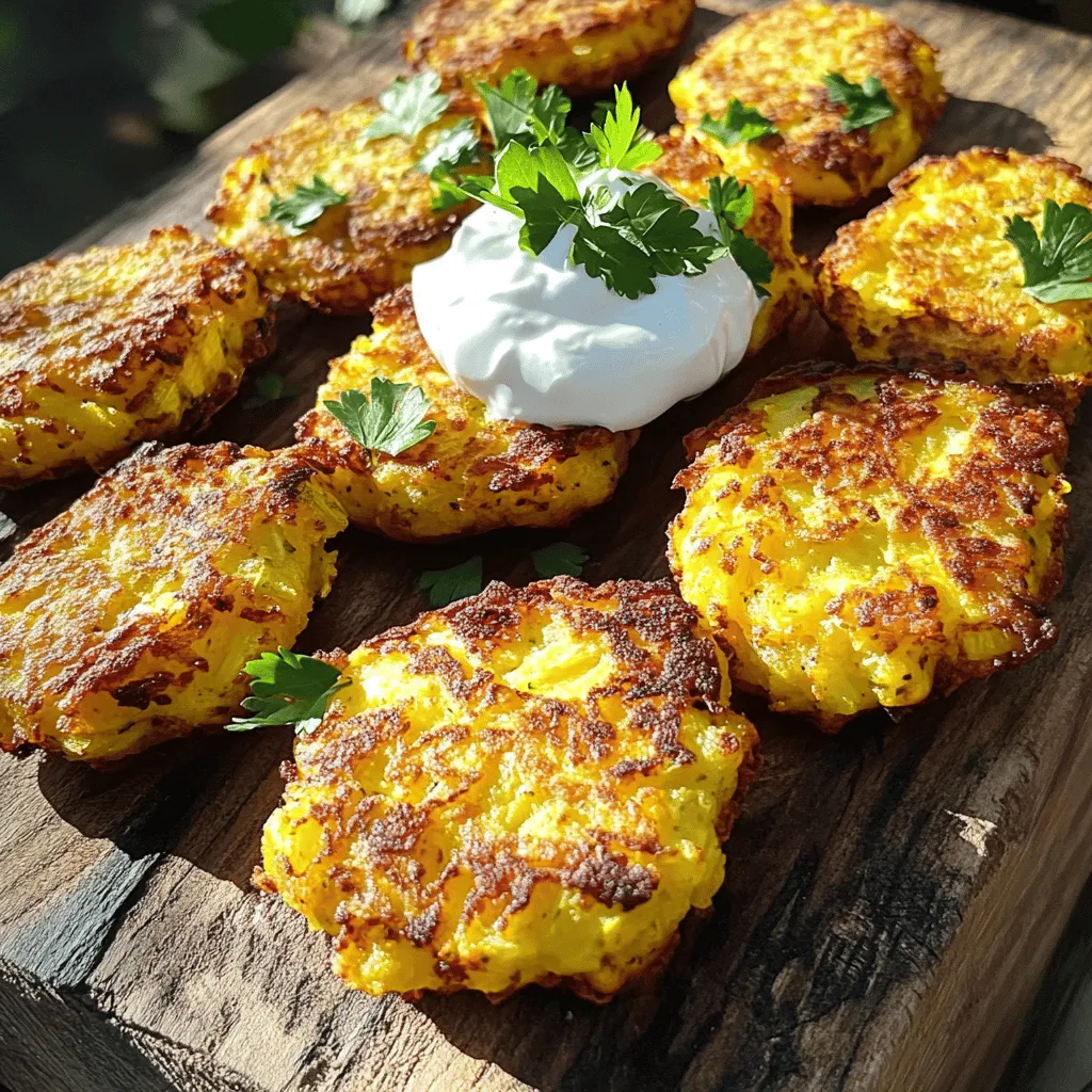 To make crispy air fryer summer squash fritters, gather these ingredients: - 2 medium summer squashes, finely grated - 1 cup zucchini, finely grated - 1/2 cup all-purpose flour - 1/4 cup cornmeal - 1/4 cup freshly grated Parmesan cheese - 1 large egg, beaten - 2 cloves garlic, minced - 1 teaspoon onion powder - 1 teaspoon dried oregano - Salt and freshly ground black pepper to taste - Olive oil spray You can customize your fritters with some fun add-ins. Here are a few ideas: - Fresh herbs like basil or cilantro - A pinch of red pepper flakes for heat - Grated carrots for extra color and flavor - Chopped green onions for a mild onion taste Feel free to mix and match these options to create your perfect fritter! Choosing the right summer squash is key. Look for squash that are: - Firm to the touch - Smooth and shiny skin - Free from soft spots or blemishes Smaller squashes are often sweeter and more tender. When you find fresh summer squash, grab some and enjoy making these tasty fritters! Start by grating the summer squash and zucchini into a large bowl. Use a box grater or a food processor for speed. Add 1 teaspoon of salt to the mix. Let it rest for 10 minutes. This step helps to draw out water. After 10 minutes, take a clean kitchen towel and squeeze out the moisture. Removing excess water is key for crispy fritters. Next, add the all-purpose flour, cornmeal, and Parmesan cheese to the bowl. Then, pour in the beaten egg, minced garlic, onion powder, and oregano. Season with salt and black pepper. Mix everything well until it comes together. Preheat your air fryer to 375°F (190°C). This helps cook the fritters evenly. If you like, line the basket with parchment paper. Lightly spray the basket with olive oil to prevent sticking. Use a tablespoon to scoop the mixture and shape it into patties. Each patty should be about 2 inches wide. Place the patties in a single layer. Make sure they have space for air to flow. Spray the tops lightly with olive oil for extra crispiness. Cook the fritters for 10-12 minutes. Flip them halfway through to ensure they brown evenly. The goal is a golden brown, crispy finish. To get that perfect crunch, moisture removal is vital. The more water you squeeze out, the crunchier your fritters will be. Also, spacing the fritters in the air fryer allows hot air to circulate. This circulation creates that sought-after crispy texture. If you want an even crisper bite, spray a little more olive oil on top before cooking. The oil helps achieve a stunning golden color and adds flavor. Enjoy your delicious fritters warm, served with Greek yogurt or sour cream! To make your air fryer summer squash taste great, use fresh ingredients. Fresh summer squash gives a sweet flavor. I recommend using a mix of zucchini and summer squash. This combo adds depth to your dish. Experiment with herbs like thyme or basil for added taste. A squeeze of lemon juice brightens the flavors too. One common mistake is not squeezing out enough moisture from the squash. If the mixture is too wet, your fritters won’t crisp up. Be patient and let the salt draw out moisture. Another error is overcrowding the air fryer. Give each fritter space to cook evenly. Lastly, don’t skip preheating the air fryer. It helps achieve the perfect texture. Grate your summer squash and zucchini finely for even cooking. This helps the fritters hold together better. I also recommend using a clean kitchen towel to squeeze out excess moisture. Use a light touch when mixing ingredients; over-mixing can lead to tough fritters. Keep your workspace organized, and prepare everything before you start cooking. This way, you'll enjoy a smooth cooking experience while making your crispy air fryer summer squash fritters. For the full recipe, check out the details above. {{image_4}} You can easily change the flavor of your air fryer summer squash fritters. Try using different cheeses like feta or cheddar. These will add a unique taste. Instead of cornmeal, you can use breadcrumbs for a crunchier texture. You can also swap out the flour for almond flour for a gluten-free option. Each swap gives a new twist to the dish. If you love heat, make a spicy version of the fritters. Add cayenne pepper or red pepper flakes into the mixture. Start with a small amount and adjust to your taste. You can also mix in finely chopped jalapeños or serrano peppers. This adds flavor and a nice kick. Serve with a spicy dipping sauce like sriracha mayo. It will elevate the dish even more. To make this dish even healthier, consider these tips. Use whole wheat flour instead of all-purpose flour. You can also reduce the cheese or use a low-fat version. Adding more veggies is another great option. Try mixing in grated carrots or finely chopped spinach. These additions boost nutrients without sacrificing taste. For a lighter version, skip the oil spray and use a silicone baking mat to keep them from sticking. For the full recipe, check out the crispy air fryer summer squash fritters. To store leftover fritters, let them cool down first. Place them in an airtight container. Make sure to layer parchment paper between each fritter. This keeps them from sticking together. Store them in the fridge for up to three days. When you're ready to enjoy your fritters again, preheat your air fryer to 350°F (175°C). Place the fritters in the basket in a single layer. Heat them for about 5 to 7 minutes. This will make them crispy again. You can also reheat them in the oven at 375°F (190°C) for 10 minutes. If you want to freeze your fritters, cool them completely first. Lay them on a baking sheet in a single layer. Freeze until solid, then transfer them to a freezer bag. They will last for up to three months in the freezer. When you want to eat them, thaw them in the fridge overnight. Reheat in the air fryer or oven as mentioned above. Enjoy your crispy air fryer summer squash fritters anytime! For the full recipe, check out the details above. Yes, you can use other squash types. But summer squash works best. Zucchini is a great choice too. Both have a nice flavor and texture. You can also try yellow squash or pattypan squash. Just make sure to grate them finely. This keeps the fritters light and airy. To keep your fritters intact, remove extra moisture. After grating the squash, salt it and let it sit. Then, squeeze out the moisture with a kitchen towel. The drier the mixture, the better it holds together. Also, mix in enough flour and cornmeal. This helps bind the fritters. You have many tasty options for dips. I love using creamy Greek yogurt or tangy sour cream. They add a nice creaminess. You can also try a spicy salsa or a zesty aioli. For a fresh twist, a lemon herb dip works well too. Each dip enhances the fritters' flavors. This blog post showed you how to make tasty air fryer summer squash fritters. We covered the best ingredients, tips for selecting fresh squash, and cooking steps for crispiness. I shared common mistakes to avoid and fun variations for different flavors. Remember to store your fritters properly to keep them fresh. These tips will help you enjoy this dish any time. Your cooking can delight family and friends with these easy steps. Just have fun and experiment with new flavors!