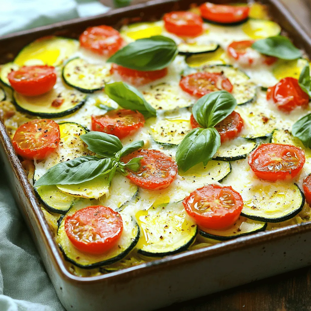- 4 medium zucchinis, thinly sliced - 1 cup cherry tomatoes, halved - 1 cup creamy ricotta cheese - 1 cup shredded mozzarella cheese, divided - 1/2 cup finely grated Parmesan cheese - 1 cup fresh basil leaves, chopped - 2 cloves garlic, minced - 1 teaspoon dried oregano - 1 teaspoon fine sea salt - 1/2 teaspoon freshly cracked black pepper - 1 tablespoon extra virgin olive oil The ingredients for baked zucchini parmesan casserole are fresh and simple. You start with zucchinis. They offer a mild taste and great texture. Cherry tomatoes add a sweet burst. Ricotta cheese makes the dish creamy. Mozzarella gives a cheesy pull. Parmesan adds a salty kick. For herbs, fresh basil brings bright flavor. Garlic adds depth. Oregano gives a classic Italian touch. Sea salt and black pepper bring out all the flavors. Finally, olive oil helps blend everything together and adds richness. - Calories: 300 - Total Fat: 18g - Saturated Fat: 10g - Protein: 15g - Carbohydrates: 20g - Fiber: 3g This baked zucchini parmesan casserole is filling and nutritious. Each serving is packed with flavor and good ingredients. - Gluten-Free Options: This recipe is already gluten-free. Just check all labels if needed. - Dairy Alternatives: Use vegan ricotta or mozzarella cheese for a dairy-free dish. Nut-based cheese works well too. Feel free to make this dish your own! You can mix in your favorite veggies or herbs. Enjoy the fresh ingredients and the joy of cooking! For the complete recipe, check out the Full Recipe. 1. Preheat your oven to 375°F (190°C). This helps the casserole cook evenly. 2. Lightly grease a 9x13-inch baking dish with olive oil. This prevents sticking. 3. In a large mixing bowl, mix the ricotta cheese, half of the shredded mozzarella, grated Parmesan, chopped basil, minced garlic, oregano, salt, and pepper. Stir until creamy and smooth. 1. Start with half of your sliced zucchini. Lay it evenly across the bottom of the dish. 2. Spread half of the ricotta mixture over the zucchini layer. Smooth it out for even coverage. 3. Scatter half of the halved cherry tomatoes on top of the ricotta layer. This adds tasty bursts of flavor. 4. Repeat this layering with the remaining zucchini, followed by the rest of the ricotta mixture. 5. Finish with the rest of the halved cherry tomatoes on top. 1. Sprinkle the remaining mozzarella cheese generously over the top of the casserole. 2. Drizzle olive oil over the entire dish to boost flavor and keep it moist. 3. Cover the dish tightly with aluminum foil. Place it in the preheated oven. Bake for 30 minutes to blend the flavors. 4. After 30 minutes, carefully remove the foil. Bake for another 15-20 minutes. Check that the cheese is bubbly and golden brown. 5. Let it cool for about 10 minutes. This helps the casserole set before slicing. For the full recipe, check the main article. To bake your zucchini casserole evenly, ensure your oven is at 375°F (190°C). Preheating helps cook everything just right. Use a baking dish that’s 9x13 inches. This size allows for proper heat circulation. When layering, spread ingredients evenly. This will keep the textures uniform and avoid sogginess. For a great presentation, serve the casserole warm. Garnish with fresh basil leaves to add color. You can also drizzle balsamic glaze on top. This simple touch provides a sweet and tangy flavor. It makes your dish look fancy for guests. Pair your casserole with a light salad. A simple arugula salad with lemon vinaigrette works well. You can also serve crusty bread on the side for a heartier meal. If you like spice, sprinkle red pepper flakes on top before serving. Add fresh herbs for an extra pop of flavor. {{image_4}} You can swap zucchini for other veggies. Eggplant, yellow squash, or even cauliflower work well. For cheese, try feta or goat cheese instead of ricotta. You can also use cheddar for a stronger flavor. Fresh herbs like thyme or parsley can replace basil for a different taste. If you want to save time, use an Instant Pot. Cook on high for about 10 minutes. For a slow cooker, layer your ingredients and cook on low for 4-6 hours. Both methods keep the flavors rich and delicious. Want a vegan option? Use tofu or cashew cheese instead of dairy. For low-carb or keto diets, skip the tomatoes and use more zucchini. You can also replace ricotta with a mix of cream cheese and herbs. These variations keep the dish tasty while meeting your dietary needs. For the full recipe, check out the Heavenly Baked Zucchini Parmesan Casserole 🥒. After enjoying your baked zucchini parmesan casserole, let it cool completely. This helps keep the flavors fresh. Use an airtight container to store the leftovers. Place the casserole in the fridge. It will stay good for about 3 to 5 days. For the best taste, try to eat it within this time frame. When you’re ready to enjoy the leftovers, preheat your oven to 350°F (175°C). Place the casserole in an oven-safe dish. Cover it with foil to keep it moist. Heat for about 20 minutes or until warm. You can also microwave individual portions. Just heat for 1 to 2 minutes, checking often. This keeps the texture and flavor nice. If you want to save some for later, freezing works well! Cut the casserole into portions. Wrap each one tightly in plastic wrap. Then, put the wrapped portions in a freezer bag. Make sure to label the bag with the date. You can freeze it for up to 3 months. To defrost, move a portion to the fridge overnight. Reheat it using the instructions above. Enjoy your meal! The baked zucchini Parmesan casserole lasts about 3 to 5 days in the fridge. Store it in an airtight container to keep it fresh. Make sure to let it cool before putting it in the fridge. If you see any signs of spoilage, like an off smell or mold, toss it out. Yes, you can prepare this casserole in advance. You can assemble it the night before and cover it tightly. Just keep it in the fridge until you are ready to bake. This makes dinner easy on busy days. If you want to freeze it, do so before baking. It can last for about 2 to 3 months in the freezer. This casserole pairs well with many side dishes. You can serve it with a fresh salad, like a simple green salad or a Caesar salad. Some crusty bread or garlic bread also works great. If you want to keep it light, try serving it with steamed vegetables. Each option adds a nice touch to your meal while balancing the flavors of the casserole. For the full recipe, check out the Heavenly Baked Zucchini Parmesan Casserole! In this blog post, I shared a delicious zucchini casserole recipe. You learned about the fresh ingredients, tips for cooking, and variations to try. I also covered storage and reheating methods to keep leftovers tasty. I hope you feel inspired to make this dish and enjoy it with family or friends. Cooking can be fun and rewarding, especially with simple recipes like this one. Remember, you can always mix things up to make it your own. Enjoy your cooking journey!
