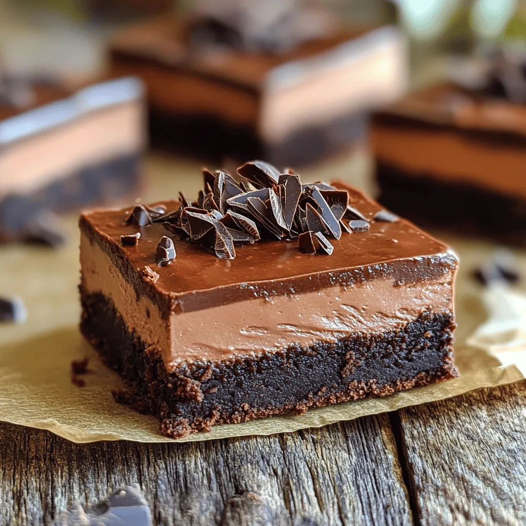 To make delicious Layered Chocolate Mousse Brownies, gather the following ingredients: - 1 cup unsalted butter - 2 cups granulated sugar - 4 large eggs - 1 tablespoon pure vanilla extract - 1 cup all-purpose flour - 1/2 cup unsweetened cocoa powder - 1/2 teaspoon salt - 2 cups semi-sweet chocolate chips - 1 cup heavy cream - 2 tablespoons powdered sugar - 1 teaspoon vanilla extract (for the mousse) - Dark chocolate shavings, for garnish Using precise measurements is key. It ensures the right taste and texture. If you use too much flour, your brownies can become dry. If you add too little cocoa powder, the chocolate flavor fades. Always measure with care. Use a kitchen scale for accuracy, if possible. This way, you will achieve the best results with your brownies. Quality ingredients make a big difference. I suggest using high-quality cocoa powder. It boosts the chocolate flavor. Choose good semi-sweet chocolate chips for that rich taste. Fresh eggs and real vanilla extract elevate the overall dish. For the best mousse, use heavy cream with a high-fat content. This helps create a light and fluffy texture. When you use quality ingredients, you will taste the difference in every bite! Start by gathering all your ingredients. Measure them out so you have everything ready. This makes cooking easier and more fun. Preheat your oven to 350°F (175°C). Grease a 9x13-inch baking pan with butter or line it with parchment paper. This will help you remove the brownies later. 1. Melt the Butter: In a medium saucepan, melt the unsalted butter over low heat. This should only take a few minutes. Once melted, take it off the heat. 2. Mix in Sugar: Stir in the granulated sugar until it looks smooth and blended well. 3. Add Eggs: Add the eggs one at a time. Mix well after each egg is added. Then, stir in the vanilla extract. 4. Combine Dry Ingredients: In a separate bowl, whisk together the all-purpose flour, cocoa powder, and salt. Slowly fold this mixture into the wet ingredients. Be careful not to overmix; just combine until smooth. 5. Add Chocolate Chips: Fold in the semi-sweet chocolate chips. This adds extra chocolate goodness! Pour the batter into your prepared pan, spreading it evenly with a spatula. 6. Bake the Brownies: Place the pan in your preheated oven. Bake for 20-25 minutes. The brownies are done when a toothpick comes out slightly moist but without wet batter. Let the brownies cool completely. 7. Prepare the Mousse: While the brownies cool, beat the heavy cream with powdered sugar and vanilla extract until stiff peaks form. This makes your mousse light and fluffy. 8. Create the Chocolate Mousse: Fold half of the whipped cream into melted chocolate. Make sure the chocolate is cool! Then, fold in the rest of the whipped cream carefully until smooth. 9. Layer the Mousse: Once the brownies are cool, spread the chocolate mousse evenly over the top. 10. Chill to Set: Place the brownies in the fridge for at least 2 hours. This helps the mousse set nicely. 11. Serve and Garnish: Lift the brownies from the pan using parchment paper, if you used it. Cut them into squares and top with dark chocolate shavings. The ideal baking temperature is 350°F (175°C). Bake the brownies for 20-25 minutes. Check with a toothpick to see if they are ready. Let them cool completely before adding the mousse. Enjoy making these delicious layered chocolate mousse brownies! For the full recipe, check the earlier section. To get the best layers, follow these steps. First, let the brownies cool completely before adding the mousse. This helps the mousse stay light and fluffy. When making the mousse, whip the cream until it forms stiff peaks. This step ensures your mousse is airy and smooth. Gently fold the whipped cream into the melted chocolate to keep the mix light. Avoid stirring too hard; you want to keep that nice texture. Here are a few mistakes to watch out for. Do not skip the cooling step for the brownies. If you add mousse to warm brownies, it will melt and lose its shape. Also, be careful with the mixing. Overmixing the brownie batter can make them tough. Lastly, when you whip the cream, don’t stop too soon. It should be thick, or the mousse won’t set right. Presentation makes a big difference. For a lovely touch, slice the brownies into neat squares. Place them on a nice platter. You can sprinkle dark chocolate shavings on top for added flair. Consider serving with fresh berries or a scoop of vanilla ice cream. This adds color and flavor, making your dessert a true showstopper. For an even more delightful experience, try adding a drizzle of chocolate sauce on the plate. Your guests will love it! {{image_4}} You can easily change the flavor of these brownies. Adding mint can bring a fresh taste. Use mint extract or crushed mint candies for a delightful twist. Raspberry is another great choice. Swirl in raspberry puree into the mousse for a fruity kick. You can even mix in orange zest for a citrusy note. Each flavor adds a unique touch to the rich chocolate base. If you need gluten-free brownies, swap the all-purpose flour for a gluten-free blend. Many brands work well in baking. For a vegan version, use a plant-based butter and replace eggs with flax eggs or aquafaba. Use dairy-free chocolate chips and coconut cream for the mousse. These options keep the brownies tasty while fitting your dietary needs. Toppings can elevate your layered brownies. Try adding crushed nuts for crunch, or sprinkles for color. A drizzle of caramel or chocolate sauce can make them extra special. You can also add a layer of fruit, like sliced strawberries or bananas, between the brownie and mousse. Each addition gives you fun new flavors and textures to enjoy. You can keep your layered chocolate mousse brownies in the fridge. Use an airtight container to cover them. They will stay fresh for up to 5 days. If you want to enjoy them later, you can slice them into squares. This makes it easy to grab one when you want a treat. If you want to freeze these brownies, wrap them tightly in plastic wrap. Then, place them in a freezer-safe bag or container. They can last for up to 3 months in the freezer. When you are ready to eat them, just thaw them in the fridge overnight. To reheat, place a brownie in the microwave for about 10-15 seconds. This will warm it up nicely without melting the mousse. If you want a little extra touch, add a dollop of whipped cream on top before serving. This quick refresh can make your treat feel new again! For the full recipe, check out the detailed instructions above. To check if the brownies are done, insert a toothpick into the center. If it comes out with a few moist crumbs, the brownies are ready. You want them to be slightly underbaked for that fudgy texture. Baking usually takes 20-25 minutes at 350°F (175°C). Keep an eye on them; every oven is different. Yes, you can! Prepare the mousse a day in advance. Store it in an airtight container in the fridge. When you're ready, just layer it on top of your cooled brownies. This gives the flavors time to blend and makes for a richer taste. These brownies pair well with many treats. Here are some great ideas: - Scoop of vanilla ice cream - Fresh berries like raspberries or strawberries - A drizzle of caramel or chocolate sauce - Whipped cream for added fluffiness These pairings balance the richness of the mousse and brownies. Enjoy experimenting with different flavors! Check the Full Recipe for more details on making these delightful treats. We covered the key ingredients for your Layered Chocolate Mousse Brownies, detailing precise measurements and high-quality options. I shared step-by-step instructions for perfect baking, along with tips to avoid common mistakes. You can also customize your recipe with fun flavors and dietary changes. Storage tips help you keep your brownies fresh and tasty. With these insights, you can bake with confidence and impress your friends. Enjoy making your dessert delicious and memorable!