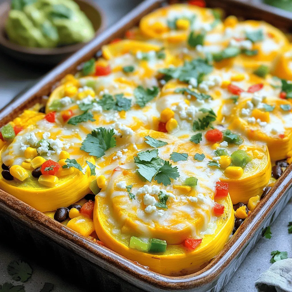 To make Tex Mex Summer Squash Casserole, you will need: - 4 medium summer squash, thinly sliced - 2 cups corn kernels (fresh or frozen) - 1 cup black beans, thoroughly drained and rinsed - 1 red bell pepper, finely diced - 1 green bell pepper, finely diced - 1 small red onion, finely diced - 2 cloves garlic, minced - 1 teaspoon ground cumin - 1 teaspoon smoked paprika - 1/2 teaspoon chili powder - 1 cup shredded sharp cheddar cheese - 1 cup crumbled queso fresco - 2 tablespoons extra virgin olive oil - Salt and freshly ground black pepper to taste - Fresh cilantro leaves, roughly chopped, for garnish Using fresh ingredients brings bright flavors and crisp textures. Fresh summer squash and bell peppers add a sweet taste. They also provide a nice crunch. Frozen corn can be handy and still delicious. It saves time and reduces waste. Just make sure you thaw it first. Summer squash is low in calories and high in nutrients. It contains vitamins A and C, which are great for your skin and eyes. The fiber in summer squash helps with digestion. It can fill you up without adding too many calories. Plus, it’s a fun way to get more veggies into your meals! Start by gathering all your ingredients. You'll need summer squash, corn, black beans, and bell peppers. Dice the red and green bell peppers and the red onion. Mince the garlic. Slice the summer squash thinly, so it cooks evenly. This step sets you up for success. Heat a large skillet over medium heat. Add the olive oil and let it warm up. Toss in the diced onion and garlic. Cook until the onion is soft and smells good, about 3-4 minutes. Then, add the sliced squash and bell peppers. Stir in cumin, paprika, and chili powder. Cook for another 5 minutes until the squash is slightly soft. Season with salt and pepper to taste. Grab a large mixing bowl. Combine the cooked vegetables with corn and black beans. Mix well. Grease a 9x13 inch casserole dish. Spread half of the veggie mix in the dish. Layer half of the sharp cheddar cheese on top. Then, add the rest of the veggie mix. Finish with the remaining cheese and crumbled queso fresco. Cover the dish with aluminum foil. Place it in your preheated oven at 375°F (190°C). Bake for 20 minutes to let the flavors combine. After 20 minutes, remove the foil. Continue baking for another 10-15 minutes until the cheese is bubbly and golden. Let the casserole rest for 5 minutes before serving. This helps the layers set nicely. Don't forget to sprinkle fresh cilantro on top right before serving. Enjoy this tasty dish! For the complete recipe, check the Full Recipe section. To bake the casserole just right, start with a preheated oven at 375°F (190°C). This ensures even cooking. Cover the dish with foil for the first 20 minutes. This helps the flavors blend well. After that, remove the foil to let the cheese brown. Bake for another 10-15 minutes until the cheese is golden. Trust me, the bubbling cheese is a sign of a tasty dish. To enhance the flavor, consider these ideas: - Fresh Herbs: Add fresh cilantro or parsley just before serving. - Spices: A pinch of cayenne can kick up the heat. - Seasoning: Don’t skip salt and black pepper; they bring life to the dish. - Sour Cream: A dollop on each serving adds creamy richness. You can easily adapt this casserole for different diets. - Gluten-Free: All the ingredients are naturally gluten-free. - Dairy-Free: Replace cheese with vegan cheese or skip it altogether. - Protein Needs: Add cooked chicken or turkey for extra protein. These swaps make sure everyone can enjoy this delicious meal. For the full recipe, check out the detailed guide! {{image_4}} You can boost your Tex Mex Summer Squash Casserole by adding proteins like chicken or turkey. Just cook the meat first, then mix it into the veggie blend. Use about 1 to 1.5 cups of cooked, shredded chicken or turkey. This addition makes the meal heartier and more filling. If you want a vegetarian version, skip the meat and use more beans. Black beans add protein and flavor. For vegan options, replace cheese with a plant-based cheese or nutritional yeast. You can also use coconut yogurt for a creamy texture. These swaps keep the dish tasty and satisfying. Cheese can change the dish's flavor. Try pepper jack cheese for a spicy kick. Or, use feta for a tangy twist. A blend of mozzarella and cheddar creates a rich, gooey texture. Don't be afraid to mix and match your favorite cheeses to find your perfect flavor. For the full recipe, check out the details above. To keep your Tex Mex Summer Squash Casserole fresh, store it in an airtight container. Make sure to let it cool to room temperature first. Place it in the fridge where it will stay good for up to four days. If you want to keep it longer, freezing is a great option. When you're ready to enjoy leftovers, the best way to reheat is in the oven. Preheat your oven to 350°F (175°C). Cover the casserole with foil to keep it moist. Bake for about 20 minutes, or until heated through. If you prefer, you can microwave individual portions for about 2-3 minutes. To freeze the casserole, wrap it tightly in plastic wrap and then in foil. This helps prevent freezer burn. It can last for up to three months in the freezer. When you want to eat it, thaw it in the fridge overnight. Then, reheat in the oven as mentioned above. Enjoy your flavorsome meal any time you wish! For the full recipe, check the link above! Yes, you can make this casserole ahead. Prepare it up to the baking step. Cover it tightly and store it in the fridge. When you're ready to bake, allow it to sit at room temp for a bit. This helps it cook evenly. Bake as directed, but add a few extra minutes to the time. This casserole pairs well with many sides. Here are some great options: - Fresh guacamole - Colorful salsa - A crisp green salad - Tortilla chips for crunch - Mexican rice for a hearty meal To spice up your casserole, try these options: - Add more chili powder or diced jalapeños - Mix in some hot sauce before baking - Use pepper jack cheese instead of cheddar - Top with sliced fresh chilies before serving Yes, you can swap corn for other veggies. Consider using: - Diced zucchini for more squash flavor - Chopped spinach for added greens - Bell peppers for extra crunch - Mushrooms for a hearty texture These changes keep the dish fresh and exciting. For the full recipe, check out the earlier section. This blog post covered all you need to know about Tex Mex Summer Squash Casserole. We explored fresh and frozen ingredients, along with their nutritional benefits. I shared step-by-step cooking and baking tips to ensure your casserole turns out perfect. You can also modify recipes to meet various dietary needs. In the end, this dish is versatile and fun. Enjoy making it your way while savoring its delicious flavors. Your kitchen is ready for a tasty new creation.