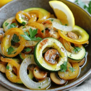 - Zucchini: You will need 2 medium zucchinis. Slice them into half-moons. This shape helps them cook evenly and hold flavor. - Mushrooms: Choose 1 cup of mushrooms. You can use button or cremini mushrooms. Slice them thin for even cooking and better texture. - Onions: Use 1 medium onion. Slice it thinly to help it cook quickly. Thin slices allow the onion to caramelize nicely. - Garlic: Garlic adds great flavor. Use 2 cloves and mince them finely. This helps release the garlic's full taste when sautéed. - Seasonings: Season with 1 teaspoon of dried thyme and 1 teaspoon of smoked paprika. Add salt and freshly ground pepper to taste. These seasonings enhance the dish's depth and warmth. - Garnish: For garnish, use fresh parsley. Finely chop it and sprinkle on top just before serving. This adds color and a fresh taste to your dish. For the full recipe, refer to the [Full Recipe]. To start, slice the zucchini into half-moons. Aim for about a quarter-inch thickness. This size helps them cook evenly. Next, take your mushrooms. I like using button or cremini. Slice them thinly so they blend well with the other veggies. For the onion, slice it thin as well. This makes it cook faster and adds flavor. Now, let's talk about garlic. Take two cloves, and use a knife to mince them finely. This ensures the garlic releases its full flavor while sautéing. Heat your extra virgin olive oil in a large skillet over medium heat. You want it warm but not smoking. This usually takes about one minute. If the oil smokes, it's too hot. It can burn the food and ruin the taste. Choosing the right skillet is key. A large, heavy-bottomed skillet works best. It helps distribute heat evenly, preventing hot spots. Now, let’s cook! First, add the onions to the skillet. Sauté them for about 2-3 minutes. They should turn translucent. This adds a sweet flavor to the mix. Next, toss in the minced garlic. Cook it for one minute, stirring often. This keeps it from burning. After the garlic is fragrant, add the sliced mushrooms. Let them cook for around 4-5 minutes. Stir occasionally until they turn golden brown. This brings out their umami flavor. Now, it's time for the zucchini! Add it along with the dried thyme and smoked paprika. Stir everything together well. Continue sautéing for another 5-7 minutes. You want the zucchini tender but still a bit crisp. Finally, season with salt and freshly ground pepper to taste. You can find all these steps in the Full Recipe. Enjoy your delicious sautéed dish! To get the best sauté, use a wide skillet. A larger surface area helps the veggies cook evenly. Heat the oil until it's hot, but not smoking. This way, your vegetables won't steam; they'll sauté nicely. Stir often to prevent burning. Don’t overcrowd the pan, or you’ll end up with mushy veggies. Common mistakes to avoid include adding cold oil and overcooking the vegetables. If the oil is cold, the veggies won't sear well. Instead, they'll release water and steam instead of sautéing. Remember, you want those lovely browned edges! To elevate your dish, consider adding fresh herbs like basil or oregano. You can also try spices like cumin or chili flakes for a kick. If you like it zesty, squeeze some lemon juice on top before serving. Adjusting seasoning is important. Taste as you go, adding salt and pepper to fit your liking. If you want a deeper flavor, try adding a splash of soy sauce or balsamic vinegar. These will give your sauté a rich taste and make it unique. For a beautiful plate, serve the sautéed veggies in a shallow dish. Drizzle a touch of extra virgin olive oil on top. Add a sprinkle of fresh parsley for a burst of color. A lemon wedge on the side adds a nice touch, too. Color and texture play a big role in how your food looks. Use bright veggies for contrast. Mix the zucchini, mushrooms, and onions in a way that shows off their shapes. A well-presented dish makes every meal feel gourmet. For the full recipe, check out Sautéed Garden Delight: Zucchini, Mushrooms & Onions. {{image_4}} You can change up the vegetables in your sautéed zucchini, mushrooms, and onions. Try bell peppers for a sweet crunch. Carrots add color and earthiness, while spinach brings a nice pop of green. For dietary swaps, use cauliflower instead of zucchini for a low-carb option. If you want a heartier dish, add chickpeas or white beans for protein. You can also use garlic scapes instead of garlic for a milder taste. Sautéing is great, but you can roast or grill these veggies too. Roasting brings out natural sweetness. Just toss the vegetables with olive oil and seasonings and bake at 400°F. Grilling adds a smoky flavor. Just place them on skewers or a grill basket. If you want something creamy, cook them in a cheesy sauce. Mix cream and cheese for a rich twist. Different cuisines inspire unique flavors. For an Italian touch, add basil and oregano. You can mix in some diced tomatoes for a fresh sauce. For an Asian twist, use soy sauce, ginger, and sesame oil. Adjusting seasoning can elevate the dish. Try red pepper flakes for heat or lemon juice for brightness. With these tips, you can make this dish fit any meal theme. For the full recipe, check out the Sautéed Garden Delight: Zucchini, Mushrooms & Onions. To store leftover sautéed zucchini, mushrooms, and onions, cool them first. Let them sit at room temperature for about 20 minutes. This cooling step helps keep them fresh. Next, transfer the veggies to an airtight container. I recommend glass containers for best results. They keep the flavors strong and the texture nice. The best way to reheat these veggies is on the stove. Use a non-stick skillet over medium heat. Add a splash of olive oil to keep them moist. Stir them often. This helps maintain their great flavor and crisp texture. You can also microwave them. If you choose this method, use a bowl with a lid. Heat them in short bursts, stirring in between. You can freeze sautéed zucchini, mushrooms, and onions, but it is not the best option. They may lose some texture. If you decide to freeze them, make sure they are completely cool. Place them in a freezer-safe bag or container. Remove as much air as possible. When ready to use, thaw them in the fridge overnight. Reheat them in a skillet for the best taste. Yes, you can use frozen zucchini or mushrooms. However, the texture may change. Frozen vegetables often lose some crispness. When you sauté them, they might become a bit mushy. For the best taste, fresh veggies work best in this dish. To avoid watery sautéed mushrooms, start by cooking them alone. Heat your pan well first. Add mushrooms in a single layer. This lets them brown nicely. Don't crowd them in the pan. If they sweat, they will not brown. Cook until they are golden brown before adding other veggies. Sautéed zucchini, mushrooms, and onions go well with many dishes. You can serve them with grilled chicken or fish. They also fit perfectly with pasta or rice. Try them as a side to steak or pork. They add great flavor and color to your plate. To add spice, you can use red pepper flakes. Sprinkle them in while cooking. You might also try adding sliced jalapeños for heat. Another option is to use a dash of hot sauce. These ideas will give your dish a nice kick. A standard serving of sautéed zucchini, mushrooms, and onions has about 100 calories. This number may change based on the oil used and portion size. It's a healthy side dish rich in vitamins and fiber. Enjoy this tasty mix guilt-free! Sautéing zucchini, mushrooms, and onions is simple and rewarding. We covered key ingredients, step-by-step cooking, and tips for flavor. Remember to choose the right vegetables and seasonings to enhance taste. Experiment with different methods and cuisines for fun variations. Proper storage helps keep leftovers fresh. Enjoy your dish next to proteins or grains. Cooking can be easy and tasty when you follow these steps. Dive in and make this dish your own!