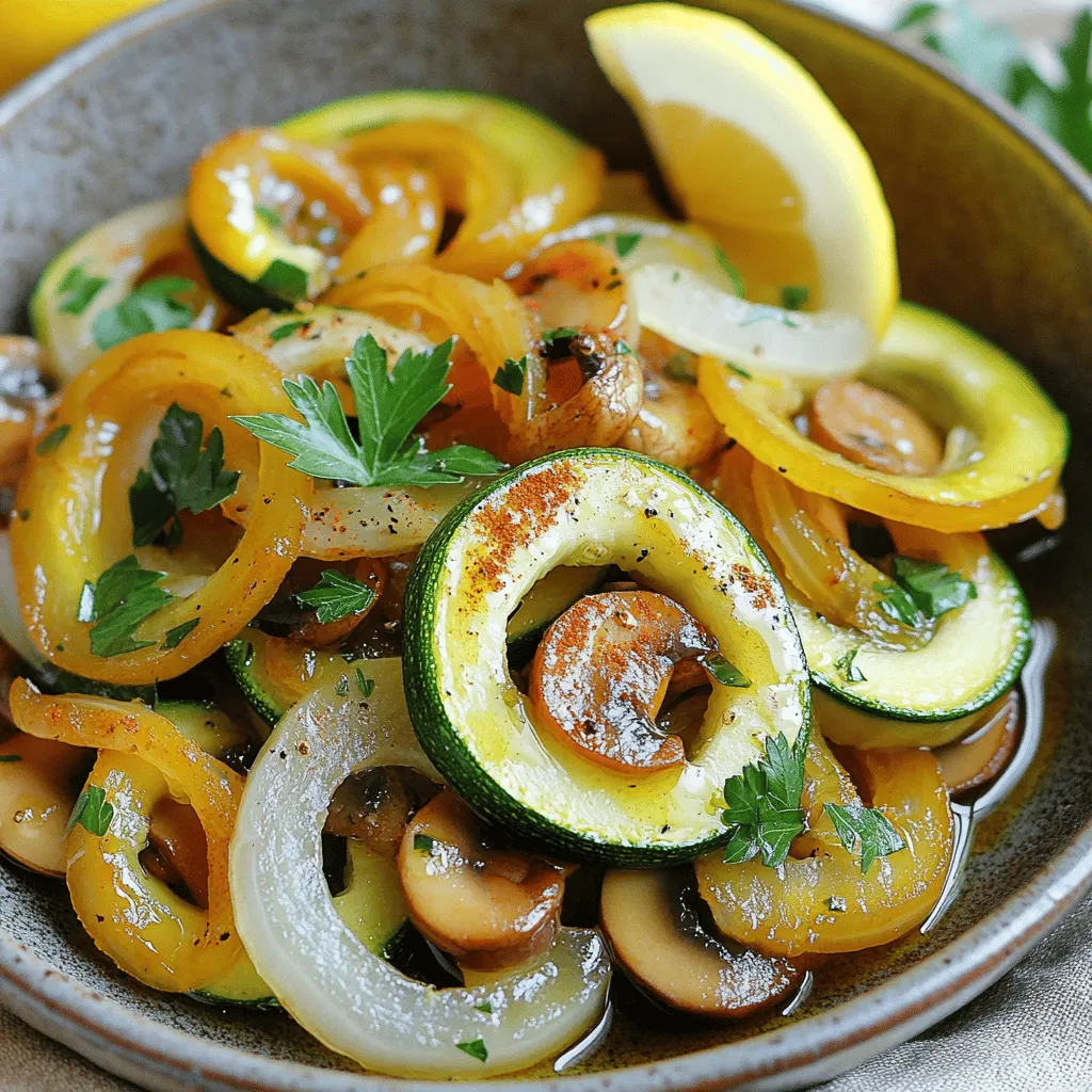 - Zucchini: You will need 2 medium zucchinis. Slice them into half-moons. This shape helps them cook evenly and hold flavor. - Mushrooms: Choose 1 cup of mushrooms. You can use button or cremini mushrooms. Slice them thin for even cooking and better texture. - Onions: Use 1 medium onion. Slice it thinly to help it cook quickly. Thin slices allow the onion to caramelize nicely. - Garlic: Garlic adds great flavor. Use 2 cloves and mince them finely. This helps release the garlic's full taste when sautéed. - Seasonings: Season with 1 teaspoon of dried thyme and 1 teaspoon of smoked paprika. Add salt and freshly ground pepper to taste. These seasonings enhance the dish's depth and warmth. - Garnish: For garnish, use fresh parsley. Finely chop it and sprinkle on top just before serving. This adds color and a fresh taste to your dish. For the full recipe, refer to the [Full Recipe]. To start, slice the zucchini into half-moons. Aim for about a quarter-inch thickness. This size helps them cook evenly. Next, take your mushrooms. I like using button or cremini. Slice them thinly so they blend well with the other veggies. For the onion, slice it thin as well. This makes it cook faster and adds flavor. Now, let's talk about garlic. Take two cloves, and use a knife to mince them finely. This ensures the garlic releases its full flavor while sautéing. Heat your extra virgin olive oil in a large skillet over medium heat. You want it warm but not smoking. This usually takes about one minute. If the oil smokes, it's too hot. It can burn the food and ruin the taste. Choosing the right skillet is key. A large, heavy-bottomed skillet works best. It helps distribute heat evenly, preventing hot spots. Now, let’s cook! First, add the onions to the skillet. Sauté them for about 2-3 minutes. They should turn translucent. This adds a sweet flavor to the mix. Next, toss in the minced garlic. Cook it for one minute, stirring often. This keeps it from burning. After the garlic is fragrant, add the sliced mushrooms. Let them cook for around 4-5 minutes. Stir occasionally until they turn golden brown. This brings out their umami flavor. Now, it's time for the zucchini! Add it along with the dried thyme and smoked paprika. Stir everything together well. Continue sautéing for another 5-7 minutes. You want the zucchini tender but still a bit crisp. Finally, season with salt and freshly ground pepper to taste. You can find all these steps in the Full Recipe. Enjoy your delicious sautéed dish! To get the best sauté, use a wide skillet. A larger surface area helps the veggies cook evenly. Heat the oil until it's hot, but not smoking. This way, your vegetables won't steam; they'll sauté nicely. Stir often to prevent burning. Don’t overcrowd the pan, or you’ll end up with mushy veggies. Common mistakes to avoid include adding cold oil and overcooking the vegetables. If the oil is cold, the veggies won't sear well. Instead, they'll release water and steam instead of sautéing. Remember, you want those lovely browned edges! To elevate your dish, consider adding fresh herbs like basil or oregano. You can also try spices like cumin or chili flakes for a kick. If you like it zesty, squeeze some lemon juice on top before serving. Adjusting seasoning is important. Taste as you go, adding salt and pepper to fit your liking. If you want a deeper flavor, try adding a splash of soy sauce or balsamic vinegar. These will give your sauté a rich taste and make it unique. For a beautiful plate, serve the sautéed veggies in a shallow dish. Drizzle a touch of extra virgin olive oil on top. Add a sprinkle of fresh parsley for a burst of color. A lemon wedge on the side adds a nice touch, too. Color and texture play a big role in how your food looks. Use bright veggies for contrast. Mix the zucchini, mushrooms, and onions in a way that shows off their shapes. A well-presented dish makes every meal feel gourmet. For the full recipe, check out Sautéed Garden Delight: Zucchini, Mushrooms & Onions. {{image_4}} You can change up the vegetables in your sautéed zucchini, mushrooms, and onions. Try bell peppers for a sweet crunch. Carrots add color and earthiness, while spinach brings a nice pop of green. For dietary swaps, use cauliflower instead of zucchini for a low-carb option. If you want a heartier dish, add chickpeas or white beans for protein. You can also use garlic scapes instead of garlic for a milder taste. Sautéing is great, but you can roast or grill these veggies too. Roasting brings out natural sweetness. Just toss the vegetables with olive oil and seasonings and bake at 400°F. Grilling adds a smoky flavor. Just place them on skewers or a grill basket. If you want something creamy, cook them in a cheesy sauce. Mix cream and cheese for a rich twist. Different cuisines inspire unique flavors. For an Italian touch, add basil and oregano. You can mix in some diced tomatoes for a fresh sauce. For an Asian twist, use soy sauce, ginger, and sesame oil. Adjusting seasoning can elevate the dish. Try red pepper flakes for heat or lemon juice for brightness. With these tips, you can make this dish fit any meal theme. For the full recipe, check out the Sautéed Garden Delight: Zucchini, Mushrooms & Onions. To store leftover sautéed zucchini, mushrooms, and onions, cool them first. Let them sit at room temperature for about 20 minutes. This cooling step helps keep them fresh. Next, transfer the veggies to an airtight container. I recommend glass containers for best results. They keep the flavors strong and the texture nice. The best way to reheat these veggies is on the stove. Use a non-stick skillet over medium heat. Add a splash of olive oil to keep them moist. Stir them often. This helps maintain their great flavor and crisp texture. You can also microwave them. If you choose this method, use a bowl with a lid. Heat them in short bursts, stirring in between. You can freeze sautéed zucchini, mushrooms, and onions, but it is not the best option. They may lose some texture. If you decide to freeze them, make sure they are completely cool. Place them in a freezer-safe bag or container. Remove as much air as possible. When ready to use, thaw them in the fridge overnight. Reheat them in a skillet for the best taste. Yes, you can use frozen zucchini or mushrooms. However, the texture may change. Frozen vegetables often lose some crispness. When you sauté them, they might become a bit mushy. For the best taste, fresh veggies work best in this dish. To avoid watery sautéed mushrooms, start by cooking them alone. Heat your pan well first. Add mushrooms in a single layer. This lets them brown nicely. Don't crowd them in the pan. If they sweat, they will not brown. Cook until they are golden brown before adding other veggies. Sautéed zucchini, mushrooms, and onions go well with many dishes. You can serve them with grilled chicken or fish. They also fit perfectly with pasta or rice. Try them as a side to steak or pork. They add great flavor and color to your plate. To add spice, you can use red pepper flakes. Sprinkle them in while cooking. You might also try adding sliced jalapeños for heat. Another option is to use a dash of hot sauce. These ideas will give your dish a nice kick. A standard serving of sautéed zucchini, mushrooms, and onions has about 100 calories. This number may change based on the oil used and portion size. It's a healthy side dish rich in vitamins and fiber. Enjoy this tasty mix guilt-free! Sautéing zucchini, mushrooms, and onions is simple and rewarding. We covered key ingredients, step-by-step cooking, and tips for flavor. Remember to choose the right vegetables and seasonings to enhance taste. Experiment with different methods and cuisines for fun variations. Proper storage helps keep leftovers fresh. Enjoy your dish next to proteins or grains. Cooking can be easy and tasty when you follow these steps. Dive in and make this dish your own!