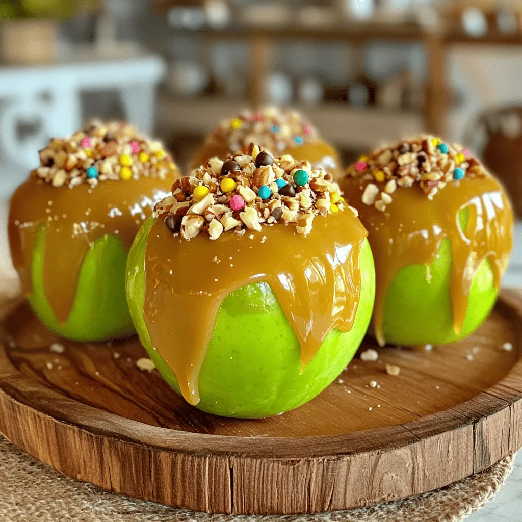 To make gourmet caramel apples, you need a few key ingredients: - 4 medium-sized Granny Smith apples - 2 cups granulated sugar - 1 cup light corn syrup - 1/2 cup unsalted butter - 1 cup sweetened condensed milk - 1 teaspoon pure vanilla extract - 1/2 teaspoon fine sea salt - 4 popsicle sticks (one for each apple) These Granny Smith apples give a nice tartness that pairs well with the sweet caramel. You can get creative with toppings to make your apples even better. Some great options include: - Crushed nuts (like pecans or walnuts) - Mini chocolate chips - Colorful sprinkles - Shredded coconut Choose toppings that you love. This adds fun flavors and textures to each bite. When picking apples, look for firm, fresh ones. They should have a nice color and no blemishes. Granny Smith apples are great for this recipe, but you can try others too. Just make sure they are crisp. For caramel, homemade is best. It tastes rich and creamy. However, you can use store-bought caramel if you’re short on time. If you do, check the label to ensure it melts well. Follow these tips for delicious results. You can find the Full Recipe above for all the steps! Start by washing the apples well. This removes any wax or dirt. After washing, dry each apple with a clean paper towel. Next, take a popsicle stick and insert it into the stem end of each apple. Push it in halfway. This helps the apple stay steady when you dip it. To make the caramel, grab a medium-sized saucepan. Combine the granulated sugar, light corn syrup, unsalted butter, and sweetened condensed milk in it. Place the saucepan over medium heat. Stir the mix constantly as it heats. You want it to come to a gentle boil. Keep stirring for about 5-7 minutes. Watch as the caramel turns a deep golden color. This means it is ready. Once it reaches that color, remove the pan from heat. Carefully stir in the vanilla extract and fine sea salt. Be cautious; the mix may bubble up a bit. Stir until everything is well combined. Now it’s time to dip. Take each prepared apple and dip it into the warm caramel sauce. Rotate the apple to cover it evenly. Let any extra caramel drip back into the pan. After that, transfer the apple to the baking sheet. While the caramel is still warm, add your favorite toppings. You can use crushed nuts, mini chocolate chips, or colorful sprinkles. Be creative with your choices! Once all the apples are coated, let them cool at room temperature for about 30 minutes. They are ready when the caramel is no longer tacky. For the full recipe, check the [Full Recipe]. To avoid burning your caramel, use a heavy-bottomed saucepan. This helps distribute heat evenly. Always stir the mixture constantly as it heats. When the caramel starts to bubble, lower the heat slightly. Keep a close eye on the color. You want a deep golden hue, not dark brown. When adding toppings, do it while the caramel is warm. The warmth helps the toppings stick better. Use your hands or a spoon to press toppings onto the caramel. Be creative! You can mix and match toppings like nuts, chocolate chips, and sprinkles. Try to cover the apple evenly for a nice look. If your caramel is too thick, add a splash of water and stir. If it’s too runny, let it cook a bit longer. If the caramel doesn’t stick to the apple, it might be too cold. Warm the apple slightly before dipping. If you have leftover caramel, pour it onto wax paper to set. You can break it into pieces later for treats. For the complete recipe, check the Full Recipe section. {{image_4}} You can mix flavors to make your caramel apples special. Try adding spices like cinnamon or nutmeg to your caramel. For a fruity twist, add orange or lemon zest. You can also infuse your caramel with coffee or espresso for a rich taste. Pairing caramel with sea salt and dark chocolate creates a sweet and salty balance. Each bite will surprise your taste buds! Seasonal toppings can make your caramel apples festive. For Halloween, use crushed Oreos for a spooky look. In fall, sprinkle pumpkin spice and chopped pecans. For winter, try white chocolate drizzle and crushed candy canes. Around Valentine's Day, add pink sprinkles or heart-shaped candies. Each season brings a chance to be creative and enjoy new flavors! If you follow a special diet, you can still enjoy caramel apples. For vegan options, use coconut cream and maple syrup instead of butter and cream. For sugar-free caramel, try using erythritol or monk fruit sweetener. These alternatives keep the sweet flavor while fitting your needs. Cooking for different diets means everyone can join in the fun of enjoying gourmet caramel apples! To store your gourmet caramel apples, place them in a cool, dry area. Use a tray lined with parchment paper or wax paper. Avoid stacking them to prevent sticking. If you have leftovers, wrap each apple in plastic wrap. This keeps them fresh and helps avoid moisture. Keep your caramel apples away from heat and sunlight. A fridge can help, but wrap them well. Use a container that allows airflow. This keeps the caramel from becoming too hard or sticky. For extra crunch, store them with a paper towel to absorb moisture. Homemade caramel apples last about 2 to 3 days at room temperature. In the fridge, they can stay fresh for up to a week. After this time, the apples may start to lose their crispness. The caramel can also become too hard if stored too long. Enjoy them while they are fresh for the best taste! To make caramel for your apples, you need a few basic ingredients. You will mix granulated sugar, light corn syrup, unsalted butter, and sweetened condensed milk. Heat them in a medium saucepan over medium heat. Stir constantly until combined. Allow the mixture to boil gently. Keep stirring until it turns a deep golden color, about 5-7 minutes. This color shows it's ready for dipping. Remove it from heat and mix in vanilla extract and sea salt. That's how you create rich, smooth caramel. Yes, you can use store-bought caramel. It saves time and is easy to use. Look for caramel candies that melt well. Simply follow the package instructions to melt the caramel. This option works well if you want a quick treat. However, homemade caramel adds a richer flavor that many prefer. To prevent caramel apples from sticking, allow them to cool on a parchment-lined baking sheet. Make sure the caramel sets for at least 30 minutes. If you plan to stack them, place a piece of wax paper between each apple. This keeps them from touching. Storing them in a cool, dry place also helps maintain their shape. Avoid humid areas to keep the caramel firm. Gourmet caramel apples are fun to make and enjoy. We covered the key ingredients and optional toppings, plus tips for the best apples and caramel. I shared step-by-step instructions for preparation and decoration. You learned tricks to prevent burning and common issues. Explore variations, seasonal toppings, and recipes to suit different diets. Finally, we looked at how to store your treats properly. Enjoy making and sharing these delicious caramel apples!